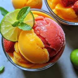 For a delightful mango strawberry sorbet, you will need these main ingredients: - 2 ripe mangoes, peeled and diced - 2 cups fresh strawberries, hulled and halved - 1/2 cup honey or maple syrup (adjust for sweetness) - 1 tablespoon fresh lime juice - 1 cup coconut water (or regular water) These fruits provide a sweet and tangy flavor. The honey or maple syrup adds a nice touch of sweetness. Lime juice gives it a refreshing zing. Coconut water keeps it light and hydrating. You can add a few optional ingredients to enhance the taste: - A pinch of salt to balance the sweetness - Fresh mint leaves for a hint of herbal flavor - A splash of vanilla extract for depth These extras can make your sorbet even more special. Try different combinations to find what you like best. If you can’t find some ingredients, don't worry! Here are some substitutions: - Use agave syrup instead of honey or maple syrup for a vegan option. - Swap coconut water for regular water or fruit juice for a different twist. - If mangoes are out of season, use frozen mango chunks instead. These alternatives can help you whip up this treat anytime. Enjoy experimenting and making it your own! For the complete recipe, check out the Full Recipe. Start by choosing ripe mangoes and fresh strawberries. Ripe mangoes should feel soft but firm. To prepare, peel the mangoes and cut them into small pieces. For the strawberries, remove the green tops and cut them in half. This helps with blending. You want about 2 cups of strawberries. Use a measuring cup for accuracy. Fresh fruit gives the best taste for your sorbet. In a blender, add the diced mangoes and halved strawberries. Then, pour in your sweetener, like honey or maple syrup. Next, add the lime juice and coconut water. Blend on high speed until the mix is smooth and creamy. You may need to stop and scrape the sides of the blender. This ensures all the fruit blends well. Taste the mixture. If it needs more sweetness, add a little more honey or syrup. Pour your blended mixture into a shallow dish or silicone ice cube tray. This helps it freeze evenly. Place the dish in the freezer for about 4 to 6 hours. Every hour, take it out and stir with a fork. This breaks up ice crystals and keeps the texture smooth. Once it is fully frozen, let it sit for a few minutes before serving. This helps soften it for easy scooping. Enjoy your homemade mango strawberry sorbet! For more details, check the Full Recipe. To make your mango strawberry sorbet sweet and tasty, use ripe fruit. Ripe mangoes and strawberries add natural sugar. Taste your blend before freezing. This way, you can adjust the sweetness. If it’s not sweet enough, add more honey or maple syrup. Keep in mind, everyone has different tastes. So, adjust based on your preference. For creamy sorbet, blend well. Make sure to break down all the fruit. Use a high-speed blender for the best results. After blending, freeze the mixture in a shallow dish. This helps it freeze evenly. Stir it every hour with a fork. This will break up ice crystals. Doing this gives you that smooth texture you want. Serve your sorbet in chilled bowls. This keeps it cool longer. For a fun touch, garnish with lime slices or mint. You can also add fresh fruit on top. Try using small mint leaves for color. This makes your dessert look fancy. Enjoy your mango strawberry sorbet with friends and family. It’s a perfect treat for warm days. For the complete recipe, check out the Full Recipe section. {{image_2}} You can make your mango strawberry sorbet even better! Add fruits like bananas, peaches, or raspberries for extra flavor. These fruits mix well with mango and strawberry. For example, bananas give a creamy texture. Raspberries add a tart kick. Just remember to keep the same amount of fruit for the best taste. Making this sorbet vegan is easy! Instead of honey, use maple syrup or agave. Both sweeteners work great. You can also use coconut water for a tropical feel. This keeps the recipe plant-based. Enjoy the same yummy taste without dairy or animal products! Want a tropical touch? Try adding pineapple or passion fruit! These fruits bring a fun twist to the sorbet. The sweet and tangy flavors balance well with mango and strawberry. You can also add a splash of coconut milk to make it creamier. This gives you a taste of the tropics in every scoop! Check out the Full Recipe for more ideas. To store leftover sorbet, place it in an airtight container. This keeps out air and moisture. Make sure to press the sorbet down to remove any gaps. Cover the top with plastic wrap for extra protection. Label the container with the date. The sorbet stays fresh for about one week. For long-term storage, freeze the sorbet in a deep, airtight container. Use a silicone mold for easy portioning. This way, you can scoop out just what you need. Always let the sorbet cool completely before sealing it. Quick freezing helps maintain the flavor and texture. Watch for changes in color or smell. If the sorbet looks icy or has a grainy texture, it may be spoiled. An off smell or taste indicates it’s time to toss it out. Always trust your senses; if it seems wrong, do not eat it. Yes, you can use frozen fruit. This works well for mango and strawberries. Just remember to let them thaw a bit before blending. This step helps in getting a smooth texture. Frozen fruit can also be sweeter. So, adjust the honey or syrup based on your taste. To reduce ice crystals, stir the mixture every hour while it freezes. This breaks up any ice that forms. You can also use a little less water or coconut water. A splash of vodka or another spirit can help too. It lowers the freezing point, leading to a creamier texture. Serve the sorbet in chilled bowls for a nice touch. You can add a slice of lime or mint on top. This adds color and freshness. Another fun idea is to scoop it into cones for a playful treat. Try pairing it with fresh fruit on the side for extra flavor. Mango strawberry sorbet can last about two weeks in the freezer. Make sure to store it in an airtight container. This prevents ice from forming on the surface. If you notice ice crystals or a change in texture, it’s best to enjoy it soon. For the full recipe, check out the steps above! Mango strawberry sorbet is easy to make and full of flavor. We covered the main ingredients and how to prepare the fruits. I shared tips for a smooth texture and creamy consistency. You can even try different fruits for a fun twist. Remember to store leftovers right and keep an eye for spoilage signs. Enjoy this refreshing treat and impress your family and friends with your sorbet skills! You’ll love every scoop of this tasty dessert.