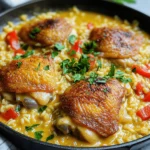 - 4 boneless, skinless chicken thighs - 1 cup long-grain rice - 2 cups chicken broth - 1 medium onion, diced - 1 red bell pepper, diced - 3 cloves garlic, minced - 1 teaspoon smoked paprika - 1 teaspoon dried thyme - ½ teaspoon cayenne pepper (adjust to taste) - 1 cup heavy cream - 2 tablespoons olive oil - Salt and pepper to taste - Chopped parsley for garnish - Large skillet - Measuring cups and spoons - Wooden spoon or spatula - Knife and cutting board Gather these ingredients before you start. Fresh, quality items make a big difference. I love using boneless, skinless chicken thighs for this dish. They stay juicy and tender. Long-grain rice works best because it cooks evenly. Onions and red bell peppers bring a nice crunch and sweetness. Garlic adds a bold flavor. The smoked paprika and thyme give warmth to the dish. You can adjust the cayenne pepper based on your taste. If you like heat, add more! Heavy cream makes everything rich and creamy. Olive oil is perfect for searing the chicken and sautéing the veggies. For tools, a large skillet is essential for cooking everything in one pot. Measuring cups and spoons help keep your portions just right. A wooden spoon or spatula will let you stir without scratching the skillet. A sharp knife and cutting board make chopping quick and easy. With these items ready, you can dive into making this comforting meal. Don't forget to check the Full Recipe for more details! - First, season the chicken thighs. Use salt, pepper, smoked paprika, and cayenne. This mix adds flavor and depth. - Next, heat olive oil in a large skillet over medium heat. Once it’s hot, sear the chicken. Cook until golden brown on both sides, about 5-6 minutes each. Remove the chicken and set it aside. - Now, add diced onion and bell pepper to the same skillet. Sauté them until they soften, which takes about 3-4 minutes. - Then, add minced garlic. This step is key since garlic brings a wonderful aroma and enhances the dish's flavor. - Stir in the long-grain rice. Toast it in the skillet for about a minute. This step adds a nutty flavor. - Next, pour in the chicken broth and add dried thyme. Stir well and bring it to a boil. - Once boiling, lower the heat and return the chicken thighs to the skillet. Cover and simmer for about 20 minutes. The rice should be tender and absorb most of the liquid. - After the rice cooks, gently fold in the heavy cream. This creates a rich and creamy texture that comforts the soul. - Let it simmer for another 5 minutes to warm through. Check the seasoning and adjust with salt and pepper if needed. - Lastly, garnish with chopped parsley before serving. This adds a nice touch and a splash of color. To get that nice golden crust on your chicken, use medium heat. This helps the chicken cook evenly without burning. Sear each side for about 5–6 minutes. Keep an eye on it, and don’t rush. A good sear makes a tasty meal. To keep your cream from curdling, add it at the end. Stir it in gently when the chicken and rice are fully cooked. You can use heavy cream or even half-and-half if you want a lighter touch. Both options work well. Pair your smothered chicken with a side salad. A fresh green salad with a light dressing works best. If you enjoy wine, a nice white wine is a great choice. Look for a Chardonnay or Sauvignon Blanc for a balanced meal. For the complete recipe, check out the Full Recipe. {{image_2}} You can switch chicken thighs for breasts in this recipe. Breasts are leaner and cook faster. If you want a vegetarian option, use firm tofu or tempeh. Both options soak up flavors well and keep the dish hearty. Adding spices can change the dish's taste. Try cayenne for heat or garlic powder for depth. You can also mix in fresh or frozen vegetables. Spinach adds color and nutrition, while mushrooms bring a nice umami flavor. If you prefer an oven-baked dish, preheat the oven to 375°F. After searing the chicken, mix everything in a baking dish and cover it with foil. Bake for 30-35 minutes until the rice is tender. For a slow cooker, place all ingredients inside and cook on low for 4-6 hours. This method gives a great depth of flavor with little effort. These variations allow you to customize your smothered chicken and rice skillet to fit your taste. For the full recipe, check the section above. To store your delicious Smothered Chicken and Rice Skillet, let it cool first. Place the dish in an airtight container. You can keep it in the fridge for up to three days. If you want to enjoy it later, freezing is a great option. To freeze the dish, first cool it completely. Then, transfer it to a freezer-safe container. Make sure to leave some space at the top, as the rice may expand. You can freeze it for up to three months. When you're ready to enjoy, move it to the fridge to thaw overnight. For reheating, the best method is using the stove. Place the skillet on low heat and stir occasionally. If the dish seems dry, add a splash of chicken broth or cream. This keeps the flavors bright and the texture creamy. You can also microwave it in a microwave-safe dish, but stir often to ensure even heating. Yes, you can use brown rice. Brown rice takes longer to cook. You will need to increase the cooking time by about 15 to 20 minutes. Use more chicken broth to ensure it cooks well. Yes, this recipe is great for meal prep! Store the dish in an airtight container. It lasts up to four days in the fridge. To reheat, use the microwave or a skillet. Add a splash of chicken broth to keep it moist. To make this dish gluten-free, use gluten-free chicken broth. Make sure your spices and seasonings are also gluten-free. You can use rice flour as a thickener, if needed. If your rice is not cooking right, check the liquid ratio. You may need more broth or water. Also, ensure your heat is low enough to simmer. If the rice is still hard, add a bit more liquid and continue cooking. This recipe offers a simple way to enjoy flavorful chicken and rice. You start by seasoning, searing, and cooking your ingredients to perfection. Remember, using fresh spices and cream makes a big difference. You can customize this dish with different proteins or spices to match your taste. Enjoy leftovers with proper storage for great meals later. With these easy steps, you’ll create a comforting dish everyone will love. Happy cooking!