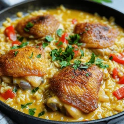 - 4 boneless, skinless chicken thighs - 1 cup long-grain rice - 2 cups chicken broth - 1 medium onion, diced - 1 red bell pepper, diced - 3 cloves garlic, minced - 1 teaspoon smoked paprika - 1 teaspoon dried thyme - ½ teaspoon cayenne pepper (adjust to taste) - 1 cup heavy cream - 2 tablespoons olive oil - Salt and pepper to taste - Chopped parsley for garnish - Large skillet - Measuring cups and spoons - Wooden spoon or spatula - Knife and cutting board Gather these ingredients before you start. Fresh, quality items make a big difference. I love using boneless, skinless chicken thighs for this dish. They stay juicy and tender. Long-grain rice works best because it cooks evenly. Onions and red bell peppers bring a nice crunch and sweetness. Garlic adds a bold flavor. The smoked paprika and thyme give warmth to the dish. You can adjust the cayenne pepper based on your taste. If you like heat, add more! Heavy cream makes everything rich and creamy. Olive oil is perfect for searing the chicken and sautéing the veggies. For tools, a large skillet is essential for cooking everything in one pot. Measuring cups and spoons help keep your portions just right. A wooden spoon or spatula will let you stir without scratching the skillet. A sharp knife and cutting board make chopping quick and easy. With these items ready, you can dive into making this comforting meal. Don't forget to check the Full Recipe for more details! - First, season the chicken thighs. Use salt, pepper, smoked paprika, and cayenne. This mix adds flavor and depth. - Next, heat olive oil in a large skillet over medium heat. Once it’s hot, sear the chicken. Cook until golden brown on both sides, about 5-6 minutes each. Remove the chicken and set it aside. - Now, add diced onion and bell pepper to the same skillet. Sauté them until they soften, which takes about 3-4 minutes. - Then, add minced garlic. This step is key since garlic brings a wonderful aroma and enhances the dish's flavor. - Stir in the long-grain rice. Toast it in the skillet for about a minute. This step adds a nutty flavor. - Next, pour in the chicken broth and add dried thyme. Stir well and bring it to a boil. - Once boiling, lower the heat and return the chicken thighs to the skillet. Cover and simmer for about 20 minutes. The rice should be tender and absorb most of the liquid. - After the rice cooks, gently fold in the heavy cream. This creates a rich and creamy texture that comforts the soul. - Let it simmer for another 5 minutes to warm through. Check the seasoning and adjust with salt and pepper if needed. - Lastly, garnish with chopped parsley before serving. This adds a nice touch and a splash of color. To get that nice golden crust on your chicken, use medium heat. This helps the chicken cook evenly without burning. Sear each side for about 5–6 minutes. Keep an eye on it, and don’t rush. A good sear makes a tasty meal. To keep your cream from curdling, add it at the end. Stir it in gently when the chicken and rice are fully cooked. You can use heavy cream or even half-and-half if you want a lighter touch. Both options work well. Pair your smothered chicken with a side salad. A fresh green salad with a light dressing works best. If you enjoy wine, a nice white wine is a great choice. Look for a Chardonnay or Sauvignon Blanc for a balanced meal. For the complete recipe, check out the Full Recipe. {{image_2}} You can switch chicken thighs for breasts in this recipe. Breasts are leaner and cook faster. If you want a vegetarian option, use firm tofu or tempeh. Both options soak up flavors well and keep the dish hearty. Adding spices can change the dish's taste. Try cayenne for heat or garlic powder for depth. You can also mix in fresh or frozen vegetables. Spinach adds color and nutrition, while mushrooms bring a nice umami flavor. If you prefer an oven-baked dish, preheat the oven to 375°F. After searing the chicken, mix everything in a baking dish and cover it with foil. Bake for 30-35 minutes until the rice is tender. For a slow cooker, place all ingredients inside and cook on low for 4-6 hours. This method gives a great depth of flavor with little effort. These variations allow you to customize your smothered chicken and rice skillet to fit your taste. For the full recipe, check the section above. To store your delicious Smothered Chicken and Rice Skillet, let it cool first. Place the dish in an airtight container. You can keep it in the fridge for up to three days. If you want to enjoy it later, freezing is a great option. To freeze the dish, first cool it completely. Then, transfer it to a freezer-safe container. Make sure to leave some space at the top, as the rice may expand. You can freeze it for up to three months. When you're ready to enjoy, move it to the fridge to thaw overnight. For reheating, the best method is using the stove. Place the skillet on low heat and stir occasionally. If the dish seems dry, add a splash of chicken broth or cream. This keeps the flavors bright and the texture creamy. You can also microwave it in a microwave-safe dish, but stir often to ensure even heating. Yes, you can use brown rice. Brown rice takes longer to cook. You will need to increase the cooking time by about 15 to 20 minutes. Use more chicken broth to ensure it cooks well. Yes, this recipe is great for meal prep! Store the dish in an airtight container. It lasts up to four days in the fridge. To reheat, use the microwave or a skillet. Add a splash of chicken broth to keep it moist. To make this dish gluten-free, use gluten-free chicken broth. Make sure your spices and seasonings are also gluten-free. You can use rice flour as a thickener, if needed. If your rice is not cooking right, check the liquid ratio. You may need more broth or water. Also, ensure your heat is low enough to simmer. If the rice is still hard, add a bit more liquid and continue cooking. This recipe offers a simple way to enjoy flavorful chicken and rice. You start by seasoning, searing, and cooking your ingredients to perfection. Remember, using fresh spices and cream makes a big difference. You can customize this dish with different proteins or spices to match your taste. Enjoy leftovers with proper storage for great meals later. With these easy steps, you’ll create a comforting dish everyone will love. Happy cooking!