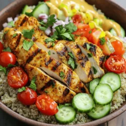 - 1 pound boneless, skinless chicken thighs - 2 cups cooked quinoa or rice - Vegetables: cherry tomatoes, cucumber, red onion, parsley - Olive oil, ground cumin, paprika, turmeric, coriander, cayenne pepper - Minced garlic, lemon zest, lemon juice, salt, and pepper - Tahini sauce, pickled vegetables When making a Chicken Shawarma Bowl, the right ingredients make all the difference. First, let’s talk about the main ingredients. You need one pound of boneless, skinless chicken thighs. This cut is juicy and tender, perfect for marinating. Pair it with two cups of cooked quinoa or rice. This base adds fiber and keeps you full. Next, fresh veggies bring color and crunch. I love using cherry tomatoes, cucumbers, red onions, and parsley. They not only add flavor but also make your bowl look beautiful. Now, let’s move on to the marinade components. This is where the magic happens! You’ll need olive oil, ground cumin, paprika, turmeric, coriander, and cayenne pepper. These spices create a warm, aromatic flavor. Minced garlic adds a punch, while lemon zest and juice brighten the dish. Don’t forget to add salt and pepper for balance. For optional toppings, tahini sauce is a must. It adds creaminess and richness. If you want to kick it up a notch, you can include pickled vegetables. They add tang and a fun texture. Gather these ingredients, and you’re ready to create a delightful Chicken Shawarma Bowl that’s full of flavor and nutrition. For the full recipe, check out the complete instructions. To start, you need to make the marinade. First, grab a bowl. Then, combine 2 tablespoons of olive oil with the spices. Use 2 teaspoons of ground cumin, 2 teaspoons of ground paprika, 1 teaspoon of ground turmeric, 1 teaspoon of ground coriander, and ½ teaspoon of cayenne pepper. You can adjust the cayenne for spice level. Add 4 cloves of minced garlic, the zest, and juice of 1 lemon. Finally, sprinkle in salt and pepper to taste. Mix it well until it is smooth. Next, take 1 pound of boneless, skinless chicken thighs. Place them in the bowl and coat them fully with the marinade. Cover the bowl and let it sit in the fridge. Marinating for at least 1 hour is best, but you can leave it overnight for more flavor. Now it's time to cook the chicken. Preheat your grill or grill pan to medium-high heat. Take the chicken out of the marinade. Grill the chicken for about 6-7 minutes on each side. You want the internal temperature to reach 165°F (75°C). This ensures your chicken is safe to eat. Once done, take it off the grill and let it rest for a few minutes. After resting, slice the chicken into thin strips. This makes it easy to layer on your bowl. As you prepare to serve, grab your bowls. Start by adding a layer of cooked quinoa or rice at the bottom. Use about 2 cups for four servings. Next, add the sliced chicken on top of the grains. Now, it's time for fresh veggies! Include halved cherry tomatoes, diced cucumber, thinly sliced red onion, and chopped parsley. These will add color and crunch. Finally, drizzle tahini sauce generously over the top. You can also add some pickled vegetables if you like a little extra zing. Enjoy your Chicken Shawarma Bowl! For the complete recipe, check the Full Recipe section. To get the best taste from your chicken, marinate it well. Combine olive oil, spices, and garlic in a bowl. Coat the chicken thighs fully and let them sit in the fridge. For the best flavor, marinate for at least one hour, but overnight is even better. It allows the spices to soak in deeply. For your tahini sauce, consider adding garlic or lemon juice. This extra zing brings out the sauce's creaminess. You could also mix in a bit of yogurt for a tangy twist. If grilling isn’t an option, you can bake or cook the chicken on the stovetop. For baking, preheat your oven to 400°F. Place the marinated chicken on a baking tray. Cook for about 20-25 minutes, flipping halfway through. Always check that the internal temperature reaches 165°F. This ensures the chicken is safe to eat. When using the stovetop, heat a skillet over medium-high heat. Cook the chicken for about 6-7 minutes on each side. This method gives a nice sear, adding flavor. Pair your chicken shawarma bowl with some tasty sides. A simple cucumber salad or roasted veggies work great. These add freshness and crunch to your meal. For garnishes, sprinkle fresh parsley or mint on top. Adding pickled vegetables can also enhance the presentation and flavor. They add a bright color and a tangy taste that complements the chicken beautifully. {{image_2}} You can easily swap chicken for beef or lamb for a richer taste. If you prefer plant-based meals, try using tofu or tempeh. These options soak up flavors well. You can marinate them just like chicken for extra zest. Simply cut the tofu into cubes. Follow the same marinade steps, then grill or pan-fry until golden. While quinoa or rice are popular, you can explore other grains. Couscous cooks quickly and adds a nice texture. Cauliflower rice is a great low-carb choice. It’s light and absorbs flavors well. If you need gluten-free options, try millet or buckwheat. They will keep your bowl filling and delicious. To give your bowl a unique twist, add spices like sumac or za'atar. They bring a bright, tangy flavor. Fresh herbs like mint or dill can also enhance your dish. Explore different dressings too! A yogurt sauce can add creaminess, while a spicy harissa will give it a kick. Mix and match to find your favorite combinations. Check out the Full Recipe to get started! To keep your chicken shawarma bowl fresh, store it in the fridge. Place the chicken and veggies in separate containers. This helps keep the flavors fresh and the textures nice. Use airtight containers to prevent any odors from other foods mixing in. For best taste, eat the leftovers within three days. You can freeze chicken shawarma components for later use. First, let the chicken cool completely. Then, wrap it tightly in plastic wrap. Place it in a freezer-safe bag. You can also freeze the quinoa or rice. When ready to eat, thaw the chicken overnight in the fridge. For rice or quinoa, simply reheat in the microwave. To reheat your chicken shawarma bowl, use the microwave or an oven. If using a microwave, place the chicken in a bowl and cover it. Heat in short bursts, checking often. For the oven, preheat to 350°F (175°C). Place the chicken in a dish, cover with foil, and heat for about 15 minutes. Ensure the chicken reaches an internal temp of 165°F (75°C) for safety. A Chicken Shawarma Bowl is a tasty meal full of flavor. It features marinated chicken, often grilled to perfection. The dish usually has a base of quinoa or rice. You can add fresh veggies, like tomatoes, cucumbers, and onions. A drizzle of tahini sauce ties it all together. Each bite is a mix of spices and fresh ingredients. You can find the full recipe to make this amazing bowl at home. Yes, you can swap out chicken for other meats. Beef, lamb, or turkey work well too. For a plant-based option, try tofu or tempeh. Each meat brings its own flavor to the bowl. Just adjust the cooking time based on the meat you choose. This flexibility lets you enjoy shawarma bowls your way. To make your Chicken Shawarma Bowl healthier, choose lean cuts of meat. You can also use brown rice or quinoa for extra fiber. Add more veggies like spinach or bell peppers to boost nutrition. Use less tahini sauce or a yogurt dressing instead. These small changes keep the meal tasty and light. Many restaurants offer Chicken Shawarma Bowls. Look for Middle Eastern or Mediterranean places nearby. Food trucks often have great shawarma options too. Check local listings or apps to find the best spots. You might even find new favorites in your area. This blog post showed how to make a delicious chicken shawarma bowl. You learned about the main ingredients, marinade, and step-by-step cooking. We discussed tips to enhance flavor, variations, and storage methods. In the end, this dish is versatile and easy to customize. You can enjoy it fresh or save leftovers for later. Experiment with spices and ingredients to make it your own. Start creating your tasty chicken shawarma bowl today!