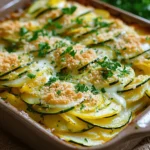 - 3 medium zucchinis, thinly sliced - 3 medium potatoes, thinly sliced - 1 medium onion, finely chopped - 2 cloves garlic, minced Zucchini adds a fresh texture. Potatoes bring heartiness. Onion gives sweet depth. Garlic adds flavor to every bite. - 1 cup shredded cheese (cheddar or blend) - 1 cup heavy cream - ¼ cup breadcrumbs (for topping) Cheese creates a rich, creamy layer. Heavy cream binds all the ingredients. Breadcrumbs provide a crunchy topping that contrasts nicely. - 1 teaspoon dried thyme - 1 teaspoon salt - ½ teaspoon black pepper - 2 tablespoons olive oil Thyme offers an earthy taste. Salt enhances all the flavors. Black pepper adds a little kick. Olive oil helps with roasting and adds a nice sheen. This recipe is a true blend of flavors. Each ingredient plays a part in creating a dish you will love. For the full recipe, check the details above. - Preheat the oven to 375°F (190°C). - In a large bowl, combine: - 3 medium zucchinis, thinly sliced - 3 medium potatoes, thinly sliced - 1 medium onion, finely chopped - 2 cloves garlic, minced - 1 teaspoon dried thyme - 1 teaspoon salt - ½ teaspoon black pepper Toss everything until mixed well. - Start with the first layer of veggies. Add half of the zucchini and potato mix to your greased 9x13-inch dish. - Pour half of the cream mixture over the veggies. This mixture is made with: - 1 cup heavy cream - 1 cup shredded cheese (cheddar or a blend) Whisk these together in a separate bowl before pouring. - Repeat with the remaining vegetables and cream. Finish with leftover shredded cheese on top. - Cover the casserole with foil. - Bake for 30 minutes. - After that, remove the foil and bake for an extra 15-20 minutes. This helps the top get golden and crispy. - Once done, let it cool for a few minutes. Garnish with fresh parsley before serving. This full recipe makes a comforting and flavorful dish that you will love! To make the best zucchini potato casserole, slice your veggies evenly. This helps them cook at the same rate. You can use different cheeses like mozzarella or gouda for a new flavor twist. Try adding spices like paprika or basil to change the taste. Each twist makes the dish unique and fun. When serving, sprinkle fresh parsley on top. This adds color and freshness. You can serve it with a green salad or some crusty bread. These side dishes enhance the meal. If you have leftovers, store them in an airtight container in the fridge. They will last for three to four days. If you make a larger casserole, increase the baking time by 10 to 15 minutes. This ensures all the layers cook well. If you live at a higher altitude, your cooking time may vary too. Always start checking for doneness a bit earlier. The casserole is ready when the top is golden and the veggies are tender. {{image_2}} You can boost your casserole with more veggies. Here are some ideas: - Additional root vegetables: Carrots and parsnips work great. Slice them thin like your potatoes. - Other squash types: Yellow squash adds a nice color and flavor. Use them in place of some zucchini. - Leafy greens options: Spinach or kale can sneak in some nutrients. Just chop them and add with the other veggies. Making this dish fit your needs is easy. Consider these swaps: - Gluten-free adjustments: Use gluten-free breadcrumbs. They will give you that nice top crunch. - Vegan alternatives: Swap out the cheese for a plant-based version and use almond milk instead of cream. - Low-carb substitutes: Try cauliflower instead of potatoes. It’s a great way to cut carbs while keeping the taste. Add layers of flavor to make this dish even better: - Adding meats: Cooked bacon or sausage can elevate the dish. Just crumble it and mix it in. - Incorporating fresh herbs: Basil or oregano adds a fresh taste. Chop them and sprinkle on top before serving. - Using flavored creams: Try garlic or herb-infused cream. It adds a twist to the classic flavor. These variations keep your Zucchini Potato Casserole fresh and exciting. You can explore different tastes each time you make it. For the complete recipe, check the [Full Recipe]. To keep your Zucchini Potato Casserole fresh, store it in the fridge. Use an airtight container. It can last up to four days. For long-term storage, you can freeze it. Wrap the casserole tightly in plastic wrap and foil. It will stay good for three months in the freezer. When reheating, use the oven for the best taste. Preheat your oven to 350°F (175°C). Place the casserole in a covered dish. Heat it for about 20 minutes. If you're in a rush, use the microwave. Just heat it in short bursts. Check every 30 seconds to avoid overcooking. To keep the texture nice, add a splash of cream or water before reheating. This helps maintain moisture. How long does it last in the fridge? If stored properly, your casserole lasts about four days in the fridge. Always check for signs of spoilage before eating. What are the signs it's gone bad? Look for off smells, discoloration, or a slimy texture. If any of these appear, it's best to discard it. Enjoy your delicious Zucchini Potato Casserole while it's fresh! You should bake the casserole for about 45 to 50 minutes. Cover it with foil for the first 30 minutes. Then, take off the foil and bake for an extra 15 to 20 minutes. This helps the top turn golden brown. Yes, you can prepare the casserole a day ahead. Assemble it in the dish and cover it tightly. Store it in the fridge. When ready to bake, just add a few extra minutes to the cooking time. This dish pairs well with a fresh salad or crusty bread. You can also serve it with grilled chicken or fish. For a light meal, add steamed veggies on the side. No, peeling the potatoes is not necessary. The skin adds flavor and nutrients. Just wash them well and slice them thin. It keeps the dish colorful and rustic. Yes, you can use frozen vegetables. However, thaw them first and drain excess water. This helps the casserole stay from being too watery. Fresh veggies will give a better texture, though. Cheddar cheese works great, but feel free to mix it up. You can try a blend of mozzarella and gouda for a creamy taste. Experiment with your favorites to find the perfect flavor for your casserole. In this post, we explored making a delicious zucchini potato casserole. We covered key ingredients, like cheese and spices, along with step-by-step baking instructions. I shared tips on perfecting your dish and ways to modify it for different diets. You learned how to store leftovers and reheat them effectively. This casserole is flexible and easy to tweak. Enjoy experimenting with new veggies and flavors. I hope you make this dish soon and love it as much as I do!
