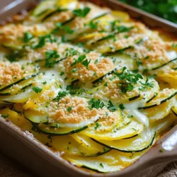 - 3 medium zucchinis, thinly sliced - 3 medium potatoes, thinly sliced - 1 medium onion, finely chopped - 2 cloves garlic, minced Zucchini adds a fresh texture. Potatoes bring heartiness. Onion gives sweet depth. Garlic adds flavor to every bite. - 1 cup shredded cheese (cheddar or blend) - 1 cup heavy cream - 1/4 cup breadcrumbs (for topping) Cheese creates a rich, creamy layer. Heavy cream binds all the ingredients. Breadcrumbs provide a crunchy topping that contrasts nicely. - 1 teaspoon dried thyme - 1 teaspoon salt - 1/2 teaspoon black pepper - 2 tablespoons olive oil Thyme offers an earthy taste. Salt enhances all the flavors. Black pepper adds a little kick. Olive oil helps with roasting and adds a nice sheen. This recipe is a true blend of flavors. Each ingredient plays a part in creating a dish you will love. For the full recipe, check the details above. - Preheat the oven to 375°F (190°C). - In a large bowl, combine: - 3 medium zucchinis, thinly sliced - 3 medium potatoes, thinly sliced - 1 medium onion, finely chopped - 2 cloves garlic, minced - 1 teaspoon dried thyme - 1 teaspoon salt - 1/2 teaspoon black pepper Toss everything until mixed well. - Start with the first layer of veggies. Add half of the zucchini and potato mix to your greased 9x13-inch dish. - Pour half of the cream mixture over the veggies. This mixture is made with: - 1 cup heavy cream - 1 cup shredded cheese (cheddar or a blend) Whisk these together in a separate bowl before pouring. - Repeat with the remaining vegetables and cream. Finish with leftover shredded cheese on top. - Cover the casserole with foil. - Bake for 30 minutes. - After that, remove the foil and bake for an extra 15-20 minutes. This helps the top get golden and crispy. - Once done, let it cool for a few minutes. Garnish with fresh parsley before serving. This full recipe makes a comforting and flavorful dish that you will love! To make the best zucchini potato casserole, slice your veggies evenly. This helps them cook at the same rate. You can use different cheeses like mozzarella or gouda for a new flavor twist. Try adding spices like paprika or basil to change the taste. Each twist makes the dish unique and fun. When serving, sprinkle fresh parsley on top. This adds color and freshness. You can serve it with a green salad or some crusty bread. These side dishes enhance the meal. If you have leftovers, store them in an airtight container in the fridge. They will last for three to four days. If you make a larger casserole, increase the baking time by 10 to 15 minutes. This ensures all the layers cook well. If you live at a higher altitude, your cooking time may vary too. Always start checking for doneness a bit earlier. The casserole is ready when the top is golden and the veggies are tender. {{image_2}} You can boost your casserole with more veggies. Here are some ideas: - Additional root vegetables: Carrots and parsnips work great. Slice them thin like your potatoes. - Other squash types: Yellow squash adds a nice color and flavor. Use them in place of some zucchini. - Leafy greens options: Spinach or kale can sneak in some nutrients. Just chop them and add with the other veggies. Making this dish fit your needs is easy. Consider these swaps: - Gluten-free adjustments: Use gluten-free breadcrumbs. They will give you that nice top crunch. - Vegan alternatives: Swap out the cheese for a plant-based version and use almond milk instead of cream. - Low-carb substitutes: Try cauliflower instead of potatoes. It’s a great way to cut carbs while keeping the taste. Add layers of flavor to make this dish even better: - Adding meats: Cooked bacon or sausage can elevate the dish. Just crumble it and mix it in. - Incorporating fresh herbs: Basil or oregano adds a fresh taste. Chop them and sprinkle on top before serving. - Using flavored creams: Try garlic or herb-infused cream. It adds a twist to the classic flavor. These variations keep your Zucchini Potato Casserole fresh and exciting. You can explore different tastes each time you make it. For the complete recipe, check the [Full Recipe]. To keep your Zucchini Potato Casserole fresh, store it in the fridge. Use an airtight container. It can last up to four days. For long-term storage, you can freeze it. Wrap the casserole tightly in plastic wrap and foil. It will stay good for three months in the freezer. When reheating, use the oven for the best taste. Preheat your oven to 350°F (175°C). Place the casserole in a covered dish. Heat it for about 20 minutes. If you're in a rush, use the microwave. Just heat it in short bursts. Check every 30 seconds to avoid overcooking. To keep the texture nice, add a splash of cream or water before reheating. This helps maintain moisture. How long does it last in the fridge? If stored properly, your casserole lasts about four days in the fridge. Always check for signs of spoilage before eating. What are the signs it's gone bad? Look for off smells, discoloration, or a slimy texture. If any of these appear, it's best to discard it. Enjoy your delicious Zucchini Potato Casserole while it's fresh! You should bake the casserole for about 45 to 50 minutes. Cover it with foil for the first 30 minutes. Then, take off the foil and bake for an extra 15 to 20 minutes. This helps the top turn golden brown. Yes, you can prepare the casserole a day ahead. Assemble it in the dish and cover it tightly. Store it in the fridge. When ready to bake, just add a few extra minutes to the cooking time. This dish pairs well with a fresh salad or crusty bread. You can also serve it with grilled chicken or fish. For a light meal, add steamed veggies on the side. No, peeling the potatoes is not necessary. The skin adds flavor and nutrients. Just wash them well and slice them thin. It keeps the dish colorful and rustic. Yes, you can use frozen vegetables. However, thaw them first and drain excess water. This helps the casserole stay from being too watery. Fresh veggies will give a better texture, though. Cheddar cheese works great, but feel free to mix it up. You can try a blend of mozzarella and gouda for a creamy taste. Experiment with your favorites to find the perfect flavor for your casserole. In this post, we explored making a delicious zucchini potato casserole. We covered key ingredients, like cheese and spices, along with step-by-step baking instructions. I shared tips on perfecting your dish and ways to modify it for different diets. You learned how to store leftovers and reheat them effectively. This casserole is flexible and easy to tweak. Enjoy experimenting with new veggies and flavors. I hope you make this dish soon and love it as much as I do!
