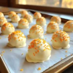 - 1 cup crushed graham crackers - 1 cup cream cheese, softened - ½ cup powdered sugar - Zest of 1 orange - ¼ cup fresh orange juice - 1 teaspoon vanilla extract - 1 cup white chocolate chips, melted - Orange sprinkles (for garnish) To make No-Bake Orange Creamsicle Truffles, you'll need a few key ingredients. First, the crushed graham crackers give the truffles a nice base and texture. Cream cheese is next, adding creaminess that balances the sweetness. The powdered sugar sweetens the mix, while the zest and juice from the orange bring in that bright, citrus flavor. Vanilla extract adds depth, and melted white chocolate provides a sweet outer layer. Don't forget the orange sprinkles for a fun look! The combination of these ingredients creates a treat that is both tasty and visually appealing. These truffles are simple to prepare. Just gather all the ingredients and follow the steps in the [Full Recipe]. You will love how easy these are to make! - In a large bowl, combine: - 1 cup crushed graham crackers - 1 cup cream cheese, softened - ½ cup powdered sugar - Zest of 1 orange - ¼ cup fresh orange juice - 1 teaspoon vanilla extract Mix these until you get a smooth dough. It should feel soft but not sticky. Use your hands to form small balls, about 1 inch in size. Place those on a lined baking sheet. This part is super fun, and you can even get kids involved! Next, chill the truffles in the fridge for about 30 minutes. This helps them firm up nicely. While they chill, melt 1 cup of white chocolate chips. Heat them in a microwave-safe bowl in 30-second bursts, stirring in between. You want it smooth and shiny. Once the truffles are stiff, take them out. Dip each one into the melted white chocolate, ensuring they are fully coated. Place them back on the lined sheet and sprinkle orange sprinkles on top while the chocolate is still warm. This adds a fun pop of color and zest! Put the tray back in the fridge for an extra 15 minutes. This time allows the chocolate to harden properly. When they are cold and set, they are ready to serve. Enjoy your No-Bake Orange Creamsicle Truffles as a delightful treat! For the full recipe, check out the details above. To make great No-Bake Orange Creamsicle Truffles, your mixture must have the right feel. If it is too sticky, add more crushed graham crackers, about a tablespoon at a time. Mix it until the dough holds together but feels smooth. Chilling is key! Place the truffles in the fridge for 30 minutes. This helps firm them up, making them easier to coat in chocolate. Achieving a smooth chocolate coat is easy if you follow a few steps. First, melt the white chocolate carefully. Use a microwave in 30-second bursts, stirring well in between. This way, you will avoid burning the chocolate. When you dip each truffle, ensure it is fully covered. If you see clumps of chocolate, gently tap the truffle against the side of the bowl to let excess chocolate drip off. Want to take your truffles to the next level? Consider adding a few drops of almond extract. It adds a nice depth to the flavor. You can also try mixing in some finely chopped nuts or shredded coconut for extra texture. These small tweaks can make your truffles even more special. For the full recipe, check out the instructions above! {{image_2}} You can switch up the flavor by using dark or milk chocolate instead of white. This change adds a rich taste. If you want to get creative, consider using fun toppings. Sprinkles, crushed nuts, or even shredded coconut can make your truffles pop. The choice is yours. Want to mix it up? Try using other citrus fruits like lemon or lime. These fruits add a zesty twist to your truffles. You can also add nuts or shredded coconut for a nice crunch. These additions can enhance the texture and flavor greatly. If you're looking for a healthier choice, you can swap cream cheese for Greek yogurt. This change reduces fat while keeping a creamy texture. Lower sugar options are also available. Consider using natural sweeteners like honey or maple syrup. These swaps keep your truffles delicious but a bit lighter. You can find the full recipe online for more ideas. To keep your No-Bake Orange Creamsicle Truffles fresh, store them in an airtight container. This helps keep the moisture in and stops them from drying out. Place a piece of parchment paper between layers if you stack them. It prevents sticking and keeps them nice and smooth. Always store them in the fridge. This helps them stay firm and tasty. You can freeze these truffles for later. To do this, place them in a single layer on a baking sheet and freeze until firm. Then, transfer them to an airtight container or a freezer bag. This way, they won't stick together. When you're ready to eat them, just take out the number you want. Let them thaw in the fridge for a few hours. This keeps the texture nice and prevents melting. In the fridge, these truffles last about a week. If you freeze them, they can last up to three months. Just remember to keep them in the right container! This helps you enjoy your No-Bake Orange Creamsicle Truffles at a later date. Yes, you can use low-fat cream cheese. However, this change may affect the texture and flavor. Low-fat cream cheese is softer and less creamy. Your truffles might not hold their shape as well. They could also lack some richness. If you choose this option, chill the mixture longer before forming the balls. Adjusting sweetness is easy. You can add or reduce powdered sugar in the recipe. If you want it sweeter, add more sugar, one tablespoon at a time. Taste the mixture after each addition. If it's too sweet for you, add a bit more cream cheese to balance it out. Yes, these truffles are great for making ahead. You can prepare them a day or two in advance. Just keep them stored in the fridge. When you are ready to serve, you can dip them in chocolate and add sprinkles. This makes them perfect for parties or gatherings. If you want to change the flavor, you have options. Try using lemon or lime juice for a tart twist. You can also use almond extract for a nutty flavor. Coconut gives a tropical vibe too. Feel free to be creative and mix flavors to find your favorite! These No-Bake Orange Creamsicle Truffles are easy to make and fun to enjoy. We covered all the ingredients needed, preparation steps, and tips to make them perfect. You can customize flavors and coatings to fit your taste. Plus, storing them is simple. Remember, with a few tweaks, these truffles can be a hit at any gathering. Don't hesitate to experiment and find your favorite version. Enjoy making and sharing these delightful treats!