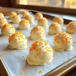 - 1 cup crushed graham crackers - 1 cup cream cheese, softened - 1/2 cup powdered sugar - Zest of 1 orange - 1/4 cup fresh orange juice - 1 teaspoon vanilla extract - 1 cup white chocolate chips, melted - Orange sprinkles (for garnish) To make No-Bake Orange Creamsicle Truffles, you'll need a few key ingredients. First, the crushed graham crackers give the truffles a nice base and texture. Cream cheese is next, adding creaminess that balances the sweetness. The powdered sugar sweetens the mix, while the zest and juice from the orange bring in that bright, citrus flavor. Vanilla extract adds depth, and melted white chocolate provides a sweet outer layer. Don't forget the orange sprinkles for a fun look! The combination of these ingredients creates a treat that is both tasty and visually appealing. These truffles are simple to prepare. Just gather all the ingredients and follow the steps in the [Full Recipe]. You will love how easy these are to make! - In a large bowl, combine: - 1 cup crushed graham crackers - 1 cup cream cheese, softened - 1/2 cup powdered sugar - Zest of 1 orange - 1/4 cup fresh orange juice - 1 teaspoon vanilla extract Mix these until you get a smooth dough. It should feel soft but not sticky. Use your hands to form small balls, about 1 inch in size. Place those on a lined baking sheet. This part is super fun, and you can even get kids involved! Next, chill the truffles in the fridge for about 30 minutes. This helps them firm up nicely. While they chill, melt 1 cup of white chocolate chips. Heat them in a microwave-safe bowl in 30-second bursts, stirring in between. You want it smooth and shiny. Once the truffles are stiff, take them out. Dip each one into the melted white chocolate, ensuring they are fully coated. Place them back on the lined sheet and sprinkle orange sprinkles on top while the chocolate is still warm. This adds a fun pop of color and zest! Put the tray back in the fridge for an extra 15 minutes. This time allows the chocolate to harden properly. When they are cold and set, they are ready to serve. Enjoy your No-Bake Orange Creamsicle Truffles as a delightful treat! For the full recipe, check out the details above. To make great No-Bake Orange Creamsicle Truffles, your mixture must have the right feel. If it is too sticky, add more crushed graham crackers, about a tablespoon at a time. Mix it until the dough holds together but feels smooth. Chilling is key! Place the truffles in the fridge for 30 minutes. This helps firm them up, making them easier to coat in chocolate. Achieving a smooth chocolate coat is easy if you follow a few steps. First, melt the white chocolate carefully. Use a microwave in 30-second bursts, stirring well in between. This way, you will avoid burning the chocolate. When you dip each truffle, ensure it is fully covered. If you see clumps of chocolate, gently tap the truffle against the side of the bowl to let excess chocolate drip off. Want to take your truffles to the next level? Consider adding a few drops of almond extract. It adds a nice depth to the flavor. You can also try mixing in some finely chopped nuts or shredded coconut for extra texture. These small tweaks can make your truffles even more special. For the full recipe, check out the instructions above! {{image_2}} You can switch up the flavor by using dark or milk chocolate instead of white. This change adds a rich taste. If you want to get creative, consider using fun toppings. Sprinkles, crushed nuts, or even shredded coconut can make your truffles pop. The choice is yours. Want to mix it up? Try using other citrus fruits like lemon or lime. These fruits add a zesty twist to your truffles. You can also add nuts or shredded coconut for a nice crunch. These additions can enhance the texture and flavor greatly. If you're looking for a healthier choice, you can swap cream cheese for Greek yogurt. This change reduces fat while keeping a creamy texture. Lower sugar options are also available. Consider using natural sweeteners like honey or maple syrup. These swaps keep your truffles delicious but a bit lighter. You can find the full recipe online for more ideas. To keep your No-Bake Orange Creamsicle Truffles fresh, store them in an airtight container. This helps keep the moisture in and stops them from drying out. Place a piece of parchment paper between layers if you stack them. It prevents sticking and keeps them nice and smooth. Always store them in the fridge. This helps them stay firm and tasty. You can freeze these truffles for later. To do this, place them in a single layer on a baking sheet and freeze until firm. Then, transfer them to an airtight container or a freezer bag. This way, they won't stick together. When you're ready to eat them, just take out the number you want. Let them thaw in the fridge for a few hours. This keeps the texture nice and prevents melting. In the fridge, these truffles last about a week. If you freeze them, they can last up to three months. Just remember to keep them in the right container! This helps you enjoy your No-Bake Orange Creamsicle Truffles at a later date. Yes, you can use low-fat cream cheese. However, this change may affect the texture and flavor. Low-fat cream cheese is softer and less creamy. Your truffles might not hold their shape as well. They could also lack some richness. If you choose this option, chill the mixture longer before forming the balls. Adjusting sweetness is easy. You can add or reduce powdered sugar in the recipe. If you want it sweeter, add more sugar, one tablespoon at a time. Taste the mixture after each addition. If it's too sweet for you, add a bit more cream cheese to balance it out. Yes, these truffles are great for making ahead. You can prepare them a day or two in advance. Just keep them stored in the fridge. When you are ready to serve, you can dip them in chocolate and add sprinkles. This makes them perfect for parties or gatherings. If you want to change the flavor, you have options. Try using lemon or lime juice for a tart twist. You can also use almond extract for a nutty flavor. Coconut gives a tropical vibe too. Feel free to be creative and mix flavors to find your favorite! These No-Bake Orange Creamsicle Truffles are easy to make and fun to enjoy. We covered all the ingredients needed, preparation steps, and tips to make them perfect. You can customize flavors and coatings to fit your taste. Plus, storing them is simple. Remember, with a few tweaks, these truffles can be a hit at any gathering. Don't hesitate to experiment and find your favorite version. Enjoy making and sharing these delightful treats!