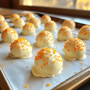 - 1 cup crushed graham crackers - 1 cup cream cheese, softened - 1/2 cup powdered sugar - Zest of 1 orange - 1/4 cup fresh orange juice - 1 teaspoon vanilla extract - 1 cup white chocolate chips, melted - Orange sprinkles (for garnish) To make No-Bake Orange Creamsicle Truffles, you'll need a few key ingredients. First, the crushed graham crackers give the truffles a nice base and texture. Cream cheese is next, adding creaminess that balances the sweetness. The powdered sugar sweetens the mix, while the zest and juice from the orange bring in that bright, citrus flavor. Vanilla extract adds depth, and melted white chocolate provides a sweet outer layer. Don't forget the orange sprinkles for a fun look! The combination of these ingredients creates a treat that is both tasty and visually appealing. These truffles are simple to prepare. Just gather all the ingredients and follow the steps in the [Full Recipe]. You will love how easy these are to make! - In a large bowl, combine: - 1 cup crushed graham crackers - 1 cup cream cheese, softened - 1/2 cup powdered sugar - Zest of 1 orange - 1/4 cup fresh orange juice - 1 teaspoon vanilla extract Mix these until you get a smooth dough. It should feel soft but not sticky. Use your hands to form small balls, about 1 inch in size. Place those on a lined baking sheet. This part is super fun, and you can even get kids involved! Next, chill the truffles in the fridge for about 30 minutes. This helps them firm up nicely. While they chill, melt 1 cup of white chocolate chips. Heat them in a microwave-safe bowl in 30-second bursts, stirring in between. You want it smooth and shiny. Once the truffles are stiff, take them out. Dip each one into the melted white chocolate, ensuring they are fully coated. Place them back on the lined sheet and sprinkle orange sprinkles on top while the chocolate is still warm. This adds a fun pop of color and zest! Put the tray back in the fridge for an extra 15 minutes. This time allows the chocolate to harden properly. When they are cold and set, they are ready to serve. Enjoy your No-Bake Orange Creamsicle Truffles as a delightful treat! For the full recipe, check out the details above. To make great No-Bake Orange Creamsicle Truffles, your mixture must have the right feel. If it is too sticky, add more crushed graham crackers, about a tablespoon at a time. Mix it until the dough holds together but feels smooth. Chilling is key! Place the truffles in the fridge for 30 minutes. This helps firm them up, making them easier to coat in chocolate. Achieving a smooth chocolate coat is easy if you follow a few steps. First, melt the white chocolate carefully. Use a microwave in 30-second bursts, stirring well in between. This way, you will avoid burning the chocolate. When you dip each truffle, ensure it is fully covered. If you see clumps of chocolate, gently tap the truffle against the side of the bowl to let excess chocolate drip off. Want to take your truffles to the next level? Consider adding a few drops of almond extract. It adds a nice depth to the flavor. You can also try mixing in some finely chopped nuts or shredded coconut for extra texture. These small tweaks can make your truffles even more special. For the full recipe, check out the instructions above! {{image_2}} You can switch up the flavor by using dark or milk chocolate instead of white. This change adds a rich taste. If you want to get creative, consider using fun toppings. Sprinkles, crushed nuts, or even shredded coconut can make your truffles pop. The choice is yours. Want to mix it up? Try using other citrus fruits like lemon or lime. These fruits add a zesty twist to your truffles. You can also add nuts or shredded coconut for a nice crunch. These additions can enhance the texture and flavor greatly. If you're looking for a healthier choice, you can swap cream cheese for Greek yogurt. This change reduces fat while keeping a creamy texture. Lower sugar options are also available. Consider using natural sweeteners like honey or maple syrup. These swaps keep your truffles delicious but a bit lighter. You can find the full recipe online for more ideas. To keep your No-Bake Orange Creamsicle Truffles fresh, store them in an airtight container. This helps keep the moisture in and stops them from drying out. Place a piece of parchment paper between layers if you stack them. It prevents sticking and keeps them nice and smooth. Always store them in the fridge. This helps them stay firm and tasty. You can freeze these truffles for later. To do this, place them in a single layer on a baking sheet and freeze until firm. Then, transfer them to an airtight container or a freezer bag. This way, they won't stick together. When you're ready to eat them, just take out the number you want. Let them thaw in the fridge for a few hours. This keeps the texture nice and prevents melting. In the fridge, these truffles last about a week. If you freeze them, they can last up to three months. Just remember to keep them in the right container! This helps you enjoy your No-Bake Orange Creamsicle Truffles at a later date. Yes, you can use low-fat cream cheese. However, this change may affect the texture and flavor. Low-fat cream cheese is softer and less creamy. Your truffles might not hold their shape as well. They could also lack some richness. If you choose this option, chill the mixture longer before forming the balls. Adjusting sweetness is easy. You can add or reduce powdered sugar in the recipe. If you want it sweeter, add more sugar, one tablespoon at a time. Taste the mixture after each addition. If it's too sweet for you, add a bit more cream cheese to balance it out. Yes, these truffles are great for making ahead. You can prepare them a day or two in advance. Just keep them stored in the fridge. When you are ready to serve, you can dip them in chocolate and add sprinkles. This makes them perfect for parties or gatherings. If you want to change the flavor, you have options. Try using lemon or lime juice for a tart twist. You can also use almond extract for a nutty flavor. Coconut gives a tropical vibe too. Feel free to be creative and mix flavors to find your favorite! These No-Bake Orange Creamsicle Truffles are easy to make and fun to enjoy. We covered all the ingredients needed, preparation steps, and tips to make them perfect. You can customize flavors and coatings to fit your taste. Plus, storing them is simple. Remember, with a few tweaks, these truffles can be a hit at any gathering. Don't hesitate to experiment and find your favorite version. Enjoy making and sharing these delightful treats!