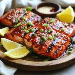 - 4 salmon fillets (6 oz each) - 1/4 cup red miso paste - 1/4 cup fresh cherries, pitted and pureed (or cherry preserves) - 2 tablespoons honey - 1 tablespoon soy sauce - 1 teaspoon sesame oil - 1 tablespoon fresh ginger, grated - 1 tablespoon green onions, finely chopped (for garnish) - Sesame seeds (for garnish) - Salt and pepper to taste - Lemon wedges (for serving) To create the best Miso Cherry Glazed Grilled Salmon, gather these fresh ingredients. The salmon fillets should be firm and bright. Red miso paste gives a deep flavor that pairs well with cherries. You can use fresh cherries or cherry preserves for a sweet touch. Honey adds sweetness, while soy sauce brings umami. Sesame oil gives a nutty taste, and ginger adds warmth. You can garnish with green onions and sesame seeds for a lovely finish. Lemon wedges add a bright touch when serving. This recipe is simple yet packed with flavor. For the full recipe, check out the detailed cooking instructions above. To make the miso cherry glaze, start with a medium bowl. Add the red miso paste, cherry puree or preserves, honey, soy sauce, sesame oil, and grated ginger. Whisk these ingredients together until they form a smooth mixture. Aim for a consistency that’s thick but pourable. If it seems too thick, add a teaspoon of water to loosen it up. This glaze brings a sweet and savory punch to the salmon. Next, take your salmon fillets and place them in a shallow dish. Season each fillet with salt and pepper. Pour most of the miso cherry glaze over the salmon. Make sure each piece is well-coated. Cover the dish and place it in the fridge. It’s best to marinate the salmon for at least 30 minutes. For even better flavor, try to let it sit for 1 to 2 hours. This step allows the flavors to soak into the fish. Now, it's time to grill! Preheat your grill to medium-high heat. If you use a grill pan, lightly oil it to prevent sticking. Once the grill is hot, take the salmon out of the marinade. Let the excess glaze drip off. Place the fillets on the grill skin-side down. Grill for about 5 to 6 minutes without moving them. Then, gently flip the salmon and grill for another 4 to 5 minutes. You know it’s done when the fish flakes easily with a fork. For a nice touch, brush some of the reserved glaze on top during the last minute of cooking. This method gives you juicy, flavorful salmon with a beautiful glaze. Enjoy the process and the delicious results! For full details, check out the Full Recipe. To grill salmon perfectly, keep the grill at medium-high heat. This heat cooks the fish evenly. I suggest aiming for around 375°F to 400°F. This range helps create a nice sear while keeping the inside moist. To avoid sticking, oil the grill grates. You can use a paper towel dipped in oil and rub it on the grates. If you’re using a grill pan, lightly oil it too. This simple step helps the salmon slide off easily. To boost flavor, think about adding citrus zest to the glaze. Lemon or lime zest can brighten the taste. You can also mix in a splash of rice vinegar for a tangy kick. If you want to customize the glaze, consider adding minced garlic for depth or even a pinch of chili flakes for heat. These add-ins can elevate the dish and make it unique. For an attractive plate, use a clean white dish to make the colors pop. Place the salmon in the center, and drizzle the reserved glaze over it. For garnishing, sprinkle finely chopped green onions and sesame seeds on top. This adds color and crunch. You can also serve lemon wedges on the side for a fresh touch. Remember, the visual appeal of the dish is just as important as the taste! {{image_2}} If you can't find red miso paste, try white miso. It has a milder taste but still offers umami flavor. For cherries, you can use frozen cherries or even apricot preserves for a sweet twist. If you follow a vegan diet, swap honey with maple syrup. This can give you a similar sweetness without the animal product. Grilling is fantastic, but not the only option. You can bake the salmon at 375°F for about 15-20 minutes. Just place the salmon on a lined baking sheet and brush it with the glaze. Broiling is another choice. It cooks faster, so watch it closely—around 7-10 minutes should do the trick. If you prefer pan-searing, heat some oil in a skillet and cook the salmon for about 5 minutes on each side. Adjust the glaze amount based on your cooking method. There are many ways to mix up the glaze. Try using peaches or mango for a fruity twist. You can also add spices like chili flakes for some heat. For a regional flair, incorporate miso with local fruits like persimmons or pomegranates. Each option adds a unique taste to your dish. For the full recipe, check out the complete guide! To keep your grilled salmon fresh, use airtight containers. Glass or plastic containers work well. Allow the salmon to cool before placing it in the container. Store it in the refrigerator for up to three days. If you want to keep it longer, freeze the salmon. In the freezer, it will last for about three months. Make sure to wrap it tightly in plastic wrap or foil before placing it in a freezer bag. When reheating grilled salmon, low and slow is the best way. Preheat your oven to 275°F (135°C). Place the salmon on a baking sheet and cover it with foil. Heat for about 15 minutes, or until warm. This keeps the salmon moist and tasty. You can also use a microwave, but be careful. Microwave it on a low setting for short bursts. This method may dry out the fish if you are not careful. Enjoy your flavorful salmon just like it was fresh from the grill! For the complete recipe, check the Full Recipe. To check if salmon is cooked, look for a few signs. The flesh should turn from a bright pink to a pale pink color. You can also use a fork to see if it flakes easily. This means it is done. Another way is to use a meat thermometer. Insert it into the thickest part of the salmon. The internal temperature should reach 145°F. If you prefer, you can also press the salmon gently with a spatula. If it feels firm and springs back, it is cooked just right. Yes, you can use frozen salmon for this recipe. Just remember to thaw it first. The best way to thaw salmon is in the fridge overnight. If you're in a hurry, you can place it in a sealed bag and submerge it in cold water for about an hour. Keep in mind that frozen salmon may have a slightly different texture. However, it can still taste amazing when grilled with the miso cherry glaze. To boost the miso flavor in your dish, try adding more miso paste to the glaze. Start with a small amount and taste as you go. This way, you can find the right balance. You can also add a splash of rice vinegar for some tang. It complements the sweetness of the cherries. Another great addition is a dash of chili paste for a spicy kick. To complement the cherry glaze, think about adding sesame seeds or crushed nuts. They add a nice crunch and flavor contrast. You can also serve the salmon with a side of steamed vegetables. This will round out the meal and enhance the overall taste. For the complete recipe, check the Full Recipe above. In this post, we explored the key ingredients and steps to make grilled salmon with a miso cherry glaze. You learned how to mix the glaze, marinate the salmon, and grill it to perfection. I shared tips for enhancing flavor, along with creative variations and storage advice. Remember to experiment with ingredients and cooking methods to find your favorite style. Enjoy making this dish and impressing your friends and family with your newfound skills! Grilled salmon will always be a tasty and healthy option for your meals.