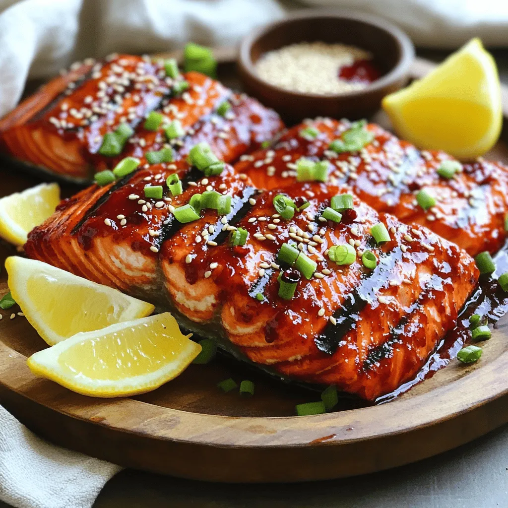 - 4 salmon fillets (6 oz each) - ¼ cup red miso paste - ¼ cup fresh cherries, pitted and pureed (or cherry preserves) - 2 tablespoons honey - 1 tablespoon soy sauce - 1 teaspoon sesame oil - 1 tablespoon fresh ginger, grated - 1 tablespoon green onions, finely chopped (for garnish) - Sesame seeds (for garnish) - Salt and pepper to taste - Lemon wedges (for serving) To create the best Miso Cherry Glazed Grilled Salmon, gather these fresh ingredients. The salmon fillets should be firm and bright. Red miso paste gives a deep flavor that pairs well with cherries. You can use fresh cherries or cherry preserves for a sweet touch. Honey adds sweetness, while soy sauce brings umami. Sesame oil gives a nutty taste, and ginger adds warmth. You can garnish with green onions and sesame seeds for a lovely finish. Lemon wedges add a bright touch when serving. This recipe is simple yet packed with flavor. For the full recipe, check out the detailed cooking instructions above. To make the miso cherry glaze, start with a medium bowl. Add the red miso paste, cherry puree or preserves, honey, soy sauce, sesame oil, and grated ginger. Whisk these ingredients together until they form a smooth mixture. Aim for a consistency that’s thick but pourable. If it seems too thick, add a teaspoon of water to loosen it up. This glaze brings a sweet and savory punch to the salmon. Next, take your salmon fillets and place them in a shallow dish. Season each fillet with salt and pepper. Pour most of the miso cherry glaze over the salmon. Make sure each piece is well-coated. Cover the dish and place it in the fridge. It’s best to marinate the salmon for at least 30 minutes. For even better flavor, try to let it sit for 1 to 2 hours. This step allows the flavors to soak into the fish. Now, it's time to grill! Preheat your grill to medium-high heat. If you use a grill pan, lightly oil it to prevent sticking. Once the grill is hot, take the salmon out of the marinade. Let the excess glaze drip off. Place the fillets on the grill skin-side down. Grill for about 5 to 6 minutes without moving them. Then, gently flip the salmon and grill for another 4 to 5 minutes. You know it’s done when the fish flakes easily with a fork. For a nice touch, brush some of the reserved glaze on top during the last minute of cooking. This method gives you juicy, flavorful salmon with a beautiful glaze. Enjoy the process and the delicious results! For full details, check out the Full Recipe. To grill salmon perfectly, keep the grill at medium-high heat. This heat cooks the fish evenly. I suggest aiming for around 375°F to 400°F. This range helps create a nice sear while keeping the inside moist. To avoid sticking, oil the grill grates. You can use a paper towel dipped in oil and rub it on the grates. If you’re using a grill pan, lightly oil it too. This simple step helps the salmon slide off easily. To boost flavor, think about adding citrus zest to the glaze. Lemon or lime zest can brighten the taste. You can also mix in a splash of rice vinegar for a tangy kick. If you want to customize the glaze, consider adding minced garlic for depth or even a pinch of chili flakes for heat. These add-ins can elevate the dish and make it unique. For an attractive plate, use a clean white dish to make the colors pop. Place the salmon in the center, and drizzle the reserved glaze over it. For garnishing, sprinkle finely chopped green onions and sesame seeds on top. This adds color and crunch. You can also serve lemon wedges on the side for a fresh touch. Remember, the visual appeal of the dish is just as important as the taste! {{image_2}} If you can't find red miso paste, try white miso. It has a milder taste but still offers umami flavor. For cherries, you can use frozen cherries or even apricot preserves for a sweet twist. If you follow a vegan diet, swap honey with maple syrup. This can give you a similar sweetness without the animal product. Grilling is fantastic, but not the only option. You can bake the salmon at 375°F for about 15-20 minutes. Just place the salmon on a lined baking sheet and brush it with the glaze. Broiling is another choice. It cooks faster, so watch it closely—around 7-10 minutes should do the trick. If you prefer pan-searing, heat some oil in a skillet and cook the salmon for about 5 minutes on each side. Adjust the glaze amount based on your cooking method. There are many ways to mix up the glaze. Try using peaches or mango for a fruity twist. You can also add spices like chili flakes for some heat. For a regional flair, incorporate miso with local fruits like persimmons or pomegranates. Each option adds a unique taste to your dish. For the full recipe, check out the complete guide! To keep your grilled salmon fresh, use airtight containers. Glass or plastic containers work well. Allow the salmon to cool before placing it in the container. Store it in the refrigerator for up to three days. If you want to keep it longer, freeze the salmon. In the freezer, it will last for about three months. Make sure to wrap it tightly in plastic wrap or foil before placing it in a freezer bag. When reheating grilled salmon, low and slow is the best way. Preheat your oven to 275°F (135°C). Place the salmon on a baking sheet and cover it with foil. Heat for about 15 minutes, or until warm. This keeps the salmon moist and tasty. You can also use a microwave, but be careful. Microwave it on a low setting for short bursts. This method may dry out the fish if you are not careful. Enjoy your flavorful salmon just like it was fresh from the grill! For the complete recipe, check the Full Recipe. To check if salmon is cooked, look for a few signs. The flesh should turn from a bright pink to a pale pink color. You can also use a fork to see if it flakes easily. This means it is done. Another way is to use a meat thermometer. Insert it into the thickest part of the salmon. The internal temperature should reach 145°F. If you prefer, you can also press the salmon gently with a spatula. If it feels firm and springs back, it is cooked just right. Yes, you can use frozen salmon for this recipe. Just remember to thaw it first. The best way to thaw salmon is in the fridge overnight. If you're in a hurry, you can place it in a sealed bag and submerge it in cold water for about an hour. Keep in mind that frozen salmon may have a slightly different texture. However, it can still taste amazing when grilled with the miso cherry glaze. To boost the miso flavor in your dish, try adding more miso paste to the glaze. Start with a small amount and taste as you go. This way, you can find the right balance. You can also add a splash of rice vinegar for some tang. It complements the sweetness of the cherries. Another great addition is a dash of chili paste for a spicy kick. To complement the cherry glaze, think about adding sesame seeds or crushed nuts. They add a nice crunch and flavor contrast. You can also serve the salmon with a side of steamed vegetables. This will round out the meal and enhance the overall taste. For the complete recipe, check the Full Recipe above. In this post, we explored the key ingredients and steps to make grilled salmon with a miso cherry glaze. You learned how to mix the glaze, marinate the salmon, and grill it to perfection. I shared tips for enhancing flavor, along with creative variations and storage advice. Remember to experiment with ingredients and cooking methods to find your favorite style. Enjoy making this dish and impressing your friends and family with your newfound skills! Grilled salmon will always be a tasty and healthy option for your meals.