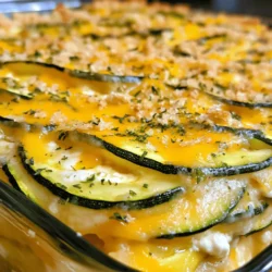 - 4 medium zucchinis, thinly sliced - 1 cup shredded cheddar cheese - 1 cup ricotta cheese - 1/2 cup grated Parmesan cheese - 1 medium onion, finely chopped - 3 cloves garlic, minced - 2 large eggs - 1 teaspoon dried oregano - 1/2 teaspoon crushed red pepper flakes - Salt and pepper to taste - 1 cup breadcrumbs - 2 tablespoons olive oil In this Cheesy Zucchini Casserole, the main stars are the zucchinis. Their fresh taste shines through. The cheeses add a rich, creamy layer. I love to use cheddar for its sharpness, and ricotta for creaminess. Parmesan gives a nice salty kick. Next, we have the onion and garlic. They add depth and warmth to the dish. I always chop the onion finely for even cooking. The garlic should be minced to release its full flavor. Eggs bind everything together, making the casserole firm yet fluffy. For added flavor, I sometimes add red pepper flakes. They give a slight heat, but this is optional. You can adjust salt and pepper to fit your taste. Breadcrumbs create a crunchy topping, and the olive oil keeps them golden brown. If you're looking for a twist, feel free to switch some ingredients. You can explore different cheeses or add fresh herbs. This recipe is versatile and fun to customize. You can find the full recipe in the earlier section. - Preheat the oven to 375°F (190°C). - Grease a 9x13 inch baking dish. I love the smell of a warm kitchen. First, preheating the oven makes everything cozy. Greasing the dish helps the casserole come out easily. - Heat olive oil in a skillet over medium heat. - Sauté chopped onion until translucent, about 5 minutes. - Add minced garlic and cook until fragrant. Next, I heat olive oil in a skillet. The oil helps cook the onions. I add the chopped onion and stir it until it turns clear. This takes about five minutes. Then, I throw in the minced garlic. It cooks for a minute and fills the kitchen with a lovely scent. - Combine sliced zucchinis, cooked onion and garlic, cheeses, eggs, oregano, salt, and pepper in a bowl. - Mix well and pour the mixture into the prepared baking dish. - Top with olive-oil-coated breadcrumbs. Now comes the fun part! I take a big bowl and add the sliced zucchinis. Next, I mix in the cooked onion and garlic. I also add the cheeses, eggs, oregano, salt, and pepper. Once it’s all in, I mix well. Then, I pour everything into the greased dish. Finally, I sprinkle olive-oil-coated breadcrumbs on top. This gives a nice crunch. - Bake for 30-35 minutes until golden brown. - Let the casserole cool for about 10 minutes before serving. I place the dish in the oven. It bakes for 30 to 35 minutes. The top gets golden brown, and the kitchen smells amazing! After baking, I let it cool for about 10 minutes. This helps the flavors settle before we dig in. - Sprinkle fresh herbs like parsley or basil for garnish. - Use different cheese combinations for varied flavors. These small changes can boost your dish. Fresh herbs add a bright taste and a nice look. You can mix cheeses like mozzarella or goat cheese to change the flavor. Each cheese offers something unique. Try different blends to find your favorite. - For a crunchier top, broil for the last 2-3 minutes. - Adjust breadcrumbs for desired crispiness. Broiling gives the casserole a delightful crunch. Just watch it closely; it can burn fast! For the breadcrumbs, you can use more or less based on your taste. More crumbs mean a crunchier bite, while fewer crumbs give a softer top. - Increase or decrease cooking time based on zucchini thickness. - Ensure the casserole is cooked until zucchini is tender. Thicker zucchini slices need more time in the oven. Keep an eye on it and test with a fork. You want the zucchini soft but not mushy. Adjusting the cooking time helps you get the perfect texture every time. For the Full Recipe, check out the complete guide to making this tasty dish! {{image_2}} You can make your Cheesy Zucchini Casserole even better by adding more veggies. Try bell peppers for some crunch. They can add color and taste. Mushrooms are another great choice. They give a rich flavor that pairs well with zucchini. If you want a twist, swap zucchini for summer squash. It’s just as tasty and adds a different look. If you need a gluten-free option, use gluten-free breadcrumbs. They work just as well in the dish. For a vegan version, substitute with plant-based cheeses. This keeps the creamy texture while making it dairy-free. Both choices allow everyone to enjoy this dish. To boost the flavor, add some Italian seasoning. This gives the casserole a nice herbal taste. If you like heat, diced jalapeños are a fun addition. They bring a spicy kick that many will love. Adjust the spice based on your taste. You can make this dish fit any palate. For the full recipe, check the link above. Store leftovers in an airtight container in the fridge for up to 3 days. This keeps the casserole fresh and tasty. You can enjoy it for lunch or dinner later in the week. Just remember to let it cool before sealing. You can freeze the unbaked casserole for up to 2 months. This is a great option if you want to prepare ahead. To bake, thaw it overnight in the fridge. It will be ready to bake the next day! To reheat, put the casserole in the oven at 350°F until heated through. This method helps maintain the texture. If you're in a hurry, use the microwave. Just know that the texture may change a bit. Enjoy your cheesy goodness! You can prepare the casserole and refrigerate it before baking. Just bake it before serving. This makes it easy for busy days. Fresh zucchini is preferred for best flavor and texture. However, thawed frozen zucchini can work in a pinch. Just be sure to drain excess water after thawing. I love to pair it with a mixed green salad or crusty bread. This adds freshness and makes it a complete meal. Leftovers can be stored in the refrigerator for up to 3 days. I suggest keeping them in an airtight container for best freshness. Yes! This casserole freezes well and is great for meal prep or leftovers. You can make a big batch and enjoy it later. This blog post covered a tasty Cheesy Zucchini Casserole recipe. We explored key ingredients, detailed easy steps, and shared tips for extra flavor. You can make it your own with variations and storage tips. Consider adding herbs or spices to find your favorite taste. This dish is simple, fun, and great for meal prep. Enjoy this delicious casserole with friends and family anytime!