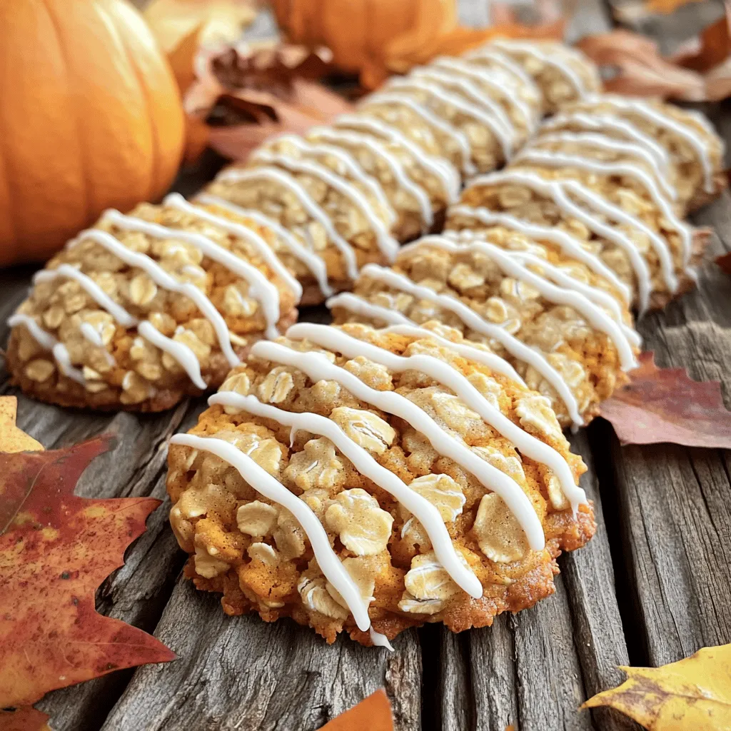 For these tasty cookies, you will need: - 1 cup canned pumpkin puree - ½ cup brown sugar - ¼ cup granulated sugar - ½ cup unsalted butter, softened - 1 large egg - 1 teaspoon vanilla extract - 1 ½ cups rolled oats - 1 cup all-purpose flour - 1 teaspoon baking soda - 1 teaspoon baking powder - 1 teaspoon ground cinnamon - ½ teaspoon nutmeg - ½ teaspoon ginger - ¼ teaspoon salt These ingredients mix well to create a soft, chewy texture. To make the sweet icing, gather: - 1 cup powdered sugar - 2 tablespoons milk - ¼ teaspoon vanilla extract This icing adds a nice touch of sweetness and a lovely shine. You might not have all the ingredients. Here are some swaps: - Use coconut oil instead of butter. - Swap brown sugar for white sugar if needed. - You can use gluten-free flour for a gluten-free option. - Applesauce can replace the egg for a vegan twist. These options help you adapt the recipe to what you have at home. For the full recipe, check out the details above. Start by preheating your oven to 350°F (175°C). Line a baking sheet with parchment paper. In a large bowl, cream the softened butter, brown sugar, and granulated sugar. Mix until it feels light and fluffy. This step makes your cookies soft. Next, add the canned pumpkin puree, one egg, and vanilla extract. Stir until everything is smooth and combined. In another bowl, whisk together rolled oats, all-purpose flour, baking soda, baking powder, cinnamon, nutmeg, ginger, and salt. Mix them well. Now, slowly add the dry mixture to the wet mixture. Stir just until everything is combined. Don’t overmix; this keeps the cookies tender. Use a cookie scoop or spoon to drop tablespoon-sized amounts of dough onto the baking sheet. Make sure to leave space between each cookie, so they have room to spread. Place the baking sheet in the preheated oven. Bake for 12 to 15 minutes. Look for light golden edges and set centers. If the cookies look too soft, give them a minute more. They will harden as they cool. Once baked, take them out and let them cool for a few minutes on the baking sheet. Then, transfer them to a wire rack to cool completely. While the cookies cool, prepare the icing. In a small bowl, whisk together the powdered sugar, milk, and vanilla extract. Mix until it is smooth and drizzle-able. If it feels too thick, add a bit more milk. Once your cookies are cool, drizzle the icing over the top. This adds a sweet touch to your pumpkin and oatmeal cookies. For the full recipe, refer to the earlier section. Enjoy these treats! To make your cookies soft and chewy, use the right amount of pumpkin. Too much can make them too wet. For best results, measure your pumpkin puree carefully. Also, avoid overmixing the dough. Mix until just combined to keep the cookies light. For a little crunch, try adding rolled oats. They add a nice texture that pairs well with the pumpkin flavor. Store your cookies in an airtight container. This keeps them fresh for days. If you want to save some for later, freeze them. Just wrap each cookie in plastic wrap before placing them in a freezer bag. They can last up to three months in the freezer. When ready to eat, let them thaw at room temperature. These cookies shine with a drizzle of icing. Serve them warm or at room temperature. Pair them with a warm cup of tea or coffee. You can also add a scoop of vanilla ice cream on top for a special treat. For a festive touch, sprinkle some cinnamon on the icing. This adds extra flavor and makes them look beautiful. Enjoy making these delightful cookies with the full recipe! {{image_2}} You can make your cookies even tastier by adding chocolate chips or nuts. I love using semi-sweet chocolate chips. Just mix in about 1 cup when you combine your dry ingredients. If you prefer nuts, try walnuts or pecans. Chop them into small pieces. Add about ½ cup to the dough. This gives the cookies a nice crunch and rich flavor. If you need gluten-free cookies, use gluten-free flour. Substitute the all-purpose flour with a cup of your favorite gluten-free blend. You can also use almond flour, but it may change the texture slightly. Make sure your oats are certified gluten-free as well. This way, you can enjoy these cookies without worry. You can spice up your cookies to match your taste. Add more cinnamon for warmth. If you like a kick, try adding a pinch of cayenne pepper. For a sweeter touch, mix in some allspice or cardamom. Experiment with different spices to find your perfect blend. Each change can create a unique flavor that keeps you coming back for more. For the full recipe, check out the recipe details earlier in the article. You can store these cookies at room temperature. Place them in an airtight container. They stay fresh for up to five days. Keep them away from direct sunlight or heat. This helps maintain their soft texture and flavor. For longer storage, you can refrigerate these cookies. They will last about a week in the fridge. If you want to save them longer, freeze the cookies. Wrap each one in plastic wrap. Place them in a freezer-safe bag. They can last up to three months in the freezer. To enjoy, just thaw them at room temperature or heat them in the oven. Reheating cookies is easy. Preheat your oven to 300°F (150°C). Place the cookies on a baking sheet. Heat them for about 5 to 10 minutes. This warms them up and keeps them soft. You can also use a microwave. Heat for about 10-15 seconds. Enjoy your warm cookies with icing again! For a complete guide, check out the Full Recipe. Yes, you can use fresh pumpkin. Just make sure to cook and puree it first. Fresh pumpkin adds a nice flavor. You should drain any excess water to keep the cookies from getting too wet. This can help your cookies stay soft and chewy. These cookies can stay fresh for about five days at room temperature. Keep them in an airtight container. If you want them to last longer, refrigerate them for up to a week. You can also freeze them for up to three months. Just thaw them before you eat. The best way to decorate these cookies is with icing. Drizzle the icing over the cooled cookies for a nice look. Use a spoon or a piping bag for better control. You can also sprinkle some cinnamon or chopped nuts on top for added flair. This makes each cookie unique and fun! For the full recipe, check the section above. In this post, we explored how to make delicious pumpkin and oatmeal cookies. We discussed key ingredients, simple steps for baking, and tips to get the best texture. You learned about tasty variations and the best ways to store your cookies. Remember, using fresh pumpkin can add flavor, and serving them warm enhances the taste. Try these ideas and enjoy your baking adventure. You'll impress your friends and family with these treats!