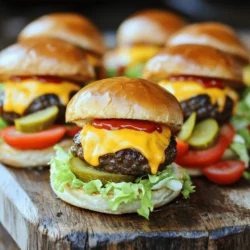 To make the best cheeseburger sliders, you need some key ingredients. Here’s what you need: - 1 lb ground beef (80/20) - 1 tsp garlic powder - 1 tsp onion powder - 1 tsp smoked paprika - Salt and pepper to taste - 12 slider buns - 6 slices of cheddar cheese, halved These ingredients create a tasty base for your sliders. The ground beef gives the sliders their rich flavor. Garlic powder, onion powder, and smoked paprika add depth. You can customize your sliders with fun toppings. Here are some great options: - 1 cup shredded lettuce - 1 cup diced tomatoes - 1/2 cup dill pickles, sliced - Ketchup and mustard for serving Feel free to mix and match. Add crispy bacon, jalapeños, or avocado for extra flavor! Each topping adds its own twist. Pair your sliders with sides that complement them well. Here are my favorites: - French fries - Sweet potato fries - Onion rings - Coleslaw These sides are easy to make and pair perfectly. They also add crunch and color to your meal. For the full recipe, check out the earlier section. Enjoy your cooking! Start with a large bowl. Add 1 pound of ground beef to the bowl. Use beef that is 80% lean and 20% fat for the best flavor. Next, sprinkle in 1 teaspoon of garlic powder, 1 teaspoon of onion powder, and 1 teaspoon of smoked paprika. Add salt and pepper to taste. Mix everything together gently. Be careful not to overwork the meat. You want tender patties, not tough ones. When it's mixed, you are ready for the next step. Now, divide the beef mixture into 12 equal parts. Each part should be about the size of your palm. Shape each part into a small patty. Make the patties slightly larger than the slider buns. This helps them fit perfectly after cooking. Heat your grill or skillet to medium-high. Cook the patties for about 3-4 minutes on one side. Then flip them and cook for another 2 minutes. When the patties are nearly done, place half a slice of cheddar cheese on each one. Cover the grill or skillet to melt the cheese for about a minute. While the patties cook, lightly toast the slider buns. This adds a nice crunch. Once the patties are ready, place a cheesy patty on the bottom half of each bun. Top with shredded lettuce, diced tomatoes, and sliced pickles. Drizzle ketchup and mustard on top. Finally, add the top bun. Your sliders are now ready to serve! Enjoy them warm, and feel free to keep extra toppings nearby for fun! To make juicy sliders, use ground beef with a fat content of 80/20. This ratio keeps the meat moist. Do not overmix the beef when you combine it with seasonings. Form each patty gently and make a small indent in the center. This helps the patties cook evenly and stay flat. Grilling gives sliders a nice smoky flavor. Heat the grill to medium-high and cook the patties for 3-4 minutes on one side. Flip and cook for another 2 minutes. If you use a skillet, preheat it over medium-high heat. Cook the patties the same way. The skillet can give you a great sear. To melt cheese perfectly on your sliders, place a half-slice of cheddar on each patty. Cover the pan with a lid to trap the heat. This will melt the cheese in about a minute. For extra flavor, try different cheeses like Swiss or pepper jack. Enjoy experimenting with these tips to make your cheeseburger sliders shine! For the complete recipe, check the Full Recipe section. {{image_2}} You can elevate cheeseburger sliders with gourmet ingredients. Try using grass-fed beef or Wagyu for a richer flavor. Add toppings like caramelized onions or truffle aioli for a fancy touch. You can also swap cheddar for a sharp blue cheese or creamy goat cheese. Each of these choices adds depth and excitement to your sliders. Vegetarian or vegan sliders can be just as tasty. Use black beans, lentils, or chickpeas as a base. Mix in spices like cumin and chili powder for flavor. Use a plant-based cheese to keep it vegan. Portobello mushrooms make great patties, too. Grill them for a smoky taste. These options fit any diet while still being delicious. Get creative with flavors in your sliders. Try a BBQ bacon cheeseburger slider with smoky sauce and crispy bacon pieces. A Mediterranean twist can include feta cheese, olives, and tzatziki sauce. For a spicy kick, add jalapeños and pepper jack cheese. Pineapple and teriyaki sauce create a fun Hawaiian slider. Experiment and find your favorite combinations! To keep your leftover sliders fresh, place them in an airtight container. This helps avoid drying out. Make sure to separate each slider with parchment paper. This way, they don’t stick together. Store them in the fridge for up to three days. If you plan to keep them longer, consider freezing. To reheat sliders, use your oven for the best flavor. Preheat your oven to 350°F (175°C). Place sliders on a baking sheet and cover them with foil. Heat for about 10-15 minutes. This keeps the bread soft and the meat warm. If you're in a hurry, a microwave works too. Just heat for 30 seconds and check. Add more time if needed. Freezing cheeseburger sliders is easy. First, let them cool completely. Then, wrap each slider in plastic wrap. After that, place them in a freezer bag. Remove as much air as possible before sealing. You can freeze them for up to three months. When ready to enjoy, thaw them in the fridge overnight and reheat. For a fun twist, try adding new toppings after reheating. Enjoy your sliders whenever you want with these simple steps! The best meat ratio for cheeseburgers is 80/20. This means 80% lean meat and 20% fat. The fat adds flavor and moisture. Leaner meat can dry out during cooking. A good mix helps keep sliders juicy and tasty. Yes, you can make cheeseburger sliders ahead of time. Prepare the patties and store them in the fridge. You can also cook them and store in an airtight container. Just reheat them when you are ready to serve. This saves you time during busy days. Cheddar cheese is a classic choice for sliders. It melts well and adds rich flavor. Other great options include American cheese and Swiss cheese. You can also try pepper jack for a little heat. Experiment with different cheeses to find your favorite. To find delicious cheeseburger sliders nearby, check local restaurants and food trucks. Many pubs and diners serve sliders. Online apps can help you search for sliders in your area. You can also ask friends for their favorite spots. Enjoy exploring different flavors! This blog covered how to make delicious cheeseburger sliders. You learned about essential ingredients, optional toppings, and sides to serve. The step-by-step guide helped you prepare, cook, and assemble your sliders. I shared tips for juicy sliders and melting cheese just right. We explored variations, including gourmet and vegetarian options. Finally, we discussed storage and reheating tips for leftovers. Enjoy crafting these tasty sliders at your next gathering or meal!