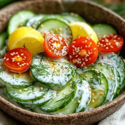 - 2 large cucumbers, thinly sliced - 1 cup plain Greek yogurt - 2 tablespoons fresh dill, chopped - 1 tablespoon lemon juice - 1 clove garlic, minced - 1 teaspoon honey (optional) - Salt and pepper to taste - Cherry tomatoes, halved (for garnish) - A sprinkle of sesame seeds (for garnish) When I make creamy cucumber salad, I love using fresh ingredients. The cucumbers are key. They should be crisp and cool. I often choose large ones for more crunch. The Greek yogurt gives the salad a rich taste. It also adds protein. Fresh dill brings a bright flavor that shines. Lemon juice adds zest. Garlic gives it a little kick. Honey is nice for a hint of sweetness, but it’s optional. I always keep salt and pepper on hand. They help balance the flavors. For garnishing, I use cherry tomatoes for color. They also add a sweet touch. A sprinkle of sesame seeds gives a nice crunch. Want to make it even better? Consider adding some optional ingredients. Feta cheese can bring a salty bite. Slices of red onion add a sharp taste. If you like creamy, diced avocado is perfect. You can find the full recipe in this article. Enjoy making this fresh and simple delight! Start with fresh cucumbers. Wash them well under cold water. Slice the cucumbers thinly. You can peel them if you wish. Next, take a colander and place the sliced cucumbers inside. Sprinkle a little salt over them. This step helps draw out excess moisture. Let them sit for about 10 minutes. After that time, rinse the cucumbers under cold water. Pat them dry with paper towels. This keeps the salad from becoming too watery. Now, let’s make the creamy dressing. In a mixing bowl, combine one cup of plain Greek yogurt. Add in two tablespoons of fresh dill, one tablespoon of lemon juice, and one clove of minced garlic. If you like a hint of sweetness, include one teaspoon of honey. Mix everything until it is smooth and well combined. Taste the dressing and adjust flavors with salt and pepper. Gently fold the cucumbers into the yogurt mixture. Make sure they are well coated. This is where the magic happens! After mixing, season with additional salt and pepper if needed. Chill the salad in the refrigerator for about 30 minutes. This helps the flavors blend nicely. When ready to serve, present the salad in a large bowl or individual servings. Garnish with halved cherry tomatoes and a sprinkle of sesame seeds. This adds a lovely touch to your creamy cucumber salad. For the complete process, refer to the Full Recipe. How can I make it vegan? You can swap Greek yogurt for a plant-based yogurt. Look for brands made from almond, coconut, or soy. This change makes the salad creamy and keeps the flavor. How can I adjust the creaminess? You may add more yogurt for a thicker texture. For a lighter version, use less yogurt. You can also mix in some water to thin it out if needed. How do I keep the cucumbers crisp? Start by salting the cucumbers. This step draws out moisture. Rinse them well before mixing. Chill the salad after mixing. This step helps keep the cucumbers firm. When should I add flavors for the best taste? Mix the salad about 30 minutes before serving. This time lets the flavors blend well. Letting it sit longer can make the cucumbers too soft. What sides pair well with this salad? Creamy cucumber salad goes great with grilled meats. It also complements sandwiches or wraps nicely. Try it with pita and hummus for a fresh meal. How can I plate it creatively? Serve the salad in a clear bowl to show the colors. Add a sprinkle of sesame seeds on top for crunch. You can use halved cherry tomatoes for a pop of color. {{image_2}} Cucumber salad can adapt to many styles. Here are some fun variations to try. Mediterranean style In this version, I add olives and feta cheese. You can also use olive oil and lemon juice. This twist gives a rich, tangy flavor that brightens the dish. Asian-inspired cucumber salad For an Asian take, mix soy sauce and rice vinegar. You can add sesame oil for depth. Toss in sliced radishes and scallions for a crunchy bite. This style is fresh and zesty. Sour cream vs. Greek yogurt I often use Greek yogurt for its creaminess and protein. However, sour cream can work too. It gives a tangy taste that many love. You can choose based on your preference. Using vinaigrette instead If you want a lighter option, try a vinaigrette. Whisk together vinegar, oil, and a bit of mustard. This dressing adds a sharp flavor that contrasts well with the cucumber. Summer herbs selection In summer, fresh herbs shine in salads. Try adding basil, mint, or cilantro. They give a burst of flavor and enhance the freshness of the dish. Incorporating seasonal vegetables Think about adding other vegetables. Bell peppers and radishes add color and crunch. You can make it more colorful and nutritious. Enjoy the variety with each season! For the full recipe, check out the details above. Store your creamy cucumber salad in an airtight container. This keeps it fresh and tasty. It stays good for about 3 to 4 days in the fridge. Always check for any signs of spoilage before serving. You should not freeze cucumber salad. Freezing can change its texture. If you really want to save it, try freezing just the dressing. For thawing, let it sit in the fridge overnight. Mix it well before using again. You can prepare this salad a day in advance. Just keep it in the fridge. To keep the flavors bright, wait to add salt until just before serving. This helps maintain the crunch of the cucumbers and the creaminess of the dressing. For the full recipe, check the earlier section. You can boost flavor by adding fresh herbs. Try mint or parsley for a twist. A splash of vinegar can also add zest. If you like a kick, add chili flakes. Experiment with extra seasonings like cumin or smoked paprika. Cucumbers are low in calories, which makes them great for snacks. They have a lot of water, helping to keep you hydrated. They also contain vitamins like K and C. Cucumbers have antioxidants that can help fight inflammation too. Yes, you can use any yogurt you prefer. If you want a creamier texture, try using regular yogurt. Non-dairy options like coconut yogurt can work too. Just remember that taste and texture may change a bit. You can prepare the salad a day in advance. Just remember to add the cucumbers right before serving. This keeps them crispy and fresh. If you mix everything early, the cucumbers may release water and become soggy. This recipe is excellent for meal prep. It stores well in the fridge for a few days. Just keep it in an airtight container. You can use it as a side dish or a light lunch throughout the week. For best results, add cucumbers fresh before eating. For the full recipe, see the earlier section. This blog post showed you how to make a creamy cucumber salad. We covered key ingredients, like cucumbers and Greek yogurt, and explored optional add-ins. I gave steps for mixing and serving, plus tips for perfecting flavor. You learned about variations, storage, and how to customize your dish. Incorporating fresh cucumbers into your diet brings health benefits. Try this recipe to enjoy a tasty and refreshing snack. Happy cooking!