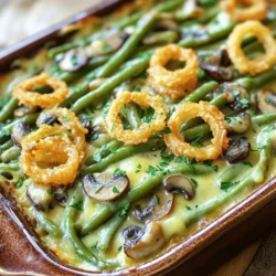 - 1 lb fresh green beans, trimmed and cut into 2-inch pieces - 1 cup sliced button mushrooms - 1 medium onion, finely chopped - 2 cloves garlic, minced - 1 cup sour cream - 1 cup cream of mushroom soup - 1 teaspoon soy sauce - 1 teaspoon black pepper - 1 cup fried onion rings (plus more for topping) - Olive oil for sautéing - Salt to taste To make a great Classic Green Bean Casserole, you need fresh ingredients. Fresh green beans are key for crunch. Sliced button mushrooms add a nice earthy flavor. The onion and garlic give a great base taste. Sour cream and cream of mushroom soup create a rich and creamy texture. Fried onion rings add the perfect crunch on top. Finally, season with soy sauce, black pepper, and a touch of salt for flavor. - Dairy-free alternatives: Use cashew cream or coconut cream in place of sour cream. - Low-sodium options: Choose low-sodium cream of mushroom soup and soy sauce. - Other mushroom varieties: Try shiitake or portobello mushrooms for a different taste. If you need to make changes, substitutions work well. Dairy-free options allow everyone to enjoy this dish. Low-sodium choices help keep it heart-healthy. Different mushrooms can change the flavor and texture, making it fun to experiment. - Baking dish - Large pot for blanching - Skillet for sautéing - Mixing bowl and spoon You’ll need some basic tools for this recipe. A baking dish is essential for the oven. A large pot is great for blanching the green beans. Use a skillet to sauté the onion and mushrooms. Finally, a mixing bowl and spoon help combine all the ingredients. This setup makes cooking easy and enjoyable. For the full recipe, check out Creamy Heaven Green Bean Casserole. To make your casserole shine, start with fresh green beans. First, trim the ends. Use a sharp knife to cut them into 2-inch pieces. This helps them cook evenly. Next, blanch the green beans. Bring a big pot of salted water to a boil. Add the green beans and cook for 3-4 minutes. They should be bright green and slightly tender. After that, drain them well. Set them aside to cool. Now it's time to cook the mixture. Heat a tablespoon of olive oil in a large skillet over medium heat. Add the chopped onion and sauté for about 3-4 minutes. You want them to soften a bit. Then, add the minced garlic and sliced mushrooms. Sauté for another 5 minutes. The mushrooms will turn golden, and the onions will be clear. In a large mixing bowl, combine the sour cream, cream of mushroom soup, soy sauce, black pepper, and salt. Stir it all together until it’s smooth. Once mixed, fold in the sautéed onions and mushrooms. Then, add the blanched green beans and half of the fried onion rings. Toss gently to combine everything well. Now, let’s layer the ingredients. Pour the mixture into a greased 9x13-inch baking dish. Spread it out evenly. Don’t forget to top it with the rest of the fried onion rings. They add a nice crunch. Preheat your oven to 350°F (175°C). Bake the casserole for 25-30 minutes. It should bubble and have a golden brown top. After baking, let it cool slightly before serving. Enjoy this comforting family dish! For the full recipe, check out the details above. To get a creamy texture, use fresh ingredients. Fresh green beans work best. Blanch them briefly for a bright taste. Mix sour cream with cream of mushroom soup well. This blend makes the filling rich and smooth. For a golden crunchy top, focus on the fried onion rings. Use a generous amount on top before baking. Bake until the edges bubble. This way, you get a nice crunch. Pair your casserole with simple sides. Mashed potatoes or roasted chicken are great choices. For a pop of color, add a fresh salad. Serve the casserole in the baking dish for warmth. Garnish it with parsley for a bright look. You can prepare this dish ahead of time. Assemble it and cover it with foil. Keep it in the fridge for up to 24 hours. When ready to bake, remove the foil. Reheating leftovers is easy. Bake at 350°F (175°C) for about 20 minutes. This way, it stays warm and tasty. You can also use a microwave, but the oven keeps the texture better. {{image_2}} You can change up the green bean casserole with different veggies. Try adding carrots, corn, or bell peppers for some color and taste. You might also add cooked bacon or shredded chicken for extra flavor and protein. These additions can make your dish even heartier and more satisfying. If you want to try something new, consider a Southwestern twist. Add diced green chilies and a sprinkle of cumin for a spicy kick. For an Italian-inspired flavor, mix in Italian herbs like oregano and basil. You can also use sun-dried tomatoes for a rich taste that pairs well with the green beans. For gluten-free options, use gluten-free cream of mushroom soup. You can also substitute soy sauce with tamari. If you want a vegan dish, replace sour cream with cashew cream or a dairy-free yogurt. Use plant-based cream of mushroom soup and skip the fried onion rings or use a vegan version. This way, everyone can enjoy the casserole! You can find the full recipe [here](#). To keep your green bean casserole fresh, store it in the fridge. Use an airtight container. Let it cool down before sealing. This way, it stays tasty for later meals. If you want to freeze it, prepare it without baking. Place it in a freezer-safe dish. Cover it tightly with plastic wrap and foil. This helps prevent freezer burn. In the fridge, your casserole lasts about 3 to 5 days. Check for signs of spoilage. If it smells sour or looks off, it's best to toss it. When frozen, it can last for about 2 to 3 months. When reheating, the oven is your best friend. Preheat it to 350°F (175°C). Place the casserole in a baking dish, cover it with foil, and heat for about 20 minutes. This helps keep it creamy and warm. If you use a microwave, heat it in short bursts. Stir in between to heat evenly. Avoid overcooking, as it may turn mushy. Yes, you can prepare this dish ahead of time. To do this, follow these steps: - Prepare the casserole: Make it up to the point before baking. - Refrigerate: Cover it tightly with plastic wrap. This keeps it fresh for up to two days. - Bake when ready: Just add a few extra minutes to the baking time. This makes it easy for busy days! If you want to skip the cream of mushroom soup, you have options. Here are a few ideas: - Homemade version: Cook 1 cup of mushrooms, 2 tablespoons of flour, and 1 cup of broth. Mix until smooth. - Creamy alternatives: Use a mix of sour cream and Greek yogurt. This adds richness without mushrooms. These swaps keep your dish creamy and tasty! Yes, you can make this casserole gluten-free. Here are some substitutes: - Gluten-free cream of mushroom soup: Many brands offer gluten-free options. Check labels to be sure. - Use gluten-free flour: If making a homemade soup, use a gluten-free flour mix in place of regular flour. These swaps help you enjoy this classic dish without worries! Yes, frozen green beans work well too. Here are some tips: - No need to blanch: You can skip the blanching step if using frozen beans. - Adjust cooking time: Frozen beans may need a few extra minutes in the oven. Using frozen beans can save time while keeping the dish delicious! This blog post covered how to make a classic green bean casserole. We went over the main ingredients and their alternatives. We also discussed tools you'll need and provided clear step-by-step cooking instructions. Plus, I shared tips for getting the best texture and flavor. Remember, this dish is flexible. You can switch out ingredients and add new flavors to make it your own. Enjoy creating a tasty casserole that suits you!