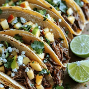When I create Cider Braised Short Rib Street Tacos, I gather a mix of tasty ingredients that work together. Each item adds flavor and depth to the dish. Here’s what you need: - 2 lbs beef short ribs - 2 cups apple cider - 1 large onion, chopped - 4 cloves garlic, minced - 2 teaspoons smoked paprika - 1 teaspoon ground cumin - 1 teaspoon chili powder - 2 tablespoons olive oil - Salt and pepper to taste - 12 small corn tortillas - Fresh cilantro, chopped (for garnish) - 1 cup diced apples (for topping) - 1/2 cup crumbled queso fresco (for topping) - Lime wedges (for serving) Each ingredient is key to making these tacos burst with flavor. The apple cider gives the short ribs a sweet and tangy kick. The spices create a warm, smoky taste that complements the beef. The fresh toppings add crunch and brightness, making every bite exciting. Make sure to use good-quality ingredients. Fresh herbs and ripe apples elevate your dish and make it truly special. For the full recipe, check out how to put these ingredients together for a delicious meal. - Prepare the short ribs: Start by seasoning the short ribs with salt and pepper. Heat olive oil in a large pot over medium-high heat. Add the short ribs, searing them on all sides for about 3 to 4 minutes. This step locks in flavor and gives a nice crust. Once browned, remove them from the pot. - Sauté aromatics: In the same pot, add chopped onion and minced garlic. Sauté them until the onion turns translucent, which takes about 5 minutes. This creates a base full of taste for your dish. - Add spices: Stir in smoked paprika, ground cumin, and chili powder. Cooking the spices for a minute brings out their full flavor. You want those spices to coat the onions and garlic well. - Deglaze with cider: Pour in the apple cider, scraping the bottom of the pot to release all the tasty brown bits. This step adds depth to your sauce. Bring the mixture to a gentle simmer. - Braise the short ribs: Return the short ribs to the pot, ensuring they are fully submerged in the cider mix. Cover the pot, reduce the heat to low, and let it braise for 2.5 to 3 hours. This slow cooking makes the meat tender and easy to pull apart. - Shred the meat: Once the short ribs are done, take them out of the pot. Let them cool slightly, then shred the meat using two forks. Discard any large pieces of fat to keep the tacos light. - Warm the tortillas: While the meat cools, warm corn tortillas in a dry skillet over medium heat. Heat them for about 30 seconds on each side. Warm tortillas make a big difference in taste and texture. - Assemble the tacos: On each warm tortilla, place a generous portion of shredded short rib. Top with diced apples, crumbled queso fresco, and chopped cilantro for a fresh touch. - Serve: Serve the tacos warm with lime wedges on the side. Squeeze lime over the filling for a bright flavor boost. Enjoy your Cider Braised Short Rib Street Tacos! For the complete cooking process, you can check the Full Recipe. How do I achieve the best sear on short ribs? To get a great sear, heat olive oil in a heavy pot. Make sure the oil is hot before adding the short ribs. Sear them for about 3-4 minutes on each side. This helps lock in flavors and gives a nice crust. Why is it important to let meat rest before shredding? Letting the meat rest is key. This allows the juices to settle. If you shred right away, the juices run out, making the meat dry. Rest for about 10 minutes after cooking, then shred with forks. What are the best toppings to enhance flavor? Top your tacos with diced apples for sweetness. Crumbled queso fresco adds creaminess and salt. Fresh cilantro brightens the dish and adds color. Squeeze lime juice on top for a zesty kick. What sides pair well with these tacos? Serve with a light salad for crunch. A side of Mexican street corn adds sweetness and spice. Chips with salsa are always a hit. These sides balance the rich flavors of the tacos. How do I store leftover tacos? Store leftover tacos in an airtight container in the fridge. Keep the meat separate from the tortillas to avoid sogginess. They stay fresh for about 3 days. What are the reheating instructions for optimal taste? To reheat, warm the meat in a pot over low heat. Heat tortillas in a skillet for a few seconds on each side. This keeps them soft and pliable. Enjoy your tacos just like fresh! For the full recipe, visit [Cider Braised Short Rib Street Tacos](#). {{image_2}} You can swap out the short ribs for other meats. Try pork shoulder or chicken thighs. Both options add their own twist to the dish. If you want to keep it plant-based, use jackfruit or mushrooms. They soak up flavor well and taste great. When it comes to tortillas, corn is the classic choice. But you can also use flour tortillas for a softer bite. Consider lettuce wraps for a low-carb option. They bring a fresh crunch to your tacos. Adding spices can really boost flavor. Try smoked chipotle for heat, or cinnamon for warmth. A pinch of cayenne can add a kick. Don't be afraid to experiment with what you have on hand. Toppings can change your taco game completely. Fresh avocado adds creaminess, while mango salsa gives sweetness. You can also try pickled onions for tang. Each topping adds its special flair. For gluten-free tacos, use corn tortillas. They are naturally gluten-free and perfect for all diets. Just check the label to be sure. If you want to keep it dairy-free, skip the queso fresco. Instead, use avocado or a dairy-free cheese. You can also top with fresh herbs for flavor. Both options keep your tacos tasty and satisfying. For the full recipe, check the detailed cooking process. It will guide you through each step to create these delicious tacos. How long do Cider Braised Short Rib Street Tacos last in the fridge? These tacos stay fresh for about 3 days in the fridge. Store them in an airtight container. Can I make the short ribs ahead of time? Yes, you can make the short ribs a day ahead. Just reheat gently before serving. What type of cider is best for cooking? I recommend using a dry apple cider. It adds great depth without being too sweet. Can I use a slow cooker for this recipe? Absolutely! A slow cooker works well. Cook on low for 6 to 8 hours for tender meat. What's the benefit of braising over other cooking methods? Braising locks in flavor and moisture. It makes tougher cuts tender and juicy, perfect for tacos. What are the best sides to pair with these tacos? You can serve these tacos with Mexican rice and black beans. A fresh salad also works well. How many tacos per person should I plan for? Plan for 2 to 3 tacos per person. It ensures everyone has enough to enjoy! Cider Braised Short Rib Street Tacos pack a big flavor punch. This dish combines tender beef short ribs with sweet apple cider. Ingredients: - 2 lbs beef short ribs - 2 cups apple cider - 1 large onion, chopped - 4 cloves garlic, minced - 2 teaspoons smoked paprika - 1 teaspoon ground cumin - 1 teaspoon chili powder - 2 tablespoons olive oil - Salt and pepper to taste - 12 small corn tortillas - Fresh cilantro, chopped (for garnish) - 1 cup diced apples (for topping) - 1/2 cup crumbled queso fresco (for topping) - Lime wedges (for serving) Cooking Process: 1. Start by seasoning the short ribs with salt and pepper. 2. Sear them in olive oil until brown. 3. Sauté onion and garlic in the same pot. 4. Stir in spices and apple cider to deglaze. 5. Add short ribs back and braise for 2.5 to 3 hours. 6. Shred the meat and warm the tortillas. 7. Assemble tacos with your favorite toppings. Prep Time: 15 minutes Total Time: 3 hours 15 minutes Servings: 12 tacos For a detailed cooking process and tips, check the Full Recipe. This blog post shared a tasty recipe for Cider Braised Short Rib Street Tacos. We covered ingredients, step-by-step cooking, tips, variations, and common questions. Enjoying these tacos will impress any guest. You can change ingredients for your taste or dietary needs. Store leftovers well and reheat for later. Cooking these tacos is fun and easy; they are worth the effort. Try making them today for a flavorful meal!