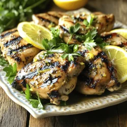 - 4 boneless, skinless chicken breasts - Zest and juice of 2 lemons - 3 cloves garlic, minced - 1 tablespoon fresh rosemary, chopped - 1 tablespoon fresh thyme, chopped - 1 tablespoon fresh parsley, chopped - Olive oil, salt, and pepper - Mixing bowl - Grill - Resealable plastic bag or shallow dish To make lemon herb grilled chicken, you need fresh ingredients. Start with chicken breasts. They are lean and cook well on the grill. The zest and juice of lemons add bright flavor. Garlic gives a nice kick. When choosing herbs, use fresh ones for the best taste. Rosemary, thyme, and parsley work well together. Olive oil helps the chicken stay moist. Salt and pepper are key for flavor. For tools, gather a mixing bowl to mix your marinade. A grill is essential for cooking. Use a resealable plastic bag or shallow dish to marinate the chicken. This recipe is simple yet full of flavor. You can find the full recipe for lemon herb grilled chicken at the end of this article. To start, gather your ingredients. You need lemon zest, lemon juice, minced garlic, and fresh herbs. I like to use rosemary, thyme, and parsley. 1. In a large mixing bowl, combine the lemon zest, lemon juice, minced garlic, and herbs. 2. Whisk in olive oil, salt, and pepper. This will create a flavorful marinade. Now, let's marinate the chicken. 1. Place the chicken breasts in a resealable plastic bag or shallow dish. 2. Pour the marinade over the chicken. Make sure each piece is well covered. 3. Seal the bag or cover the dish. Refrigerate for at least one hour. For best results, marinate overnight. Grilling the chicken is the best part. 1. Preheat your grill to medium-high heat. If using charcoal, wait until the coals glow red. 2. Remove the chicken from the marinade. Let any excess drip off and discard the rest. 3. Grill the chicken for 6-7 minutes on each side. Check that it reaches an internal temperature of 165°F (75°C). Look for nice grill marks. 4. Once cooked, take the chicken off the grill and let it rest for 5 minutes. This keeps it juicy. Now you are ready to enjoy your Lemon Herb Grilled Chicken! For the full recipe, check the earlier section. To make your lemon herb grilled chicken burst with flavor, marinate it well. A good marinade helps the chicken absorb all the tasty herbs and lemon. Use a resealable bag or a shallow dish to coat the chicken evenly. For best results, let it sit for at least one hour. If you have time, overnight is even better. This longer marinating time helps the flavors soak in deeply. When grilling, aim for those perfect grill marks. Start with a clean grill and preheat it to medium-high heat. Place the chicken on the grill and resist the urge to move it too soon. Let it cook for about 6-7 minutes on one side before flipping. Use a meat thermometer to check for doneness. The chicken should reach 165°F (75°C). This way, you avoid overcooking, keeping it juicy and tender. Lemon herb grilled chicken pairs well with many sides. Try serving it with a fresh salad, grilled veggies, or rice. These sides complement the bright flavors perfectly. For garnish, add fresh herbs or lemon wedges on the plate. This adds a nice touch and makes your dish look even more appealing. If you want to impress, drizzle some extra olive oil on top before serving. This simple step enhances the dish's flavor and beauty. {{image_2}} You can switch up the herbs in this recipe. Try using fresh basil or cilantro for a new taste. Each herb adds its own flair. You can also mix in spices like paprika or cumin for a spicy twist. These changes keep your meals exciting and full of flavor. If you have dietary needs, you can swap ingredients in the marinade. For a dairy-free option, use coconut milk instead of olive oil. You can also try yogurt or buttermilk as a base. These ingredients help make the chicken tender and juicy while adding a creamy texture. No grill? No problem! You can bake the chicken in an oven. Preheat your oven to 375°F (190°C). Place the marinated chicken on a baking sheet. Bake for 25-30 minutes or until the chicken is cooked through. For stovetop grilling, heat a grill pan over medium heat. Cook the chicken for about 6-7 minutes on each side. Both methods yield tasty results. For the full recipe, check out the detailed instructions above. To keep your lemon herb grilled chicken fresh, follow these tips: - Refrigerating Leftovers: Let the chicken cool down first. Place it in an airtight container. This keeps out air and moisture. Store it in the fridge for up to four days. - Freezing Lemon Herb Grilled Chicken: For longer storage, wrap each piece in plastic wrap. Then, place the wrapped chicken in a freezer bag. Remove as much air as you can before sealing. It can last for up to three months in the freezer. When it's time to enjoy leftovers, use these methods: - Best Methods: A stovetop skillet or oven works best. Avoid the microwave if you can. Microwaving can dry out the chicken. - Time and Temperature Guidelines: Heat the chicken in a skillet over medium heat for about 5 minutes per side. If using an oven, heat it at 350°F (175°C) for 10-15 minutes, until warm. Understanding how long your chicken lasts is key: - Refrigerated Duration: Cooked chicken stays good for up to four days in the fridge. - Frozen Duration: If frozen, it can last for about three months without losing flavor. - Signs of Spoilage: Check for a strange smell, slimy texture, or discoloration. If you notice any of these, throw the chicken away. For the full recipe, refer back to the main sections of this article. Enjoy your cooking! You should marinate chicken for at least 1 hour. If you have time, go for 8 hours or overnight. This lets the chicken soak up all the tasty flavors from the marinade. The best internal temperature for chicken is 165°F (75°C). Use a meat thermometer to check this. Cooking chicken to this temperature keeps it safe to eat. Yes, you can use chicken thighs. They are juicier and have more flavor. Cook them for about 7-8 minutes per side. Make sure they also reach 165°F (75°C). Lemon herb grilled chicken pairs well with many sides. Try it with: - Steamed vegetables - Rice or quinoa - A fresh salad - Grilled corn on the cob Yes, you can prep this recipe ahead of time. Marinate the chicken and keep it in the fridge. You can grill it later when you are ready to eat. This recipe is naturally gluten-free. Just make sure any added sauces or marinades are gluten-free. Check labels to be sure. Enjoy your meal without worry! Lemon herb grilled chicken is simple and tasty. You learned to make a flavorful marinade and how to grill chicken perfectly. Remember to marinate long enough and check the internal temperature. Explore variations to keep meals exciting, and consider storage tips for leftovers. This dish pairs well with many sides, making it versatile. Enjoy the fresh flavors in your meals, and feel free to experiment with herbs and cooking methods. With practice, you’ll achieve great results every time. Happy cooking!