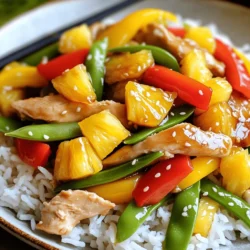 Gathering the right ingredients makes cooking fun and easy. Here’s what you need for Pineapple Chicken Stir Fry: - 1 lb chicken breast, sliced into thin strips - 1 cup fresh pineapple, diced - 1 bell pepper (red or yellow), sliced - 1 cup snap peas - 1 small onion, sliced - 3 cloves garlic, minced - 1 tablespoon fresh ginger, grated - 1/4 cup soy sauce - 2 tablespoons honey - 1 tablespoon cornstarch mixed with 2 tablespoons water (slurry) - 2 tablespoons vegetable oil - 1 teaspoon sesame oil - Salt and pepper to taste - Cooked jasmine rice or quinoa (for serving) Each item brings a unique flavor. The chicken adds protein, while the pineapple gives sweetness. The bell pepper adds crunch, and the snap peas offer a fresh taste. Garlic and ginger give it a warm kick. The soy sauce and honey blend salty and sweet, creating a tasty sauce. You can find the full recipe [here](#). Enjoy gathering these ingredients, and let’s get cooking! First, take your chicken breast and slice it into thin strips. Toss the chicken with a pinch of salt and pepper. This helps to add flavor. Set the chicken aside for marination while you prepare the other ingredients. Next, heat a tablespoon of vegetable oil in a large skillet over medium-high heat. Once hot, add the marinated chicken. Stir-fry the chicken for about 5 to 7 minutes. You want it to be cooked through and golden brown. Remove the chicken and set it aside. In the same skillet, add the remaining tablespoon of vegetable oil. Toss in the sliced onion, minced garlic, and grated ginger. Sauté these for about 2 minutes until they smell great. Then, add the sliced bell pepper and snap peas. Stir-fry for 3 to 4 minutes. The veggies should be tender yet still crisp. Now, return the cooked chicken to the pan. Add the diced pineapple for a sweet touch. Pour in the soy sauce and honey, stirring everything together. Let the flavors mingle for a minute. To thicken the sauce, mix cornstarch with water to make a slurry. Stir this into the pan. Cook for about 2 minutes until the sauce coats the chicken and vegetables. This gives a nice glossy finish. Serve your delicious stir fry over cooked jasmine rice or quinoa for a hearty meal. Enjoy this quick and tasty dish! If you want to see the full recipe, check out the recipe section. Cooking at high heat is key for a great stir fry. It helps your chicken cook fast and stay juicy. When you use high heat, the veggies stay crisp and colorful. Always use fresh ingredients. Fresh chicken and vibrant vegetables boost the flavor and texture of your dish. To take your stir fry to the next level, think about spices. Add a pinch of red pepper flakes for heat. You could also use garlic powder or a splash of lime juice for a zesty kick. Don't forget to garnish! Chopped green onions and sesame seeds look pretty and add extra flavor. Stir-frying is quick and fun! Use a large skillet or wok to give the food room to move. Make sure to keep stirring so everything cooks evenly. If you want a smoky flavor, try grilling your chicken. It can add a lovely char that pairs well with the sweet pineapple. {{image_2}} You can change the protein in this dish. Instead of chicken, use tofu or shrimp. Tofu makes a great vegetarian choice. Shrimp adds a nice seafood twist. For vegetables, you can swap in broccoli or carrots. Broccoli gives a nice crunch. Carrots add sweetness and color. Mix and match to find your favorite combo! If you need a gluten-free option, choose gluten-free soy sauce. It has the same great taste without gluten. Looking for a lower-sugar dish? Use sugar-free alternatives for honey. You can try agave syrup or a sugar substitute. These keep your stir fry tasty without the extra sugar. Want to spice things up? Add chili flakes for a kick. Start with a little, then add more if you like heat. Incorporating tropical fruits can take your dish to the next level. Try adding diced mango for even more sweetness. It pairs nicely with the pineapple and gives a tropical vibe. For the full recipe, check out [Full Recipe]. When you finish your Pineapple Chicken Stir Fry, let it cool down. This step helps prevent condensation. Place it in an airtight container to keep it fresh. Glass or plastic containers work well. You can store it in the fridge for up to three days. To reheat your stir fry, use a skillet over medium heat. This method helps maintain the texture. You can add a splash of water or soy sauce to keep it moist. Stir it occasionally for even heating. If you prefer the microwave, use a microwave-safe dish. Heat it in short bursts and stir in between. You can freeze Pineapple Chicken Stir Fry for later. First, cool the dish completely. Then, pack it in a freezer-safe container or bag. Be sure to remove as much air as possible. This trick prevents freezer burn. It can last up to three months in the freezer. To enjoy it later, thaw it overnight in the fridge before reheating. This way, it stays tasty and fresh. Pineapple Chicken Stir Fry lasts about 3 to 4 days in the fridge. Store it in a sealed container. Look for signs of spoilage, like off-smells or changes in color. If it smells funny or looks strange, don't eat it. Yes, you can make Pineapple Chicken Stir Fry ahead of time. Cook it, let it cool, and store it in the fridge. When you're ready to eat, just reheat it on the stove or in the microwave. Make sure it’s hot all the way through. You can serve Pineapple Chicken Stir Fry with cooked jasmine rice or quinoa. Other good sides are steamed broccoli or fried rice. You can also add a simple salad for some crunch. Yes, Pineapple Chicken Stir Fry is healthy. It has lean chicken, fresh veggies, and pineapple. Chicken provides protein, while veggies add vitamins and minerals. Pineapple gives you fiber and natural sweetness, making this dish a balanced meal. To make it spicier, add chili flakes or sliced jalapeños. You can also use sriracha or another hot sauce in the mix. Start with a little, taste it, and add more if you like heat! Pineapple Chicken Stir Fry is simple and tasty. We covered ingredients and steps for cooking. Fresh veggies and fruits deliver great flavors. You can swap proteins or veggies based on taste. Remember to store leftovers properly for later. Meal prepping can save time too. Whether you enjoy spicy or sweet, this dish fits all. Happy cooking!