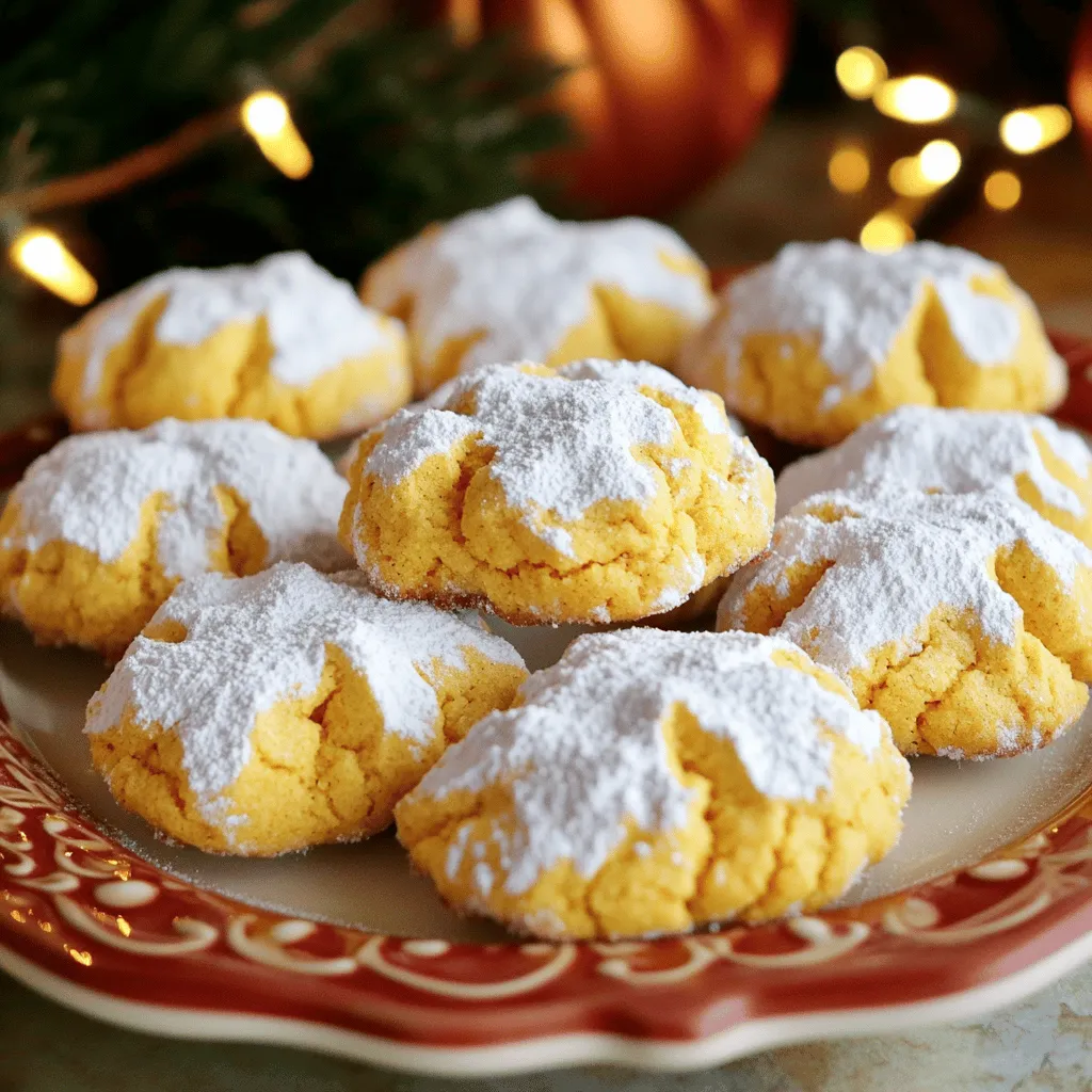- 1 cup pumpkin puree - ½ cup vegetable oil - 1 cup brown sugar - ½ cup granulated sugar The main ingredients form the base of your cookies. Pumpkin puree gives them a moist texture and rich flavor. I love using vegetable oil because it keeps the cookies soft. The blend of brown sugar and granulated sugar creates a perfect sweetness and a nice chew. - 2 cups all-purpose flour - 2 teaspoons baking powder - 1 teaspoon ground cinnamon - ½ teaspoon ground nutmeg - ¼ teaspoon ground ginger The dry ingredients help balance the wet ones. All-purpose flour provides structure. Baking powder makes the cookies rise just right. The spices, like ground cinnamon, nutmeg, and ginger, bring out that warm, cozy flavor of fall. - 1 large egg - 1 teaspoon vanilla extract - ¼ teaspoon salt - ½ cup powdered sugar for dusting The egg binds everything together, while vanilla extract enhances the taste. A pinch of salt balances the sweetness. Finally, powdered sugar adds a lovely finish, giving these cookies their crinkle look. For the full recipe, check it out in the linked section. To start, grab a large bowl. Combine 1 cup pumpkin puree and ½ cup vegetable oil. Mix well until smooth and creamy. This step adds moisture and flavor to your cookies. Next, add 1 cup brown sugar and ½ cup granulated sugar to the bowl. Beat until everything blends nicely. Then, stir in 1 large egg and 1 teaspoon vanilla extract. Mix until fully combined. This will give your cookies a rich taste. In a separate bowl, whisk together 2 cups all-purpose flour, 2 teaspoons baking powder, 1 teaspoon ground cinnamon, ½ teaspoon ground nutmeg, ¼ teaspoon ground ginger, and ¼ teaspoon salt. This mixture brings warmth and spice to your cookies. Gradually add the dry ingredients to the wet mixture. Stir gently until just combined. Be careful not to overmix; this keeps your cookies soft and chewy. Cover the dough with plastic wrap and refrigerate for at least 30 minutes. Chilling helps firm up the dough, making it easier to shape. While the dough chills, preheat your oven to 350°F (175°C) and line a baking sheet with parchment paper. Once the dough is ready, scoop tablespoon-sized portions. Roll them into balls and coat each one with ½ cup powdered sugar. Place them on the baking sheet, leaving about 2 inches between each ball. Bake for 10-12 minutes. The edges should be set, while the centers remain soft. After baking, cool the cookies on the sheet for 5 minutes before moving them to a wire rack. Enjoy the charm of these cookies with every bite! To make perfect Pumpkin Pie Crinkle Cookies, avoid overmixing the dough. Overmixing can lead to tough cookies. Mix until just combined to keep them soft and chewy. Cooling times are also important. Let the cookies cool on the baking sheet for five minutes. This helps them set and keeps the centers soft. After that, move them to a wire rack. This cooling method gives you the best texture. You can boost the flavor with extra spices. Try adding allspice or cloves for a warm touch. A pinch of cardamom can also add depth. Each spice can make your cookies unique and exciting. Using different sugars can change the sweetness. Brown sugar adds moisture and a hint of caramel. You can mix in some coconut sugar for a lighter flavor. Each sugar type can change the cookie's taste and texture. For serving, arrange the cookies on a festive plate. A nice touch is to dust them with more powdered sugar. This gives a lovely snowy look. Serve with a warm drink for a cozy vibe. For a fun display, stack them high or use a tiered stand. This makes your cookies stand out at any gathering. The bright orange and white colors pop on the table. Enjoy sharing these delightful treats! {{image_2}} You can make these cookies gluten-free by swapping all-purpose flour for gluten-free flour blends. Look for blends that include a mix of rice flour, potato starch, and tapioca flour. They mimic the texture of wheat flour well. When using gluten-free flour, watch the baking time closely. These cookies may bake a bit faster, so check them at 8 to 10 minutes. To make these cookies vegan, you can replace the egg with a flax egg. To do this, mix one tablespoon of ground flaxseed with three tablespoons of water. Let it sit for about five minutes until it thickens. For dairy-free options, use almond milk or coconut milk instead of regular milk. You can also use plant-based butter in place of vegetable oil. For a fun twist, add chocolate chips to your dough. Semi-sweet or dark chocolate chips work great. You can also try adding nuts like walnuts or pecans for a crunchy texture. Dried fruits like cranberries or raisins can add a sweet bite. These variations bring more depth to your Pumpkin Pie Crinkle Cookies and make them extra delightful. To keep your Pumpkin Pie Crinkle Cookies fresh, store them in an airtight container. This method helps maintain their soft texture and flavor. You can keep them at room temperature for up to five days. For longer storage, you can freeze these delightful cookies. Place them in a single layer on a baking sheet and freeze until solid. Then, transfer the cookies to a freezer-safe bag or container. They will last for up to three months in the freezer. When you want to enjoy them, take them out and let them thaw at room temperature. You can also reheat them in an oven at 350°F for about 5 minutes for that fresh-baked taste. The shelf life of your cookies depends on the ingredients used. The pumpkin puree and oil help keep the cookies moist. If stored properly, they can last about a week at room temperature and up to three months in the freezer. Remember, cookies with dairy or eggs will have a shorter shelf life than those without. Enjoy your cookies at their best for a lovely autumn treat! For the full recipe, check my earlier section. The texture of these cookies is soft and chewy. They have a slight crisp on the outside. The inside stays moist and has a cake-like feel. When you bite in, you’ll enjoy a burst of pumpkin flavor and spices. The powdered sugar on top adds a nice sweetness. This contrast makes each cookie a delightful treat. Yes, you can use homemade pumpkin puree! Fresh puree has a vibrant flavor. It also lets you control the texture. However, be cautious. Homemade puree can be more watery than canned. Drain any excess liquid to ensure the right dough consistency. Overall, using fresh pumpkin can enhance the taste of your cookies. You can prepare the dough a day in advance. Just chill it in the fridge. This step develops the flavors and makes the dough easier to handle. When ready to bake, scoop and roll the dough in powdered sugar. Bake the cookies fresh for the best taste. For detailed instructions, check the Full Recipe. Pumpkin Pie Crinkle Cookies are a tasty treat combining pumpkin puree, spices, and sugar. We covered the main ingredients, mixed dough, and baking tips. I shared variations for gluten-free and vegan options, plus storage advice. These cookies are simple and fun to make. With easy steps and personal touches, you can impress everyone. Enjoy your baking adventure, and savor each bite of these delightful cookies!