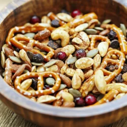 - 2 cups mixed nuts (almonds, pecans, walnuts) - 1 cup pumpkin seeds (pepitas) - 1 cup dried cranberries - 1 cup mini pretzels The main ingredients create a fun mix. The nuts add crunch. Pumpkin seeds give it a tasty twist. Dried cranberries bring sweetness. Mini pretzels add a salty bite. This mix is perfect for fall! - 1 cup chocolate chips (milk or dark) - 2 tablespoons pumpkin spice - 2 tablespoons maple syrup - 1 tablespoon vegetable oil - 1/2 teaspoon salt Adding flavor is key to this recipe. Chocolate chips make it sweet and rich. Pumpkin spice gives a warm, cozy taste. Maple syrup adds a touch of sweetness. Vegetable oil helps the mix stick together. A pinch of salt balances the flavors. - Other nuts or seeds - Additional dried fruits - Seasonal toppings You can customize your mix with optional add-ins. Try different nuts or seeds to change the crunch. Add dried fruits like raisins or apricots for more flavor. Seasonal toppings like candy corn can make it festive. Get creative and make it your own! For the full recipe, check out the detailed instructions. 1. Preheat your oven to 325°F (165°C). This helps the snack mix cook evenly. 2. Grab a large mixing bowl. Combine the mixed nuts, pumpkin seeds, dried cranberries, mini pretzels, and chocolate chips. Mix them well. This blend gives great taste and crunch. 1. In a small bowl, whisk together the pumpkin spice, maple syrup, vegetable oil, and salt until smooth. This mixture adds flavor and sweetness. 2. Pour the pumpkin spice mixture over your dry ingredients. Toss everything together until all pieces are coated. This ensures every bite is tasty. 1. Spread the mixture evenly on a large baking sheet lined with parchment paper. This helps with easy cleanup. 2. Bake in the preheated oven for 15-20 minutes. Stir halfway through to ensure even cooking. You want the nuts to be golden and fragrant. Enjoy this Harvest Pumpkin Snack Mix as a fun treat! For the complete recipe, check out the [Full Recipe]. To enhance the flavor of your Harvest Pumpkin Snack Mix, focus on baking. Roasting the nuts brings out their rich taste. Bake at 325°F for 15-20 minutes. Stir halfway through to ensure even cooking. This step makes the mix extra crunchy. Adjust spice levels to your taste. Start with the recipe's suggested pumpkin spice. If you like it spicier, add more. You can also mix in cinnamon or nutmeg for a twist. Taste test as you go. This ensures your mix is just right. Serve your snack mix in rustic bowls. You can also use themed containers for a festive touch. Individual cupcake liners work great for parties. This makes it easy for guests to grab a portion. For added flair, sprinkle a little extra pumpkin spice on top. You could also add a few fresh cranberries or a sprig of rosemary. These garnishes make your snack mix look even more delicious. Consider pairing your snack mix with drinks during gatherings. It goes well with apple cider or pumpkin ale. These choices enhance the fall flavor theme. Portion control is key for snack-sized servings. Use small bowls or cups for easy sharing. This way, everyone can enjoy without overindulging. Aim for about 1/4 cup portions. This keeps it fun and light for all guests. {{image_2}} You can easily change the flavor of your Harvest Pumpkin Snack Mix. Sweet versions are a fun way to use extra fruits. Think about adding dried apples or banana chips. These fruits will give a chewy texture and a nice sweetness. For a savory twist, try spices like paprika or cayenne. These spices will add warmth and depth to your mix. A bit of cheese powder can also bring a new flavor that pairs well with the nuts. If you need nut-free options, you can use seeds instead. Sunflower seeds or pumpkin seeds work great as a substitute. This keeps the crunch while avoiding nuts. For gluten-free choices, swap mini pretzels for gluten-free versions. There are many brands that make tasty gluten-free pretzels. You can also use rice cakes, broken into pieces, for a light crunch. Seasonal changes can make your snack mix even more fun. In fall, add candy corn for a sweet treat. It will bring a pop of color and a sweet bite. For Halloween, consider adding themed toppings. You can sprinkle black or orange sprinkles on top. This adds flair and makes the mix festive. You can even use candy eyeballs to make it spooky! Each variation can make your snack mix unique and exciting. After baking, let the Harvest Pumpkin Snack Mix cool completely. This step is key. If you store it warm, it will get soggy. Once cool, use an airtight container. Glass jars or plastic containers work well. Keep it in a cool, dry place away from sunlight. This helps maintain its crunch. When stored properly, this snack mix can last up to two weeks. Keep an eye on it. If you see any signs of spoilage, toss it out. Watch for a stale smell or soft texture. These signs mean it’s time to say goodbye to your snack mix. You can freeze the Harvest Pumpkin Snack Mix, but do it right. First, place it in a freezer-safe bag. Remove as much air as possible. This keeps it fresh longer. To enjoy it again, thaw it in the fridge overnight. Reheat in the oven for a few minutes to bring back the crunch. Proper storage can extend its life for up to three months. If you have nut allergies, you can use seeds instead. Try sunflower seeds or pumpkin seeds. These add crunch and flavor, just like nuts. You can also use roasted chickpeas for a different texture. They are tasty and nutritious. Yes, you can prepare this snack mix ahead of time. After baking, let it cool completely. Store it in an airtight container. It stays fresh for up to two weeks. This makes it easy to grab when you want a quick snack. To boost the pumpkin flavor, add pumpkin puree. Mix a couple of tablespoons into your coating. You can also try adding more pumpkin spice. A dash of cinnamon or nutmeg can deepen the taste. These tips will make your snack mix even more delicious! This blog post covered how to make a tasty Harvest Pumpkin Snack Mix. We explored the key ingredients, flavor enhancers, and optional add-ins. I shared easy step-by-step instructions and tips to perfect your mix. We also discussed fun variations and proper storage methods. Creating this mix allows for so much creativity, so have fun with it. Enjoy sharing your unique snack with friends and family all season long. Happy snacking!