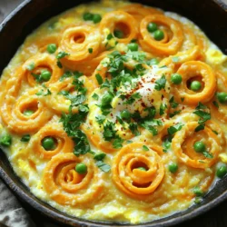 - 2 medium sweet potatoes, spiralized - 2 large eggs - 1/2 cup grated Parmesan cheese (or nutritional yeast for a vegan option) - 1/2 cup peas (fresh or frozen) - 2 cloves garlic, minced - 1 tablespoon olive oil - Salt and pepper to taste - Fresh parsley, chopped (for garnish) - Red chili flakes (optional, for heat) The sweet potatoes form the base of this dish, giving it a bright color and a natural sweetness. Spiralizing them makes for a fun and unique pasta alternative. The eggs and cheese create a creamy sauce that clings to the sweet potato noodles. Peas add a pop of color and nutrition. Garlic gives it a savory kick, while olive oil helps cook everything to perfection. Seasonings like salt, pepper, and optional chili flakes enhance the flavor. Fresh parsley adds a touch of brightness and looks great on the plate. For the full recipe, check out the detailed instructions later in the article. Enjoy cooking this delightful dish! - Start with two medium sweet potatoes. Use a spiralizer or mandoline to create long, curly noodles. - Once spiralized, place the sweet potato noodles in a large bowl. Sprinkle them with a pinch of salt. This step helps draw out moisture. - Let them sit for about ten minutes. This will release excess water and improve texture. - In a separate bowl, whisk together two large eggs and half a cup of grated Parmesan cheese. If you want a vegan option, substitute with nutritional yeast. - Add a pinch of salt and pepper to the egg mixture. This will enhance the flavor of your sauce. - Heat one tablespoon of olive oil in a large skillet over medium heat. - Add two cloves of minced garlic. Sauté for one to two minutes until fragrant. Be careful not to brown the garlic. - Drain any excess moisture from the sweet potato noodles. Add them to the skillet and sauté for about five to seven minutes. You want them to soften while keeping a slight crunch. - Stir in half a cup of peas, fresh or frozen. Cook for an additional two minutes until they are heated through. - Remove the skillet from heat and let it cool slightly. This step is key to prevent the eggs from scrambling. - Gradually add the egg and cheese mixture to the sweet potatoes, stirring quickly. The heat from the noodles will create a creamy sauce. - Taste and adjust seasoning. You can add more salt, pepper, or even red chili flakes for a kick. - Serve immediately, garnished with fresh parsley and extra cheese if desired. For a full recipe, explore the details provided above. To make a creamy sauce without scrambling the eggs, you need to work quickly. Remove the skillet from the heat before adding the egg mixture. Stir fast to blend the eggs into the warm sweet potatoes. This heat will cook the eggs gently, creating a silky sauce. The right heat level for sautéing sweet potatoes is medium. If it’s too high, the sweet potatoes can burn. You want them to soften and stay al dente. Stir often to keep them cooking evenly. If you want to change up the cheese, try using nutritional yeast for a vegan option. It adds a cheesy flavor without dairy. For protein, you can add cooked chicken, bacon, or even tofu for a plant-based choice. You can also use different veggies to boost nutrition. Zucchini noodles or spinach can add more color and taste. Each will bring its own flavor to the dish while keeping it healthy. Pair your sweet potato carbonara with a crisp salad for a complete meal. A light vinaigrette works great to balance the creamy sauce. When storing leftovers, let the dish cool before placing it in an airtight container. It keeps best in the fridge for about 2-3 days. For reheating, warm it on low heat to keep the sauce creamy. {{image_2}} For a vegan twist, you can replace eggs and cheese. Use silken tofu or cashew cream for creaminess. Nutritional yeast gives a cheesy flavor without dairy. You can also add more vegetables. Try spinach, bell peppers, or mushrooms for extra texture and nutrients. If you want protein, add cooked bacon or sausage. They give the dish a rich flavor. For a plant-based option, choose chickpeas or lentils. These add protein and make the meal hearty. You can also use tempeh or seitan for a meaty bite. To boost flavor, use fresh herbs like basil or thyme. They add a nice aroma and taste. You can also try different spices like smoked paprika for a smoky kick. Explore sauces beyond carbonara. A light pesto can add a fresh twist. You can even drizzle with lemon juice for brightness. For the full details, check out the Full Recipe. To store leftovers, let the carbonara cool first. Then, place it in an airtight container. Keep it in the fridge for up to three days. When reheating, use a skillet over low heat. This keeps the sauce creamy. Stir often to heat evenly. You can also add a splash of water or broth to help the sauce stay smooth. Yes, you can freeze sweet potato carbonara! To do this, let it cool completely. Then, transfer it to a freezer-safe container. It can last up to three months in the freezer. When you’re ready for a meal, thaw it in the fridge overnight. Reheat it in a skillet, adding a little water to keep it creamy. This method makes it easy to enjoy a tasty meal anytime. For more details, check the Full Recipe for extra tips! To spiralize sweet potatoes, you need a spiralizer. This tool cuts the potatoes into long, thin strands. You can also use a mandoline. First, wash the sweet potatoes. Cut off the ends, then secure them in the spiralizer. Turn the handle to create noodles. After spiralizing, place the noodles in a bowl and sprinkle with salt. Let them sit for about 10 minutes. This step helps remove excess water, making the dish better. Yes, you can use many other vegetables. Zucchini is a popular choice and works great. Carrots add a nice crunch and color. Butternut squash also makes a tasty noodle. You can mix different veggies for a fun twist. Just remember to adjust cooking times based on the veggie you choose. You can tell sweet potatoes are done by their texture. They should be soft yet slightly firm. A fork should easily pierce them but not mushy. If they look bright in color, that’s a good sign. Keep an eye on them while cooking to avoid overcooking. If your sauce is too thick, don’t worry. You can add a splash of water or broth to thin it out. Stir well to mix. Another option is to add a little olive oil. This keeps the flavor rich and creamy. Always taste as you go to ensure it stays delicious. For the full recipe, check the earlier section. This blog post shared a simple and tasty recipe for sweet potato carbonara. You learned about the main ingredients, like sweet potatoes and eggs, and how to prepare them. We covered helpful tips for perfecting the dish and offered variations to suit your taste. Finally, we discussed storage methods for leftovers. Enjoy experimenting with this dish! You can always adjust ingredients to make it your own. Happy cooking!