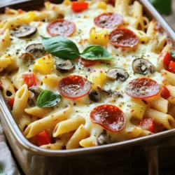 - 2 cups cooked pasta (penne or rotini) - 1 cup marinara sauce - 1 cup pizza sauce - 1 cup mozzarella cheese, shredded - 1 cup pepperoni slices - 1/2 cup bell peppers, diced (red and green) - 1 teaspoon dried oregano - 1 teaspoon garlic powder - Fresh basil leaves for garnish When making Easy Pizza Pasta Bake, you want to choose your main ingredients wisely. Start with cooked pasta, either penne or rotini. They hold sauces well. Next, marinara sauce adds a rich flavor. Pizza sauce brings in that classic pizza taste. Mix them together to create a base that’s both familiar and comforting. For the best pizza experience, add mozzarella cheese. It melts beautifully and gives that gooey texture we all love. Pepperoni slices add a savory bite. Don't forget the bell peppers. They give color and a sweet crunch. Seasoning is key! Dried oregano and garlic powder enhance the flavor of the dish. Fresh basil leaves add a pop of color and freshness. If you want to make this dish even more exciting, consider adding mushrooms or olives. Now you have the full picture of what goes into this dish. For the complete recipe, check the [Full Recipe]. - Preheat your oven to 350°F (175°C). - In a large bowl, combine the cooked pasta, marinara sauce, and pizza sauce. Stir until mixed well. - Add the cheese, pepperoni, bell peppers, mushrooms, and olives to the pasta. - Season with oregano, garlic powder, salt, and pepper. Mix everything until it looks colorful and tasty. - Transfer the mixture to a greased baking dish. Spread it out evenly. - Cover the dish with aluminum foil and bake for 25 minutes. - Remove the foil and bake for another 10 to 15 minutes, until the cheese is bubbly and golden. This dish is fun to make and tastes great. For the full recipe, check the section above. Enjoy your meal! - Best pasta options for baking: I love using penne or rotini. They hold sauce well and add great texture. These shapes allow for a better mix of flavors and make every bite a delight. - How to achieve golden, bubbly cheese: For the best cheese topping, add a bit more mozzarella before baking. This extra layer gives the dish a nice, golden look. Bake it covered first, then uncover for the last part. This helps the cheese get bubbly and brown without drying out the pasta. - Presentation tips for the dish: Serve the pasta bake right from the dish for a cozy look. Add fresh basil on top for a pop of color. It makes the dish feel special and fresh. - Pairing ideas: This bake goes great with a simple side salad or warm breadsticks. A light salad balances the richness and adds freshness. Breadsticks are perfect for dipping into any extra sauce. - Suggestions for additional toppings: You can spice it up with more toppings. Try adding cooked sausage, fresh spinach, or even jalapeños for heat. Each topping adds a unique twist and makes it your own. - How to customize the recipe to your taste: Don’t hesitate to mix flavors. You can swap out sauces, use different cheeses, or even add veggies you love. Make it fun! The more you personalize it, the more you’ll enjoy your meal. For the full recipe, check out the detailed instructions in the recipe section. {{image_2}} You can easily make this dish vegetarian. Swap the pepperoni for your favorite veggies. Bell peppers, mushrooms, and spinach work great. You can also use alternative cheese options. Try using vegan cheese or ricotta for a creamy touch. For a gluten-free version, use gluten-free pasta. There are many options, like rice or chickpea pasta. Make sure to check the sauce labels too. Some sauces contain gluten, so look for certified gluten-free brands. Want to take it up a notch? You can add different meats. Sausage and chicken are great options. They add richness and depth to the dish. Spice it up with red pepper flakes or Italian seasoning. These add heat and extra flavor. Don't be afraid to mix and match! You can create a new favorite every time you make it. For the full recipe, check [Full Recipe]. To store leftovers properly, let the pasta bake cool down. Place it in an airtight container. This keeps the flavors fresh. Use glass or plastic containers that seal well. You can store it in the fridge for up to three days. Freezing the pasta bake is easy. First, let it cool completely. Then, wrap it tightly in plastic wrap. For best results, cover that with aluminum foil. This helps protect it from freezer burn. You can freeze it for up to three months. When ready to eat, thaw it overnight in the fridge. For reheating, the oven works best. Preheat it to 350°F (175°C). Place the pasta bake in a covered dish. Bake for about 20 minutes. This keeps the texture nice. You can also use the microwave for quick reheating. Just make sure to cover it to avoid dryness. Enjoy your cheesy pizza pasta bake warm and delicious! This dish takes about 15 minutes to prep and around 35 minutes to bake. In total, you will spend about 50 minutes from start to finish. This makes it a great option for busy weeknights or family get-togethers. Yes, you can prepare the Easy Pizza Pasta Bake ahead of time. You can mix the pasta with sauces and toppings. Store it in the fridge for up to 24 hours before baking. Just cover it tightly with foil or plastic wrap. If you want to keep it longer, you can freeze it for up to three months. Just thaw it overnight before baking. If you don’t have marinara sauce, you can use several alternatives. Pizza sauce works well because it adds a nice flavor. You can also try Alfredo sauce for a creamy twist. Another option is pesto, which gives the dish a fresh taste. Just make sure the sauce you choose pairs well with the other flavors. Absolutely! You can make the Easy Pizza Pasta Bake dairy-free. Use dairy-free cheese or skip the cheese altogether. For creaminess, consider adding cashew cream or coconut cream. These options keep the dish rich while catering to dietary needs. Just check the labels to ensure they are dairy-free. You now know how to make an Easy Pizza Pasta Bake. With simple ingredients and easy steps, it’s a dish anyone can master. Customize it to fit your taste with different toppings or sauces. Store leftovers correctly for later enjoyment. This recipe is fun to make and share. I hope you enjoy this dish as much as I do. Happy cooking!