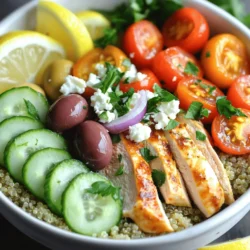 - Chicken breast specifics: Use 1 pound of boneless, skinless chicken breasts. This keeps the meal healthy and tender. - Quinoa and vegetable broth: One cup of quinoa cooked in 2 cups of vegetable broth adds flavor and texture. - Fresh vegetables and toppings: Include a diced cucumber, 1 cup of halved cherry tomatoes, thinly sliced red onion, and Kalamata olives. Top it off with crumbled feta cheese and chopped parsley for color and taste. - Additional spices and herbs: You can add spices like cumin or smoked paprika for more flavor. - Alternative protein options: If you prefer, swap the chicken for salmon or tofu. - Dressings and sauces: Consider a drizzle of tzatziki or a balsamic glaze for extra zest. - Caloric content per serving: Each serving has about 450 calories, making it a balanced meal. - Macronutrient breakdown: The dish provides around 30g of protein, 40g of carbs, and 15g of fat. - Health benefits of the ingredients: This meal is rich in protein and fiber. The fresh veggies offer vitamins and antioxidants, promoting good health. For the complete recipe and detailed instructions, check the Full Recipe. - Ingredients for marination: - 2 tablespoons olive oil - 2 teaspoons dried oregano - 1 teaspoon garlic powder - Salt and pepper to taste To marinate the chicken, mix the olive oil, oregano, garlic powder, salt, and pepper in a bowl. Add the chicken breasts and coat them well. This step adds great flavor. Let the chicken marinate for at least 30 minutes. If you have more time, refrigerate it for up to 2 hours. This makes the chicken juicy and tasty. - Best practices for rinsing quinoa: - Rinse quinoa under cold water to remove bitterness. To cook the quinoa, rinse it well in a fine mesh strainer. This step gets rid of any bitter taste. In a medium pot, bring 2 cups of vegetable broth to a boil. Add 1 cup of rinsed quinoa. Then, reduce the heat to low. Cover and simmer for about 15 minutes. Once the liquid is absorbed, fluff the quinoa with a fork. Set it aside to cool. - Equipment needed for cooking: - Grill or stovetop grill pan Preheat your grill or stovetop grill pan over medium heat. Place the marinated chicken on the grill. Cook it for 6-7 minutes on each side. You want the chicken to reach an internal temperature of 165°F (75°C). A meat thermometer helps with this. After grilling, let the chicken rest for 5 minutes before slicing. This keeps it moist. - Layering ingredients for best presentation: - Start with quinoa, then add chicken and veggies. To assemble the bowls, place a layer of cooked quinoa in each serving bowl. Next, add sliced chicken on top. Then, add diced cucumber, halved cherry tomatoes, thinly sliced red onion, and halved Kalamata olives. Finally, sprinkle crumbled feta cheese on top. - Serving suggestions: Drizzle fresh lemon juice over each bowl. You can also add red wine vinegar for extra flavor. Finish with chopped parsley for a fresh touch. Serve with lemon wedges and a sprig of parsley on the side for a beautiful presentation. For more flavor, consider a scoop of tzatziki sauce on top. Check out the Full Recipe for all the steps! To avoid dry chicken, marinate it well. Use olive oil, oregano, and garlic powder. Let the chicken sit for at least 30 minutes. This helps it soak up flavors and stay moist. Cook it on medium heat. This keeps it juicy and tender. Aim for an internal temperature of 165°F (75°C). For fluffy quinoa, rinse it before cooking. This removes bitter saponins. Use vegetable broth for extra flavor. Bring it to a boil and then reduce the heat. Simmer it for about 15 minutes. Fluff it with a fork after cooking. This adds air and keeps it light. Make-ahead suggestions include cooking chicken and quinoa in advance. Store them in separate containers. You can also chop veggies ahead of time. Keep them fresh in the fridge until ready to serve. This saves time on busy days. For storage tips on leftovers, let the bowls cool first. Transfer them to airtight containers. They can last in the fridge for up to three days. When reheating, add a splash of water to keep the quinoa moist. For an attractive presentation, layer the ingredients neatly in the bowl. Start with quinoa, then add chicken and veggies. Use bright colors to make the bowl pop. Garnish with parsley and lemon wedges. These details make your dish look inviting. Pairing options include serving with tzatziki sauce. This adds creaminess and flavor. You can also enjoy it with a light, crisp white wine. This complements the dish well and enhances the meal experience. For the full recipe, you can refer back to the main recipe section. {{image_2}} You can switch the chicken for other proteins. Salmon, shrimp, or tofu work well. Each option gives a new taste and texture. - Salmon: Grill it with lemon juice for a fresh flavor. - Shrimp: Sauté quickly with garlic for a seafood twist. - Tofu: Marinate and grill for a tasty plant-based choice. For vegetarian needs, use chickpeas or lentils. They add protein and fiber. Spices can change the taste of your bowl. Add paprika for heat or cinnamon for sweetness. - For heat: Try cayenne pepper or red pepper flakes. - For sweetness: Use a dash of honey or cinnamon. You can also use seasonal veggies to keep it fresh. In summer, add zucchini or bell peppers. In winter, try roasted root vegetables. Quinoa is great, but you can swap it out. Rice or couscous are tasty options too. - Rice: Use brown or white rice for a filling base. - Couscous: It cooks quickly and has a nice texture. If you need gluten-free options, try cauliflower rice or lentils. They keep your bowl healthy and satisfying. For the full recipe, check out the complete guide on Greek Chicken Bowls! Greek chicken bowls can last in the fridge for up to four days. To keep them fresh, store the ingredients separately. This way, the flavors stay bright, and the textures remain nice. Place the cooked quinoa in one container and the chicken in another. Keep the veggies in a third container. This method helps maintain crispness and flavor. You can freeze the components of your Greek chicken bowls. First, cool the chicken and quinoa completely. Then, divide them into portions. Use airtight bags or containers for the best results. The chicken and quinoa will last up to three months in the freezer. When you're ready to eat, thaw them in the fridge overnight. To reheat, simply use the microwave or stovetop. To heat your bowls while keeping the texture, use the stovetop. Gently warm the chicken and quinoa in a pan over low heat. Stir frequently to avoid burning. If you use a microwave, cover the bowl with a damp paper towel. This helps keep moisture in. To prevent sogginess, avoid reheating the fresh veggies. Add them in after reheating to keep them crunchy and fresh. To cook quinoa, rinse it well in cold water. This removes any bitter taste. Use a ratio of 1 cup quinoa to 2 cups vegetable broth. Bring the broth to a boil, then add the quinoa. Reduce heat, cover, and simmer for about 15 minutes. Once the liquid is absorbed, fluff it with a fork. This method gives you a light, fluffy texture. Yes, you can use frozen chicken! Thaw the chicken in the fridge overnight for best results. If you need it faster, place the chicken in a sealed bag and submerge it in cold water. After thawing, marinate it as you would fresh chicken. This ensures even flavor and cooking. To add spice, try mixing in a pinch of cayenne pepper or red pepper flakes with the marinade. You could also add diced jalapeños or hot sauce to the bowls. For a smoky flavor, consider using smoked paprika. Adjust the heat to your taste! This article covered how to make delicious Greek chicken bowls. We looked at key ingredients like chicken, quinoa, and fresh veggies. I shared easy steps for marinating, cooking, and assembling the bowls. We discussed tips for storage and meal prep. For your next meal, be creative with flavors and ingredients. Explore different proteins and bases. Enjoy the health benefits while making it your own. These bowls are fun and tasty for everyone.