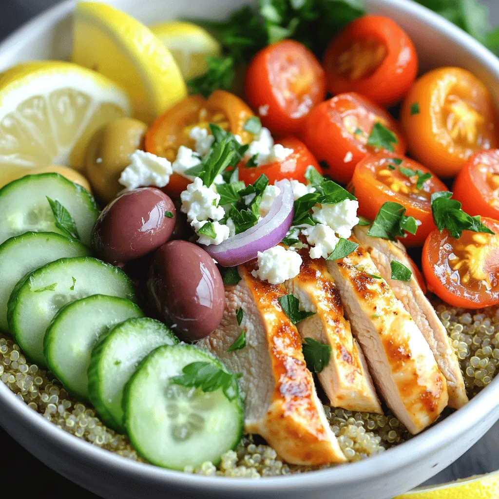 - Chicken breast specifics: Use 1 pound of boneless, skinless chicken breasts. This keeps the meal healthy and tender. - Quinoa and vegetable broth: One cup of quinoa cooked in 2 cups of vegetable broth adds flavor and texture. - Fresh vegetables and toppings: Include a diced cucumber, 1 cup of halved cherry tomatoes, thinly sliced red onion, and Kalamata olives. Top it off with crumbled feta cheese and chopped parsley for color and taste. - Additional spices and herbs: You can add spices like cumin or smoked paprika for more flavor. - Alternative protein options: If you prefer, swap the chicken for salmon or tofu. - Dressings and sauces: Consider a drizzle of tzatziki or a balsamic glaze for extra zest. - Caloric content per serving: Each serving has about 450 calories, making it a balanced meal. - Macronutrient breakdown: The dish provides around 30g of protein, 40g of carbs, and 15g of fat. - Health benefits of the ingredients: This meal is rich in protein and fiber. The fresh veggies offer vitamins and antioxidants, promoting good health. For the complete recipe and detailed instructions, check the Full Recipe. - Ingredients for marination: - 2 tablespoons olive oil - 2 teaspoons dried oregano - 1 teaspoon garlic powder - Salt and pepper to taste To marinate the chicken, mix the olive oil, oregano, garlic powder, salt, and pepper in a bowl. Add the chicken breasts and coat them well. This step adds great flavor. Let the chicken marinate for at least 30 minutes. If you have more time, refrigerate it for up to 2 hours. This makes the chicken juicy and tasty. - Best practices for rinsing quinoa: - Rinse quinoa under cold water to remove bitterness. To cook the quinoa, rinse it well in a fine mesh strainer. This step gets rid of any bitter taste. In a medium pot, bring 2 cups of vegetable broth to a boil. Add 1 cup of rinsed quinoa. Then, reduce the heat to low. Cover and simmer for about 15 minutes. Once the liquid is absorbed, fluff the quinoa with a fork. Set it aside to cool. - Equipment needed for cooking: - Grill or stovetop grill pan Preheat your grill or stovetop grill pan over medium heat. Place the marinated chicken on the grill. Cook it for 6-7 minutes on each side. You want the chicken to reach an internal temperature of 165°F (75°C). A meat thermometer helps with this. After grilling, let the chicken rest for 5 minutes before slicing. This keeps it moist. - Layering ingredients for best presentation: - Start with quinoa, then add chicken and veggies. To assemble the bowls, place a layer of cooked quinoa in each serving bowl. Next, add sliced chicken on top. Then, add diced cucumber, halved cherry tomatoes, thinly sliced red onion, and halved Kalamata olives. Finally, sprinkle crumbled feta cheese on top. - Serving suggestions: Drizzle fresh lemon juice over each bowl. You can also add red wine vinegar for extra flavor. Finish with chopped parsley for a fresh touch. Serve with lemon wedges and a sprig of parsley on the side for a beautiful presentation. For more flavor, consider a scoop of tzatziki sauce on top. Check out the Full Recipe for all the steps! To avoid dry chicken, marinate it well. Use olive oil, oregano, and garlic powder. Let the chicken sit for at least 30 minutes. This helps it soak up flavors and stay moist. Cook it on medium heat. This keeps it juicy and tender. Aim for an internal temperature of 165°F (75°C). For fluffy quinoa, rinse it before cooking. This removes bitter saponins. Use vegetable broth for extra flavor. Bring it to a boil and then reduce the heat. Simmer it for about 15 minutes. Fluff it with a fork after cooking. This adds air and keeps it light. Make-ahead suggestions include cooking chicken and quinoa in advance. Store them in separate containers. You can also chop veggies ahead of time. Keep them fresh in the fridge until ready to serve. This saves time on busy days. For storage tips on leftovers, let the bowls cool first. Transfer them to airtight containers. They can last in the fridge for up to three days. When reheating, add a splash of water to keep the quinoa moist. For an attractive presentation, layer the ingredients neatly in the bowl. Start with quinoa, then add chicken and veggies. Use bright colors to make the bowl pop. Garnish with parsley and lemon wedges. These details make your dish look inviting. Pairing options include serving with tzatziki sauce. This adds creaminess and flavor. You can also enjoy it with a light, crisp white wine. This complements the dish well and enhances the meal experience. For the full recipe, you can refer back to the main recipe section. {{image_2}} You can switch the chicken for other proteins. Salmon, shrimp, or tofu work well. Each option gives a new taste and texture. - Salmon: Grill it with lemon juice for a fresh flavor. - Shrimp: Sauté quickly with garlic for a seafood twist. - Tofu: Marinate and grill for a tasty plant-based choice. For vegetarian needs, use chickpeas or lentils. They add protein and fiber. Spices can change the taste of your bowl. Add paprika for heat or cinnamon for sweetness. - For heat: Try cayenne pepper or red pepper flakes. - For sweetness: Use a dash of honey or cinnamon. You can also use seasonal veggies to keep it fresh. In summer, add zucchini or bell peppers. In winter, try roasted root vegetables. Quinoa is great, but you can swap it out. Rice or couscous are tasty options too. - Rice: Use brown or white rice for a filling base. - Couscous: It cooks quickly and has a nice texture. If you need gluten-free options, try cauliflower rice or lentils. They keep your bowl healthy and satisfying. For the full recipe, check out the complete guide on Greek Chicken Bowls! Greek chicken bowls can last in the fridge for up to four days. To keep them fresh, store the ingredients separately. This way, the flavors stay bright, and the textures remain nice. Place the cooked quinoa in one container and the chicken in another. Keep the veggies in a third container. This method helps maintain crispness and flavor. You can freeze the components of your Greek chicken bowls. First, cool the chicken and quinoa completely. Then, divide them into portions. Use airtight bags or containers for the best results. The chicken and quinoa will last up to three months in the freezer. When you're ready to eat, thaw them in the fridge overnight. To reheat, simply use the microwave or stovetop. To heat your bowls while keeping the texture, use the stovetop. Gently warm the chicken and quinoa in a pan over low heat. Stir frequently to avoid burning. If you use a microwave, cover the bowl with a damp paper towel. This helps keep moisture in. To prevent sogginess, avoid reheating the fresh veggies. Add them in after reheating to keep them crunchy and fresh. To cook quinoa, rinse it well in cold water. This removes any bitter taste. Use a ratio of 1 cup quinoa to 2 cups vegetable broth. Bring the broth to a boil, then add the quinoa. Reduce heat, cover, and simmer for about 15 minutes. Once the liquid is absorbed, fluff it with a fork. This method gives you a light, fluffy texture. Yes, you can use frozen chicken! Thaw the chicken in the fridge overnight for best results. If you need it faster, place the chicken in a sealed bag and submerge it in cold water. After thawing, marinate it as you would fresh chicken. This ensures even flavor and cooking. To add spice, try mixing in a pinch of cayenne pepper or red pepper flakes with the marinade. You could also add diced jalapeños or hot sauce to the bowls. For a smoky flavor, consider using smoked paprika. Adjust the heat to your taste! This article covered how to make delicious Greek chicken bowls. We looked at key ingredients like chicken, quinoa, and fresh veggies. I shared easy steps for marinating, cooking, and assembling the bowls. We discussed tips for storage and meal prep. For your next meal, be creative with flavors and ingredients. Explore different proteins and bases. Enjoy the health benefits while making it your own. These bowls are fun and tasty for everyone.