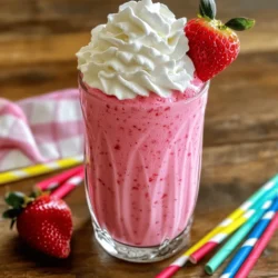 To make a tasty strawberry milkshake, gather these simple ingredients: - 2 cups fresh strawberries, hulled and sliced - 2 cups vanilla ice cream - 1 cup whole milk (or almond milk for a dairy-free option) - 2 tablespoons honey or agave syrup - 1 teaspoon vanilla extract - Whipped cream for topping - Fresh strawberries for garnish If you have dietary needs, you can still enjoy this milkshake. Here are some swaps: - Use coconut milk or oat milk instead of whole milk for dairy-free options. - Choose vegan ice cream to make it fully dairy-free. - Substitute honey with maple syrup for a vegan sweetener. - If you need a low-sugar option, use a sugar substitute or skip the sweetener. Choosing the right strawberries makes a huge difference. Here are some tips: - Look for bright red strawberries with no white patches. - Check for firmness; soft berries may be overripe. - Smell the strawberries; they should have a sweet, fragrant scent. - If possible, buy organic strawberries to avoid pesticides. - Buy strawberries in season for the best flavor, usually in late spring to early summer. With these ingredients and tips, you'll create a delicious and creamy strawberry milkshake! For the full recipe, check out the detailed instructions in the article. To make a great strawberry milkshake, you start with fresh ingredients. Gather your items first. You will need: - 2 cups fresh strawberries, hulled and sliced - 2 cups vanilla ice cream - 1 cup whole milk (or almond milk for a dairy-free option) - 2 tablespoons honey or agave syrup (adjust based on sweetness preference) - 1 teaspoon vanilla extract - Whipped cream for topping - Fresh strawberries for garnish 1. In a blender, combine the fresh strawberries, vanilla ice cream, whole milk, honey (or agave), and vanilla extract. 2. Blend on high speed until the mix is smooth and creamy. 3. Pause to scrape down the sides as needed. This helps blend everything well. 4. If you want a thicker milkshake, add more ice cream. For a thinner shake, add more milk. 5. Taste your milkshake. Adjust sweetness if needed by adding more honey or agave syrup. 6. Pour the milkshake into tall glasses. 7. Top with a generous swirl of whipped cream. Garnish each glass with a fresh strawberry on the rim. Blending is key to a perfect milkshake. Start on a low speed to mix the ingredients gently. Once the mix is combined, switch to high speed. This helps create the creamy texture you want. If you notice lumps, slow down and scrape the sides. Blend again until smooth. Sweetness is a personal choice. If you like it sweeter, add more honey or agave syrup. Make sure to blend after each addition to gauge the flavor. For consistency, remember, more ice cream makes it thick. More milk makes it thin. Adjust until you find your perfect mix! To make a great strawberry milkshake, start with fresh strawberries. Look for berries that are bright red and firm. Rinse them gently to keep their flavor and color. Slice them thinly to help them blend well. Use vanilla ice cream for a rich taste. Whole milk gives a creamy texture, but almond milk also works well. When blending, use high speed until the mix is smooth. Stop to scrape the sides if needed. For a thicker shake, add more ice cream. If it's too thick, pour in a bit more milk. Always taste your shake. Adjust sweetness by adding more honey or syrup if necessary. To make your milkshake even better, add a splash of vanilla extract. It boosts the flavor nicely. You can also mix in a few mint leaves for a fresh twist. If you like chocolate, add some cocoa powder. A spoonful of peanut butter can add great taste too. Feel free to experiment with different fruits. Bananas or blueberries can create a fun mix. Just remember to keep the balance of flavors. You want the strawberry to shine through. Serving your milkshake with flair is key! Use tall glasses to show off the colorful layers. Top each shake with a big swirl of whipped cream. Add a fresh strawberry on the rim for a pretty touch. For a fun detail, sprinkle crushed strawberries on the cream. Using colorful straws adds to the fun. You can even place a few whole berries in the glass. It makes the drink look inviting and fresh. Remember, we eat with our eyes first! Enjoy your Strawberry Dream Milkshake and share the joy of this delightful treat with others. For the full recipe, refer to the earlier section. {{image_2}} You can make a vegan strawberry milkshake easily. Just swap the ice cream for vegan ice cream. Use almond or coconut milk instead of whole milk. This keeps the shake creamy and delicious without any dairy. You can also add a banana for extra creaminess. Blend it all together just like in the full recipe. To lower the calories, pick lighter ingredients. Choose low-fat yogurt instead of ice cream. Use skim milk or unsweetened almond milk in place of whole milk. You can even add a few ice cubes to thicken the shake. This way, you keep the taste while cutting down on calories. Mixing in other fruits can make your milkshake special. Try adding a banana for a creamy texture. Blueberries or raspberries can add a nice twist. You can also use a spoonful of peanut butter for a different flavor. This will make your shake richer and more filling. Experiment with spices like cinnamon or nutmeg for a unique touch. After making your strawberry milkshake, you might have some left. To keep it fresh, pour it into a sealed container. Make sure to leave some space at the top, as the milkshake may expand. Store it in the fridge for up to 24 hours. If you wait too long, it may separate. Just give it a good shake or stir before drinking. Homemade milkshakes taste best fresh, but they can last a bit. When stored in the fridge, enjoy your milkshake within one day. After that, the taste and texture can change. If you notice any odd smells or flavors, it’s best to toss it out. Remember, fresh is always best for a yummy treat! If you want to save extra milkshake for later, freezing is a great choice. Pour your leftover milkshake into ice cube trays or small containers. This makes it easy to grab just what you need. When you’re ready to enjoy, blend the frozen milkshake cubes with a touch of milk. This will bring back its creamy texture. You can also try adding other fruits or flavors for a fun twist! You can use many tasty substitutes. Try yogurt for a creamy texture. Frozen bananas add sweetness and creaminess too. If you want a dairy-free option, coconut ice cream works well. Sorbet is also a good choice for a lighter drink. Each option gives your milkshake a unique flavor. To make a dairy-free strawberry milkshake, swap out the ice cream and milk. Use almond milk or oat milk instead. For the ice cream, you can use coconut milk ice cream or banana ice cream. Just blend the strawberries with your chosen dairy-free ingredients. It tastes great! Strawberries are full of vitamins and minerals. They are high in vitamin C, which helps your immune system. Strawberries also have fiber, which aids digestion. They contain antioxidants that help fight free radicals. Adding strawberries to your milkshake makes it both tasty and healthy! This article covered everything you need for a perfect strawberry milkshake. We explored the ingredients, including alternatives for dietary needs. I shared step-by-step instructions to help you blend it just right. Tips and tricks enhanced the flavor and look. We looked at delicious variations, storage methods, and answered common questions. With these insights, you're ready to enjoy your milkshake however you like it. Embrace your creativity and have fun making this classic treat!
