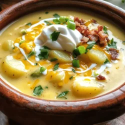 - 4 large russet potatoes - 1 medium onion - 2 cloves garlic - 4 cups vegetable broth - 1 cup heavy cream - 1 cup shredded sharp cheddar cheese - ½ cup sour cream - Optional: 4 strips of cooked turkey bacon The key to my loaded creamy potato soup starts with russet potatoes. They have the perfect starch content for a creamy base. Use medium onion and garlic to build a solid flavor foundation. Sauté these in olive oil to bring out their sweetness. Next, add vegetable broth for a rich taste. The broth should cover the potatoes well to ensure they cook evenly. Heavy cream adds that luxurious texture that makes this soup feel special. For tang, I use sour cream. It balances the richness perfectly. If you want a smoky touch, turkey bacon is a great optional addition. It adds a savory crunch that elevates each bite. - Salt and pepper - 1 tablespoon olive oil - 1 teaspoon dried thyme - 1 teaspoon paprika - Fresh parsley and green onions for garnish Seasoning is essential. I use salt and pepper to enhance the flavors. A tablespoon of olive oil keeps the soup smooth while adding a hint of fruity flavor. Dried thyme gives an earthy note, while paprika adds warmth and color. For garnish, fresh parsley and chopped green onions brighten the dish. They also add a pop of color and freshness. For the Full Recipe, check the detailed instructions to bring these ingredients together into a warm bowl of comfort. Start by making the base for your soup. First, heat 1 tablespoon of olive oil in a large pot over medium heat. Add the chopped onion and minced garlic. Sauté them for about 3 to 4 minutes until the onion is soft and translucent. This step builds a flavorful foundation. Next, add 4 large russet potatoes that you’ve peeled and diced. Pour in 4 cups of vegetable broth, along with 1 teaspoon of dried thyme, 1 teaspoon of paprika, and salt and pepper to taste. Stir everything together and bring the mixture to a boil. Once it boils, lower the heat and let it simmer for 15 to 20 minutes. You want the potatoes to become tender. As the soup simmers, keep an eye on the potatoes. You can check for tenderness by poking them with a fork. They should mash easily. When they are ready, grab a potato masher or an immersion blender. Use it to partially mash the potatoes. This gives the soup a creamy yet chunky texture that feels cozy. Once you have the right texture, stir in 1 cup of heavy cream, or use coconut cream if you prefer a dairy-free option. Bring the soup back to a gentle simmer. Then, add in 1 cup of shredded sharp cheddar cheese and ½ cup of sour cream. Stir until the cheese melts and the soup becomes smooth. Don’t forget to taste your soup! Adjust the seasoning with more salt and pepper if needed. If you want a little crunch, mix in 4 strips of cooked turkey bacon that you’ve crumbled. This step adds a nice texture and flavor boost. Serve your loaded creamy potato soup hot, garnished with chopped green onions and fresh parsley. Enjoy your warm bowl of goodness! For the complete recipe, check out the Full Recipe. To get the right creaminess in your soup, use an immersion blender. This tool helps blend the soup while keeping some potato chunks. If you like a thicker soup, blend more. If you prefer a chunkier texture, blend less. You can even use a regular blender, but let the soup cool a bit first to avoid splatters. To make your soup even tastier, try adding fresh herbs like rosemary or chives. You can also add a pinch of cayenne pepper for a kick. Using homemade vegetable broth can give your soup a rich flavor. Store-bought broth works too, but taste it first to adjust the seasoning. Serve your loaded creamy potato soup in rustic bowls for a cozy feel. Add a sprinkle of cheese and chopped green onions on top for color. A dollop of sour cream adds a nice touch too. Fresh parsley makes the dish look bright and inviting. For a fun twist, try serving with a side of crusty bread. You can find the full recipe earlier in this article. {{image_2}} You can make this soup dairy-free easily. Swap heavy cream for coconut cream. It gives a rich taste without dairy. For cheese, use dairy-free shredded cheese. Look for brands made from nuts or soy. For sour cream, try a cashew-based version or plain coconut yogurt. Both work well in this recipe. If you want to change up the potatoes, try Yukon Gold or red potatoes. They add a different flavor and texture. You can also add veggies for more nutrients. Carrots, celery, or even spinach taste great in this soup. Just chop them small and add them early in the cooking process. They will cook down nicely. For bacon lovers, try different types of bacon. You can use regular pork bacon or even pancetta for a twist. If you want a vegetarian protein, add cooked lentils or chickpeas. They will make the soup hearty and filling. Both options fit well with the creamy base, adding flavor and texture. For the full recipe, check the earlier section. How long does the soup last in the fridge? It lasts about 3 to 5 days. Store it in a sealed container to keep it fresh. What are the proper storing techniques? Let the soup cool to room temperature. Then, pour it into an airtight container. Label the container with the date. This way, you can track how long it’s been stored. What are the best practices for freezing potato soup? You can freeze it for up to 3 months. First, let the soup cool completely. Then, use freezer-safe bags or containers. Leave some space for the soup to expand when it freezes. What are the thawing and reheating tips? To thaw, place the soup in the fridge overnight. For quick thawing, you can microwave it on low. When reheating, do it slowly on the stove. Stir often to keep it smooth. If it seems thick, add a splash of broth or water. For the full recipe, check out the Loaded Creamy Potato Soup section. To thicken your loaded creamy potato soup, you have a few options. Here are some techniques to achieve your desired consistency: - Mash the potatoes: After cooking, use a potato masher to mash some of the potatoes. This adds thickness without losing texture. - Add a roux: Cook equal parts flour and butter together, then stir into the soup. This creates a rich, creamy base. - Use cornstarch: Mix cornstarch with cold water, then stir it into the soup. Let it simmer until thickened. - Add more cream: A little extra heavy cream can also help thicken the soup and add richness. Feel free to mix and match these methods to get the perfect thickness for your soup. Yes, you can make this soup ahead of time! Here’s how to prep and store it for meal prep: - Make it in advance: Cook the soup fully and let it cool. This can save time on busy days. - Storage: Store the soup in an airtight container in the fridge for up to three days. - Freezing: You can freeze the soup for up to three months. Just make sure to leave some room in the container for expansion. - Reheat: When ready to serve, gently reheat the soup on the stove. Stir well and add a splash of cream if needed for smoothness. Making the soup ahead lets the flavors blend even more! Toppings can add great flavor and texture to your potato soup. Here are some popular choices: - Shredded cheese: Cheddar or mozzarella adds a nice melty touch. - Bacon bits: Crumbled turkey bacon or regular bacon gives a crispy bite. - Sour cream: A dollop adds creaminess and a tangy kick. - Green onions: Chopped green onions provide a fresh crunch. - Herbs: Fresh parsley or chives brighten the dish. Feel free to mix and match toppings to suit your taste! This blog post showed you how to make loaded creamy potato soup. We covered essential ingredients, cooking steps, and tips for creaminess. Remember, blending and seasoning are key to a great taste. Explore variations to suit your taste, from dairy-free options to extra proteins. Store your soup well for long-lasting enjoyment and easy reheating. Enjoy making this comforting dish that warms your heart and your home. Happy cooking!