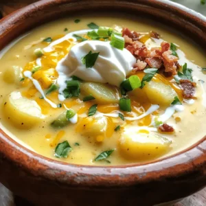 - 4 large russet potatoes - 1 medium onion - 2 cloves garlic - 4 cups vegetable broth - 1 cup heavy cream - 1 cup shredded sharp cheddar cheese - ½ cup sour cream - Optional: 4 strips of cooked turkey bacon The key to my loaded creamy potato soup starts with russet potatoes. They have the perfect starch content for a creamy base. Use medium onion and garlic to build a solid flavor foundation. Sauté these in olive oil to bring out their sweetness. Next, add vegetable broth for a rich taste. The broth should cover the potatoes well to ensure they cook evenly. Heavy cream adds that luxurious texture that makes this soup feel special. For tang, I use sour cream. It balances the richness perfectly. If you want a smoky touch, turkey bacon is a great optional addition. It adds a savory crunch that elevates each bite. - Salt and pepper - 1 tablespoon olive oil - 1 teaspoon dried thyme - 1 teaspoon paprika - Fresh parsley and green onions for garnish Seasoning is essential. I use salt and pepper to enhance the flavors. A tablespoon of olive oil keeps the soup smooth while adding a hint of fruity flavor. Dried thyme gives an earthy note, while paprika adds warmth and color. For garnish, fresh parsley and chopped green onions brighten the dish. They also add a pop of color and freshness. For the Full Recipe, check the detailed instructions to bring these ingredients together into a warm bowl of comfort. Start by making the base for your soup. First, heat 1 tablespoon of olive oil in a large pot over medium heat. Add the chopped onion and minced garlic. Sauté them for about 3 to 4 minutes until the onion is soft and translucent. This step builds a flavorful foundation. Next, add 4 large russet potatoes that you’ve peeled and diced. Pour in 4 cups of vegetable broth, along with 1 teaspoon of dried thyme, 1 teaspoon of paprika, and salt and pepper to taste. Stir everything together and bring the mixture to a boil. Once it boils, lower the heat and let it simmer for 15 to 20 minutes. You want the potatoes to become tender. As the soup simmers, keep an eye on the potatoes. You can check for tenderness by poking them with a fork. They should mash easily. When they are ready, grab a potato masher or an immersion blender. Use it to partially mash the potatoes. This gives the soup a creamy yet chunky texture that feels cozy. Once you have the right texture, stir in 1 cup of heavy cream, or use coconut cream if you prefer a dairy-free option. Bring the soup back to a gentle simmer. Then, add in 1 cup of shredded sharp cheddar cheese and ½ cup of sour cream. Stir until the cheese melts and the soup becomes smooth. Don’t forget to taste your soup! Adjust the seasoning with more salt and pepper if needed. If you want a little crunch, mix in 4 strips of cooked turkey bacon that you’ve crumbled. This step adds a nice texture and flavor boost. Serve your loaded creamy potato soup hot, garnished with chopped green onions and fresh parsley. Enjoy your warm bowl of goodness! For the complete recipe, check out the Full Recipe. To get the right creaminess in your soup, use an immersion blender. This tool helps blend the soup while keeping some potato chunks. If you like a thicker soup, blend more. If you prefer a chunkier texture, blend less. You can even use a regular blender, but let the soup cool a bit first to avoid splatters. To make your soup even tastier, try adding fresh herbs like rosemary or chives. You can also add a pinch of cayenne pepper for a kick. Using homemade vegetable broth can give your soup a rich flavor. Store-bought broth works too, but taste it first to adjust the seasoning. Serve your loaded creamy potato soup in rustic bowls for a cozy feel. Add a sprinkle of cheese and chopped green onions on top for color. A dollop of sour cream adds a nice touch too. Fresh parsley makes the dish look bright and inviting. For a fun twist, try serving with a side of crusty bread. You can find the full recipe earlier in this article. {{image_2}} You can make this soup dairy-free easily. Swap heavy cream for coconut cream. It gives a rich taste without dairy. For cheese, use dairy-free shredded cheese. Look for brands made from nuts or soy. For sour cream, try a cashew-based version or plain coconut yogurt. Both work well in this recipe. If you want to change up the potatoes, try Yukon Gold or red potatoes. They add a different flavor and texture. You can also add veggies for more nutrients. Carrots, celery, or even spinach taste great in this soup. Just chop them small and add them early in the cooking process. They will cook down nicely. For bacon lovers, try different types of bacon. You can use regular pork bacon or even pancetta for a twist. If you want a vegetarian protein, add cooked lentils or chickpeas. They will make the soup hearty and filling. Both options fit well with the creamy base, adding flavor and texture. For the full recipe, check the earlier section. How long does the soup last in the fridge? It lasts about 3 to 5 days. Store it in a sealed container to keep it fresh. What are the proper storing techniques? Let the soup cool to room temperature. Then, pour it into an airtight container. Label the container with the date. This way, you can track how long it’s been stored. What are the best practices for freezing potato soup? You can freeze it for up to 3 months. First, let the soup cool completely. Then, use freezer-safe bags or containers. Leave some space for the soup to expand when it freezes. What are the thawing and reheating tips? To thaw, place the soup in the fridge overnight. For quick thawing, you can microwave it on low. When reheating, do it slowly on the stove. Stir often to keep it smooth. If it seems thick, add a splash of broth or water. For the full recipe, check out the Loaded Creamy Potato Soup section. To thicken your loaded creamy potato soup, you have a few options. Here are some techniques to achieve your desired consistency: - Mash the potatoes: After cooking, use a potato masher to mash some of the potatoes. This adds thickness without losing texture. - Add a roux: Cook equal parts flour and butter together, then stir into the soup. This creates a rich, creamy base. - Use cornstarch: Mix cornstarch with cold water, then stir it into the soup. Let it simmer until thickened. - Add more cream: A little extra heavy cream can also help thicken the soup and add richness. Feel free to mix and match these methods to get the perfect thickness for your soup. Yes, you can make this soup ahead of time! Here’s how to prep and store it for meal prep: - Make it in advance: Cook the soup fully and let it cool. This can save time on busy days. - Storage: Store the soup in an airtight container in the fridge for up to three days. - Freezing: You can freeze the soup for up to three months. Just make sure to leave some room in the container for expansion. - Reheat: When ready to serve, gently reheat the soup on the stove. Stir well and add a splash of cream if needed for smoothness. Making the soup ahead lets the flavors blend even more! Toppings can add great flavor and texture to your potato soup. Here are some popular choices: - Shredded cheese: Cheddar or mozzarella adds a nice melty touch. - Bacon bits: Crumbled turkey bacon or regular bacon gives a crispy bite. - Sour cream: A dollop adds creaminess and a tangy kick. - Green onions: Chopped green onions provide a fresh crunch. - Herbs: Fresh parsley or chives brighten the dish. Feel free to mix and match toppings to suit your taste! This blog post showed you how to make loaded creamy potato soup. We covered essential ingredients, cooking steps, and tips for creaminess. Remember, blending and seasoning are key to a great taste. Explore variations to suit your taste, from dairy-free options to extra proteins. Store your soup well for long-lasting enjoyment and easy reheating. Enjoy making this comforting dish that warms your heart and your home. Happy cooking!