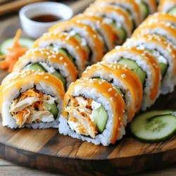 - Sushi rice and chicken base - 2 cups cooked sushi rice - 1 lb grilled chicken breast, shredded Sushi rice is key for great rolls. It should be sticky and slightly warm. You can use short-grain rice, which works best. Shredded chicken gives the rolls flavor and protein. - Identifying the right buffalo sauce - 1/2 cup buffalo sauce (adjust to taste) Choose a buffalo sauce that fits your spice level. Some sauces are mild, while others are hot. Taste before you use it to find your favorite. - Additional ingredients for texture and flavor - 1/2 cup cream cheese, softened - 1/4 cup green onions, sliced - 1/2 cup shredded carrots - 1 large cucumber, cut into thin strips - 4 sheets nori (seaweed) - Sesame seeds for garnish - Soy sauce for serving Cream cheese adds creaminess. Green onions bring a fresh taste. Shredded carrots add crunch, while cucumber gives a nice bite. Nori wraps everything together. Don’t forget soy sauce for dipping! For the full recipe, check the instructions carefully to make these tasty sushi rolls. First, cook 2 cups of sushi rice according to the package. Use water for the right texture. Once cooked, let it cool for about 10 minutes. This cooling step is key. It keeps the rice sticky but not too hot to handle. The perfect sushi rice feels firm yet tender. It should not be mushy or dry. While the rice cools, shred 1 pound of grilled chicken breast. In a bowl, mix the chicken with 1/2 cup of buffalo sauce. You can adjust the sauce for more or less heat. If you like spice, add more buffalo sauce. If you prefer mild, use less. This mix gives a great kick to your sushi. Now, grab a bamboo sushi mat. Place a sheet of nori, shiny side down, on the mat. With wet hands, spread about 1 cup of sushi rice over the nori. Leave a 1-inch border at the top. In the center, add the buffalo chicken mix, 1/2 cup cream cheese, sliced green onions, shredded carrots, and cucumber strips. Start rolling from the bottom edge. Roll it tightly, but not too tight. Wet the nori edge with water to seal the roll. Use a sharp knife to slice the roll into 6-8 pieces. Wipe the knife with a damp cloth between cuts. This helps keep the edges clean. For a fun tailgate look, arrange the sushi rolls on a platter and sprinkle sesame seeds on top. Serve with soy sauce on the side for dipping. Enjoy this fun and flavorful dish! To make tight sushi rolls, use a bamboo mat. This helps control the shape. Start by spreading the rice evenly on the nori. Leave a small edge at the top to seal the roll. Wet your hands to prevent the rice from sticking. When rolling, apply gentle pressure. Avoid squeezing too hard, as this can break the roll. A common mistake is overstuffing. Too much filling makes it hard to roll properly. To fix this, use less filling and keep your layers thin. Buffalo chicken sushi rolls pair well with fresh veggies. Serve with carrot sticks or cucumber slices for crunch. You can also add a side of ranch or blue cheese dressing for dipping. For a nice touch, layer the rolls on a platter. Sprinkle sesame seeds on top to make them look fancy. Use small bowls for soy sauce, so guests can easily dip their rolls. If you need to serve more people, just double the recipe. Make sure you have enough rice and chicken. You can prep the chicken and rice ahead of time. Keep the sushi rolls fresh by covering them with a damp cloth. This keeps the nori from drying out. If you plan to make the rolls in advance, store them in the fridge, but enjoy them within a day for the best taste. {{image_2}} You can easily adapt this recipe for different diets. For a gluten-free option, use gluten-free soy sauce. This keeps the taste while making it safe for those with gluten issues. You can also swap out the cream cheese for a dairy-free option. Use a vegan cream cheese or avocado to keep it creamy and rich. For a vegetarian version, replace the chicken with marinated tofu or tempeh. Add extra veggies like bell peppers or snap peas for crunch. The beauty of sushi rolls lies in their versatility. You can switch up the sauces to suit your taste. Try using ranch dressing for a creamy twist. If you want more heat, add sriracha or a spicy mayo. You can also mix in different ingredients. For a fresh taste, add mango or pineapple chunks. These fruits balance the spice of the buffalo sauce. Remember, you can customize these rolls to fit any flavor profile you enjoy. Tailgate Buffalo Chicken Sushi Rolls are all about your personal touch! If you want to dive deeper into the details, check the Full Recipe for more ideas. To keep your sushi rolls fresh, wrap them tightly in plastic wrap. This helps to prevent air from drying them out. Store the wrapped rolls in an airtight container in the fridge. Sushi can last for about two days in the refrigerator. When you want to enjoy your leftover sushi, avoid using a microwave. The microwave can make the rice mushy. Instead, place the rolls in a pan on low heat. Cover the pan with a lid to keep moisture in. This method keeps the rolls fresh and tasty. For best results, eat the sushi cold rather than reheating. Cold sushi offers a nice crunch and keeps the flavors bright. Yes, you can make sushi rolls ahead of time. I recommend rolling them a few hours before your event. This helps them stay fresh. Store the rolls in the fridge. Use plastic wrap to keep them moist. Just remember, sushi tastes best when it’s fresh. If you cannot find sushi rice, use short-grain rice as a substitute. It has a similar texture and stickiness. Quinoa is another great option. It adds a nutty flavor and is gluten-free. You can also try brown rice for a healthier twist. Just keep in mind that cooking times may vary. For a fun presentation, cut the rolls into bite-sized pieces. Arrange them on a colorful platter. Add small bowls of soy sauce for dipping. You can also garnish with sesame seeds and sliced green onions. This makes them look even more appealing and tasty! Nori is generally safe for most people. However, some may have allergies to seaweed. If you have a gluten-free diet, check the brand of nori. Some brands may add glutenous ingredients. Always read the label to ensure it's safe for your diet. In this post, we explored how to make tasty buffalo chicken sushi rolls. You learned about key ingredients, like sushi rice and buffalo sauce. I shared step-by-step instructions for preparing, assembling, and serving your rolls. Plus, I covered tips to perfect your sushi and variations for different diets. With these insights, you can impress guests at your next gathering. Enjoy creating and sharing your own delicious sushi rolls!