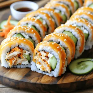 - Sushi rice and chicken base - 2 cups cooked sushi rice - 1 lb grilled chicken breast, shredded Sushi rice is key for great rolls. It should be sticky and slightly warm. You can use short-grain rice, which works best. Shredded chicken gives the rolls flavor and protein. - Identifying the right buffalo sauce - 1/2 cup buffalo sauce (adjust to taste) Choose a buffalo sauce that fits your spice level. Some sauces are mild, while others are hot. Taste before you use it to find your favorite. - Additional ingredients for texture and flavor - 1/2 cup cream cheese, softened - 1/4 cup green onions, sliced - 1/2 cup shredded carrots - 1 large cucumber, cut into thin strips - 4 sheets nori (seaweed) - Sesame seeds for garnish - Soy sauce for serving Cream cheese adds creaminess. Green onions bring a fresh taste. Shredded carrots add crunch, while cucumber gives a nice bite. Nori wraps everything together. Don’t forget soy sauce for dipping! For the full recipe, check the instructions carefully to make these tasty sushi rolls. First, cook 2 cups of sushi rice according to the package. Use water for the right texture. Once cooked, let it cool for about 10 minutes. This cooling step is key. It keeps the rice sticky but not too hot to handle. The perfect sushi rice feels firm yet tender. It should not be mushy or dry. While the rice cools, shred 1 pound of grilled chicken breast. In a bowl, mix the chicken with 1/2 cup of buffalo sauce. You can adjust the sauce for more or less heat. If you like spice, add more buffalo sauce. If you prefer mild, use less. This mix gives a great kick to your sushi. Now, grab a bamboo sushi mat. Place a sheet of nori, shiny side down, on the mat. With wet hands, spread about 1 cup of sushi rice over the nori. Leave a 1-inch border at the top. In the center, add the buffalo chicken mix, 1/2 cup cream cheese, sliced green onions, shredded carrots, and cucumber strips. Start rolling from the bottom edge. Roll it tightly, but not too tight. Wet the nori edge with water to seal the roll. Use a sharp knife to slice the roll into 6-8 pieces. Wipe the knife with a damp cloth between cuts. This helps keep the edges clean. For a fun tailgate look, arrange the sushi rolls on a platter and sprinkle sesame seeds on top. Serve with soy sauce on the side for dipping. Enjoy this fun and flavorful dish! To make tight sushi rolls, use a bamboo mat. This helps control the shape. Start by spreading the rice evenly on the nori. Leave a small edge at the top to seal the roll. Wet your hands to prevent the rice from sticking. When rolling, apply gentle pressure. Avoid squeezing too hard, as this can break the roll. A common mistake is overstuffing. Too much filling makes it hard to roll properly. To fix this, use less filling and keep your layers thin. Buffalo chicken sushi rolls pair well with fresh veggies. Serve with carrot sticks or cucumber slices for crunch. You can also add a side of ranch or blue cheese dressing for dipping. For a nice touch, layer the rolls on a platter. Sprinkle sesame seeds on top to make them look fancy. Use small bowls for soy sauce, so guests can easily dip their rolls. If you need to serve more people, just double the recipe. Make sure you have enough rice and chicken. You can prep the chicken and rice ahead of time. Keep the sushi rolls fresh by covering them with a damp cloth. This keeps the nori from drying out. If you plan to make the rolls in advance, store them in the fridge, but enjoy them within a day for the best taste. {{image_2}} You can easily adapt this recipe for different diets. For a gluten-free option, use gluten-free soy sauce. This keeps the taste while making it safe for those with gluten issues. You can also swap out the cream cheese for a dairy-free option. Use a vegan cream cheese or avocado to keep it creamy and rich. For a vegetarian version, replace the chicken with marinated tofu or tempeh. Add extra veggies like bell peppers or snap peas for crunch. The beauty of sushi rolls lies in their versatility. You can switch up the sauces to suit your taste. Try using ranch dressing for a creamy twist. If you want more heat, add sriracha or a spicy mayo. You can also mix in different ingredients. For a fresh taste, add mango or pineapple chunks. These fruits balance the spice of the buffalo sauce. Remember, you can customize these rolls to fit any flavor profile you enjoy. Tailgate Buffalo Chicken Sushi Rolls are all about your personal touch! If you want to dive deeper into the details, check the Full Recipe for more ideas. To keep your sushi rolls fresh, wrap them tightly in plastic wrap. This helps to prevent air from drying them out. Store the wrapped rolls in an airtight container in the fridge. Sushi can last for about two days in the refrigerator. When you want to enjoy your leftover sushi, avoid using a microwave. The microwave can make the rice mushy. Instead, place the rolls in a pan on low heat. Cover the pan with a lid to keep moisture in. This method keeps the rolls fresh and tasty. For best results, eat the sushi cold rather than reheating. Cold sushi offers a nice crunch and keeps the flavors bright. Yes, you can make sushi rolls ahead of time. I recommend rolling them a few hours before your event. This helps them stay fresh. Store the rolls in the fridge. Use plastic wrap to keep them moist. Just remember, sushi tastes best when it’s fresh. If you cannot find sushi rice, use short-grain rice as a substitute. It has a similar texture and stickiness. Quinoa is another great option. It adds a nutty flavor and is gluten-free. You can also try brown rice for a healthier twist. Just keep in mind that cooking times may vary. For a fun presentation, cut the rolls into bite-sized pieces. Arrange them on a colorful platter. Add small bowls of soy sauce for dipping. You can also garnish with sesame seeds and sliced green onions. This makes them look even more appealing and tasty! Nori is generally safe for most people. However, some may have allergies to seaweed. If you have a gluten-free diet, check the brand of nori. Some brands may add glutenous ingredients. Always read the label to ensure it's safe for your diet. In this post, we explored how to make tasty buffalo chicken sushi rolls. You learned about key ingredients, like sushi rice and buffalo sauce. I shared step-by-step instructions for preparing, assembling, and serving your rolls. Plus, I covered tips to perfect your sushi and variations for different diets. With these insights, you can impress guests at your next gathering. Enjoy creating and sharing your own delicious sushi rolls!