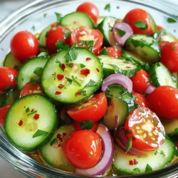 You need just a few fresh items for this zesty dish: - 2 large cucumbers, thinly sliced - 2 cups cherry tomatoes, halved - 1/4 red onion, thinly sliced - 1/4 cup fresh parsley, chopped - 1/4 cup olive oil - 3 tablespoons apple cider vinegar - 1 tablespoon honey - 1 teaspoon dried oregano - Salt and pepper to taste - 1/4 teaspoon red pepper flakes (optional for heat) These ingredients work together to create a bright, refreshing flavor. The cucumbers bring a crisp texture. The tomatoes add sweetness. The red onion gives a nice bite. Fresh parsley brightens everything up. Olive oil and vinegar create a tangy dressing. Honey balances the acidity, while oregano adds depth. Salt and pepper enhance all the flavors. Red pepper flakes give an optional kick. I love how easy this salad is to make. You can find all these ingredients at your local store. Mix them together, and you have a dish that shines at any meal. For the full recipe, check out the provided link. To start, gather your fresh ingredients. You will need: - 2 large cucumbers, thinly sliced - 2 cups cherry tomatoes, halved - 1/4 red onion, thinly sliced In a large mixing bowl, combine the sliced cucumbers, halved cherry tomatoes, and red onion. This colorful mix sets the stage for a zesty salad. Next, prepare the dressing in a separate bowl. You will need: - 1/4 cup olive oil - 3 tablespoons apple cider vinegar - 1 tablespoon honey - 1 teaspoon dried oregano - Salt and pepper to taste - 1/4 teaspoon red pepper flakes (optional for heat) Whisk together the olive oil, apple cider vinegar, honey, dried oregano, salt, pepper, and red pepper flakes, if using. This dressing adds a bright kick. Now, pour the dressing over the cucumber and tomato mixture. Gently toss to coat all the vegetables evenly. Finally, add in 1/4 cup chopped fresh parsley and toss lightly again. This adds a fresh note to the dish. Cover the bowl with plastic wrap or transfer it to an airtight container. Refrigerate the salad for at least 30 minutes. This time allows the flavors to blend and deepen. For optimal flavor infusion, consider these tips: - Use fresh ingredients for the best taste. - Allow more time to marinate if you prefer stronger flavors. Before serving, give the salad another gentle toss. Taste it and adjust the seasoning. Add more salt, pepper, or even a touch of honey if you like. This dish is now ready. Enjoy the fresh flavors of zesty marinated cucumbers and tomatoes! For the complete recipe, check [Full Recipe]. To get the best texture in your salad, slice cucumbers and tomatoes properly. For cucumbers, use a sharp knife to cut thin slices. Thin slices help them stay crisp. For cherry tomatoes, cut them in half. This exposes their juicy inside and adds flavor. You can boost flavor by adding fresh herbs like dill or basil. Chopped mint also works well. If you want a stronger taste, try adding garlic powder or crushed garlic. Making the dressing ahead of time helps flavors develop. Whisk the dressing and store it in the fridge. This way, you save time and add even more taste. To serve your salad nicely, use a clear glass bowl. This shows off the bright colors of the cucumbers and tomatoes. You can also layer the salad with parsley on top. This adds a fresh touch. Serve it next to grilled meats or fish for a beautiful meal. For a fun garnish, sprinkle sesame seeds or sunflower seeds on top. They add a nice crunch and look great! For the complete recipe, check out the [Full Recipe]. {{image_2}} You can switch up the main ingredients in your dish. If cucumbers are not in season, try using zucchini or bell peppers. For tomatoes, you can use diced avocados or roasted red peppers, giving a new twist. Adding protein makes this dish even better. Feta cheese adds a creamy texture, while chickpeas add heartiness. Either choice boosts flavor and nutrition. The dressing can change the whole vibe of your salad. Use balsamic vinegar instead of apple cider for a richer taste. You can also try rice vinegar for a milder flavor. Sweeten with maple syrup or agave instead of honey. Want some zing? Add minced garlic or a squeeze of fresh lemon juice. This way, you create layers of flavor that excite your taste buds. As the seasons change, so can your salad. In summer, add fresh basil or mint for a refreshing touch. In fall, consider roasted squash for warmth. For winter, add hearty greens like kale or spinach. Each season brings new flavors, making your marinated salad suitable for any occasion. To store your zesty marinated cucumbers and tomatoes, place them in an airtight container. This helps keep moisture in and air out. Make sure to cover the container tightly. You want to preserve that fresh flavor. The salad stays good in the fridge for about 3 to 5 days. After that, the taste may change. Can you freeze the marinated salad? I don’t recommend it. Freezing can make the cucumbers and tomatoes mushy. If you want to prepare for future meals, consider storing just the dressing separately. You can mix the fresh vegetables right before serving for the best taste. This keeps your salad crisp and bright. How long can I marinate cucumbers and tomatoes? You can marinate cucumbers and tomatoes for 30 minutes to 2 hours. The longer you marinate, the better the flavors mix. I recommend not exceeding 2 hours to keep the veggies crisp. Can I make this salad a day ahead? Yes, you can prepare this salad a day in advance. However, the cucumbers might soften a bit. If you want them crunchy, try marinating just for a few hours before serving. What can I use instead of apple cider vinegar? If you don’t have apple cider vinegar, use white wine vinegar or rice vinegar. Both will give a nice tang. You can also use lemon juice for a fresh twist. Are there alternatives for honey in the recipe? Yes, you can swap honey for maple syrup or agave syrup. Both options will add sweetness. If you prefer a sugar-free option, try a sugar substitute like stevia. What dishes pair well with zesty marinated cucumbers and tomatoes? This salad goes great with grilled chicken, fish, or burgers. It adds a fresh touch to any meal. You can also serve it alongside a hearty grain bowl for a complete dish. How to serve it as a main dish rather than a side? To make it a main dish, add some protein. Grilled shrimp, feta cheese, or chickpeas work well. Toss in some quinoa or brown rice for a filling meal. Enjoy the vibrant flavors! This blog post shared a simple recipe for zesty marinated cucumbers and tomatoes. We covered ingredients, step-by-step instructions, and helpful tips for perfecting flavors and presentation. You can also explore variations and storage options for maximum freshness. Remember, this dish is flexible. Feel free to swap ingredients or tweak the dressing to match your taste. Enjoy your cooking, and savor every bite of your vibrant, refreshing salad!