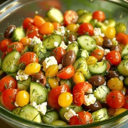 This Cucumber Feta Salad is fresh and simple. It takes just 10 minutes to prep. You will enjoy bright flavors and colorful ingredients. This salad serves four people, making it perfect for sharing. - 2 large cucumbers, diced - 1 cup crumbled feta cheese - 1 cup cherry tomatoes, halved - 1/4 red onion, finely chopped - 1/2 cup Kalamata olives, pitted and sliced - 3 tablespoons olive oil - 2 tablespoons red wine vinegar (or apple cider vinegar) - 1 tablespoon fresh dill, chopped (or 1 teaspoon dried dill) - Salt and pepper to taste These fresh ingredients bring the salad to life. The cucumbers offer a cool crunch. Feta adds creaminess and saltiness. Cherry tomatoes add sweetness. Red onion gives a sharp bite, while olives add a rich flavor. You can customize this salad to suit your taste. Here are some ideas: - Add bell peppers for more color. - Toss in avocado for creaminess. - Use different herbs like parsley or basil. - Swap Kalamata olives with green olives for a different taste. Feel free to mix and match! You can create your own unique version of this Cucumber Feta Salad. For the full recipe, check out the details above. Start by rinsing your cucumbers under cool water. This helps remove any dirt. Next, dice the cucumbers into bite-sized pieces. You can peel them if you like a softer bite. I find that leaving the skin on adds a nice crunch and color. Once diced, place them in a large mixing bowl. Now, it's time to combine your ingredients. In the same bowl with the cucumbers, add the halved cherry tomatoes, finely chopped red onion, sliced Kalamata olives, and crumbled feta cheese. Be gentle as you mix to keep the feta intact. This salad looks great with all these colorful ingredients. For the dressing, take a small bowl and whisk together 3 tablespoons of olive oil and 2 tablespoons of red wine vinegar. If you prefer, you can use apple cider vinegar instead. Add in 1 tablespoon of chopped fresh dill, salt, and pepper. Mix it well until everything is combined. Drizzle the dressing over your salad. Toss gently to coat all the ingredients. Let the salad sit in the fridge for about 15 minutes. This helps the flavors blend together nicely. For the full recipe, check the detailed instructions. To keep your salad fresh, mix gently. You want to combine the flavors, not break the feta. Use a large spoon or spatula. Start with the cucumbers and tomatoes, then add the feta last. This keeps the cheese intact and the salad pretty. To boost the taste, use quality olive oil and fresh herbs. Fresh dill adds a bright note. You can also try adding a squeeze of lemon juice for zing. If you like a little spice, add a pinch of red pepper flakes. Taste as you go, and adjust the salt and pepper for balance. For a stunning display, serve your salad in a clear bowl. This shows off the bright colors of the tomatoes and cucumbers. Top it with extra feta and a sprinkle of dill for a lovely finish. Consider serving it with toasted pita chips for a crunchy side. Enjoy making your Cucumber Feta Salad a feast for the eyes! {{image_2}} You can easily swap ingredients in this salad. If you don't like feta, try goat cheese. It has a tangy taste that works well. You can also replace Kalamata olives with green olives for a milder flavor. If you want a crunch, consider adding diced bell peppers instead of red onion. This change adds color and a slight sweetness. Seasonal fruits and veggies can brighten your salad. In summer, add ripe peaches or juicy watermelon. These fruits bring sweetness and freshness. In fall, try adding diced apples or pears. They add a nice crunch and sweetness, too. You can also toss in some roasted pumpkin seeds for extra texture and flavor. Want a vegan version? Skip the feta and use tofu instead. Crumble firm tofu and add a squeeze of lemon juice. This gives it a tangy flavor. For a creamy dressing, blend soaked cashews with lemon juice and a bit of garlic. This will create a rich and smooth dressing for your salad. For the full recipe, check out the Cool Cucumber Feta Delight to explore the basic ingredients and instructions. To keep your Cucumber Feta Salad fresh, place it in an airtight container. This helps keep the flavors intact and prevents any odors from your fridge from seeping in. If you don't have an airtight container, wrap the salad tightly in plastic wrap. Always store it in the fridge. You can safely keep your Cucumber Feta Salad in the fridge for about 3 days. After three days, the cucumbers may become soggy, and the flavors will fade. For the best taste, enjoy it within this time frame. If you notice any off smells or changes in texture, it's best to discard it. This salad is best served cold and does not require reheating. If it has been in the fridge, just give it a gentle stir before serving. This will help redistribute the dressing and flavors. If you prefer to serve it at room temperature, let it sit out for about 15 minutes before serving. Enjoy your fresh and flavorful dish! For the full recipe, check out the Cool Cucumber Feta Delight. Cucumber Feta Salad can last for three to four days in the fridge. Keep it in an airtight container. The cucumbers remain crisp, but the flavors blend nicely over time. However, for the best taste, eat it within the first two days. Yes, you can prepare this salad ahead of time. Just make the salad and store it in the fridge. I recommend adding the dressing just before serving. This way, the cucumbers stay fresh and crunchy. You can add many tasty ingredients to make this salad your own. Consider adding: - Avocado for creaminess - Bell peppers for extra crunch - Chickpeas for protein - Fresh herbs like parsley or mint for a flavor boost - Nuts like walnuts for a nice texture Feel free to mix and match! Each addition brings a new twist to the salad. For the full recipe, check out Cool Cucumber Feta Delight. This blog post covered a great Cucumber Feta Salad recipe. You learned about fresh and optional ingredients. We discussed step-by-step instructions for preparation and dressing. Tips for mixing and presentation helped enhance your dish. Variations allow for personal touches, like vegan options. Finally, storing leftovers properly keeps the salad fresh. Try this salad and enjoy its fresh flavors!