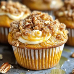 - 1 ½ cups all-purpose flour - 1 teaspoon baking powder - 1 teaspoon baking soda - ½ teaspoon salt - 1 teaspoon ground cinnamon - ½ teaspoon ground nutmeg - ½ teaspoon ginger powder - 1 cup canned pumpkin puree - ½ cup vegetable oil - 2 large eggs - 1 teaspoon vanilla extract - 4 oz cream cheese, softened - 1 tablespoon powdered sugar - ¼ cup flour - ¼ cup brown sugar, packed - 2 tablespoons softened butter - ½ cup chopped pecans (optional) To make these Streusel Pumpkin Cream Cheese Muffins, you need a mix of dry and wet ingredients. The dry ingredients include flour, baking powder, baking soda, salt, and warm spices like cinnamon, nutmeg, and ginger. These spices add warmth and flavor to the muffins. For the wet ingredients, canned pumpkin puree is key. It keeps the muffins moist and brings that classic pumpkin taste. Vegetable oil adds richness, while eggs and vanilla extract help bind everything together. Next, we prepare the cream cheese filling and streusel topping. The cream cheese and powdered sugar create a sweet, creamy center that contrasts nicely with the spiced muffin. The streusel topping, made from flour, brown sugar, butter, and pecans, adds a crunchy texture. If you like nuts, toss in some chopped pecans for extra flavor. You can find the full recipe and detailed steps to bring these delightful muffins to life. Enjoy the blend of flavors and the joy they bring to any occasion! First, preheat your oven to 350°F (175°C). This step gets your oven ready for baking. Next, line a muffin tin with paper liners or lightly grease it. This keeps your muffins from sticking. Now, let’s mix the dry ingredients. In a medium bowl, whisk together: - 1 ½ cups all-purpose flour - 1 teaspoon baking powder - 1 teaspoon baking soda - ½ teaspoon salt - 1 teaspoon ground cinnamon - ½ teaspoon ground nutmeg - ½ teaspoon ginger powder Set this bowl aside. In a large mixing bowl, combine: - ½ cup granulated sugar - ½ cup brown sugar, packed - 1 cup canned pumpkin puree - ½ cup vegetable oil - 2 large eggs - 1 teaspoon vanilla extract Mix all these until well blended and smooth. Gradually add the dry mix to the wet mix. Stir gently until just combined. A few lumps are okay. Now, let's fill the muffin liners. Fill each liner halfway with the pumpkin batter. Add about 1 teaspoon of the cream cheese mixture in the middle of each muffin. Top it with the remaining batter until the liners are about ¾ full. For the streusel topping, mix together in a small bowl: - ¼ cup flour - ¼ cup brown sugar - 2 tablespoons softened butter Use a fork or your fingers to mix until crumbly. If you want, mix in ½ cup chopped pecans for crunch. Sprinkle this topping over each muffin. Bake your muffins in the preheated oven for about 20-22 minutes. Check for doneness by inserting a toothpick in the center. It should come out clean. Once baked, allow the muffins to cool in the tin for 5 minutes. After that, transfer them to a wire rack to cool completely. Enjoy these delightful muffins warm or at room temperature. To bake perfect muffins, always check your oven temperature. An oven thermometer helps ensure accuracy. Preheat your oven to 350°F (175°C) before you start mixing. This step is key for proper rising. Avoid overmixing the batter. Mix just until combined. A few lumps are okay. Overmixing can make muffins dense and tough. Stir gently to keep them light and fluffy. For a lovely touch, serve your muffins warm. A drizzle of honey or maple syrup adds sweetness and shine. You can also sprinkle a bit of cinnamon on top for extra flavor and visual appeal. Garnish the muffins with chopped pecans or a dusting of powdered sugar. These small touches make a big difference in how they look on the plate. Store your muffins in an airtight container. This keeps them fresh for up to three days. For longer storage, freeze them. Wrap each muffin in plastic wrap, then place them in a freezer bag. To reheat, simply microwave for 15-20 seconds. This warms them up without drying them out. Enjoy your delicious treats any time! {{image_2}} You can change up the flavors in your muffins for fun. Adding chocolate chips brings a sweet twist. Try using dark chocolate for a rich taste. Dried fruits, like raisins or cranberries, add chewiness and a hint of tartness. They pair well with the pumpkin flavor. You could also add different nuts or seeds to the batter. Walnuts or sunflower seeds add crunch and healthy fats. If you want gluten-free muffins, swap the all-purpose flour with a gluten-free mix. Many options exist, and they work well in this recipe. For a vegan twist, you can replace the eggs. Use flax eggs made from ground flaxseed and water. You can also use vegan cream cheese in place of regular cream cheese. These changes help everyone enjoy this treat. Make your muffins special for the season by adding cranberries or apple chunks. These fruits add freshness and flavor. You can also use fall spices, like allspice or cardamom, to enhance the taste. Mixing in these seasonal items makes the muffins exciting and new. It’s a great way to celebrate the flavors of autumn. For the full recipe, check out the details above. To enjoy your Streusel Pumpkin Cream Cheese Muffins, I suggest pairing them with drinks like coffee or tea. The warm spices in the muffins blend well with both beverages. For brunch, serve these muffins with a light fruit salad or yogurt. This adds freshness and contrast to the rich muffins. These muffins shine at many occasions. They are perfect for holidays like Thanksgiving or Halloween. You can also serve them at family gatherings or cozy brunches. If you want to prep meals, these muffins make a great breakfast or snack. They are easy to grab and satisfying to eat. Get creative with how you serve these muffins! You can make muffin parfaits by layering chopped muffins with yogurt and fruit. This is a fun twist that adds color and texture. You can also use leftover muffins in recipes like crumbles. Just crumble them on top of fruit and bake for a delicious dessert. For more details, check out the Full Recipe. How to make Streusel Pumpkin Cream Cheese Muffins? To make these muffins, you start by mixing dry and wet ingredients. Combine flour, baking powder, baking soda, salt, and spices in one bowl. In another bowl, mix pumpkin puree, sugars, oil, eggs, and vanilla. Then, blend these two mixtures together gently. Next, prepare the cream cheese filling by mixing softened cream cheese with powdered sugar until smooth. Fill muffin liners halfway with pumpkin batter, add the cream cheese mix, and top with more batter. Finish with a streusel topping made from flour, brown sugar, and butter. Bake at 350°F (175°C) for about 20-22 minutes. Can I freeze these muffins for later? Yes, you can freeze these muffins! Allow them to cool completely first. Wrap each muffin tightly in plastic wrap or aluminum foil. Then, place them in a freezer-safe bag or container. They can stay fresh for about three months. When ready to eat, thaw them in the fridge or microwave. What’s the secret to moist muffins? The secret lies in using the right balance of wet and dry ingredients. The pumpkin puree adds moisture, while not overmixing the batter keeps the muffins light. Additionally, using fresh ingredients can make a big difference. Why are my muffins dense? Dense muffins can result from overmixing the batter. When you mix too much, you activate gluten, making the muffins tough. Also, using too much flour can lead to density. Always measure flour correctly by spooning it into the measuring cup and leveling it off. How can I adjust sweetness in the recipe? To adjust sweetness, you can either reduce the sugar amount or add extra spices. If you prefer less sugar, cut the granulated and brown sugars by a quarter. For more sweetness without sugar, consider adding applesauce or mashed bananas. Where to find high-quality muffin tins? You can find high-quality muffin tins at kitchen supply stores, online shops, or major retailers. Look for non-stick options or silicone molds for easy release. Recommended cookbooks or blogs for DIY baking For great baking tips, check out cookbooks like "Baking: From My Home to Yours" by Dorie Greenspan. Blogs like "Sally's Baking Addiction" and "Joy the Baker" also offer fantastic recipes and ideas for home bakers. In this blog post, we explored how to make delicious Streusel Pumpkin Cream Cheese Muffins. We covered essential ingredients, from dry spices to a rich cream cheese filling. I provided step-by-step instructions, helpful baking tips, and creative serving ideas. You can also tweak the recipe for dietary needs or seasonal flavors. Remember, baking is fun and allows you to be creative. Enjoy every bite of your freshly baked muffins!