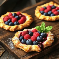 To make Summer Berry Mini Galettes, you need a few simple ingredients. Here’s what you'll gather: - 1 ½ cups all-purpose flour - ½ teaspoon salt - 1 tablespoon sugar - ½ cup cold unsalted butter, cubed - 4-5 tablespoons ice water - 1 cup mixed summer berries (blueberries, raspberries, strawberries) - 2 tablespoons sugar (for berries) - 1 tablespoon cornstarch - 1 teaspoon vanilla extract - 1 egg, beaten (for egg wash) - Turbinado sugar for sprinkling These ingredients create a flaky crust and a sweet, fruity filling. The all-purpose flour gives the galettes their structure. Salt and sugar balance the flavor. Cold butter keeps the dough flaky. Ice water helps bind everything without melting the butter. The mixed berries bring freshness and color. Sugar and cornstarch help sweeten and thicken the berry filling. Vanilla adds warmth, while the egg wash gives a lovely golden finish. Lastly, turbinado sugar adds a crunchy texture on top. For the complete process, check out the Full Recipe. You’ll enjoy making these delightful mini galettes! - Mixing dry ingredients: Start by grabbing a large mixing bowl. Whisk together 1 ½ cups of all-purpose flour, ½ teaspoon of salt, and 1 tablespoon of sugar. This blend gives your crust a nice flavor. - Incorporating cold butter: Next, add ½ cup of cold unsalted butter, cut into small cubes. Use a pastry cutter or your fingers to blend until it looks like coarse crumbs. This step is key for a flaky crust. - Forming the dough: Slowly add 4-5 tablespoons of ice water, one tablespoon at a time. Mix gently until the dough comes together. Wrap it in plastic wrap and chill for at least 30 minutes. Chilling helps the gluten relax, making the crust tender. - Combining berries with sugar and cornstarch: In another bowl, toss together 1 cup of mixed summer berries (blueberries, raspberries, strawberries), 2 tablespoons of sugar, and 1 tablespoon of cornstarch. The sugar sweetens the berries, while the cornstarch thickens the juices. - Tossing in vanilla extract: Add 1 teaspoon of vanilla extract to the berry mix. This adds a lovely depth of flavor, making your filling even more delicious. - Rolling techniques: After chilling the dough, it’s time to roll it out. On a floured surface, roll the dough to about 1/8 inch thick. It should be thin but strong enough to hold the filling. - Portioning the filling: Cut the rolled dough into 5-inch circles. Place a heaping tablespoon of the berry mixture in the center of each circle. This gives every galette a fruity heart. - Folding the edges: Gently fold the edges of the dough up over the filling. Leave the center exposed for that rustic look. Pinch the edges to secure them, so the filling doesn’t spill out during baking. - Preheating the oven: Preheat your oven to 375°F (190°C). This ensures that the galettes bake evenly and get golden brown. - Egg wash application: Brush the surface of each galette with a beaten egg. This gives them that beautiful golden shine. Sprinkle some turbinado sugar on top for added crunch and sweetness. - Baking time and temperature: Place the galettes on a parchment-lined baking sheet, making sure they don’t touch. Bake for 25-30 minutes or until they are golden and the berries bubble. The smell will be amazing! For the full recipe, check the ingredients and steps to make these delightful Summer Berry Mini Galettes. - Choosing the right butter: Use cold unsalted butter. It helps the crust stay flaky. I like to cut it into small cubes. This makes mixing easier. - Ensuring the right temperature: Keep everything cold, from the butter to the water. Cold ingredients help create a nice, flaky crust. Chill your dough before rolling it out. - Selecting the best summer berries: Look for ripe, sweet berries. Blueberries, raspberries, and strawberries work great. They burst with flavor as they bake. - Flavor combinations and alternatives: Try adding a splash of lemon juice or zest for brightness. You can mix in some peaches or cherries for a twist. - Presentation ideas: Serve the mini galettes on a rustic wooden board. Dust them with powdered sugar for a fancy touch. Add mint leaves for color and freshness. - Pairing with ice cream or whipped cream: A scoop of vanilla ice cream or a dollop of whipped cream is a perfect match. The creaminess pairs well with the tart berries. Enjoy these tips while making your Summer Berry Mini Galettes! For the complete recipe, make sure to check out the Full Recipe section. {{image_2}} You can get creative with fruit in your galettes. While I love using a mix of blueberries, raspberries, and strawberries, other berries work too. Try blackberries, cherries, or even peaches for a twist. You can also mix fruits together. A blend of peaches and blueberries gives a sweet and tangy taste. You can also use apples with cinnamon for a fall twist. Each fruit brings a unique flavor and texture, so don’t be afraid to experiment. If you need a gluten-free galette, choose the right flour. Almond flour or coconut flour can work well. You will want to blend these with a gluten-free all-purpose flour. This helps keep the right texture. You may need to adjust the water amount, as these flours absorb moisture differently. A fun tip: adding a bit of cornstarch can help with the crispness. You can make these galettes vegan with a few swaps. Use vegan butter instead of regular butter. For the egg wash, brush the dough with plant-based milk. This gives a nice shine to the crust. Instead of an egg, you can use a mixture of flaxseed meal and water. Mix 1 tablespoon of flaxseed with 2.5 tablespoons of water and let it sit. This creates a gel-like texture that binds well. Enjoy the flavors without animal products! For the Full Recipe, see the earlier section. To keep your Summer Berry Mini Galettes fresh, start with refrigeration. Place them in an airtight container. They will stay good for about three days in the fridge. If you want to enjoy them later, consider freezing them. Wrap each galette in plastic wrap, then place them in a freezer bag. They can last up to three months in the freezer. When you are ready to eat, simply thaw them in the fridge overnight. When it's time to enjoy your galettes again, reheating is key. The best way to reheat them is in the oven. Preheat your oven to 350°F (175°C). Place the galettes on a baking sheet and heat for about 10-15 minutes. This method keeps the crust flaky and the filling warm. You can also use a toaster oven for a quick option. Just keep an eye on them to avoid burning. Enjoy each bite with that fresh taste! Yes, you can use frozen berries. Just make sure to thaw and drain them first. This keeps the dough from getting too soggy. Frozen berries work well and are often just as tasty as fresh ones. Look for a golden brown color on the crust. The edges should be crisp, and the filling should bubble slightly. You can also use a toothpick to check the dough. It should feel firm and not doughy. Absolutely! You can prepare the dough a day ahead. Just wrap it tightly in plastic wrap and store it in the fridge. This helps the flavors meld and makes rolling easier. Serve them warm or at room temperature. They taste great on their own, but you can add a scoop of vanilla ice cream or a dollop of whipped cream. A sprinkle of fresh mint adds a nice touch. Mini galettes stay good in the fridge for about three days. Store them in an airtight container to keep them fresh. You can also freeze them for up to a month. Just reheat them in the oven to crisp them back up. This blog post covered how to make mini galettes with summer berries. We discussed the simple ingredients for the crust and filling. I shared step-by-step instructions for preparing, baking, and serving them. From tips on creating the perfect crust to storing leftovers, I aimed to make this easy and enjoyable for you. In conclusion, baking these galettes is a great way to enjoy fresh flavors. Plus, you can customize them to fit your taste. Enjoy your baking adventure!