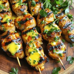 To make Grilled Cowboy Butter Chicken Skewers, you need these key ingredients: - 1 lb boneless, skinless chicken thighs - 1/2 cup unsalted butter - 2 tablespoons olive oil - 4 cloves garlic - Fresh herbs: parsley, chives - Spices: smoked paprika, onion powder, cayenne pepper - Salt and pepper - Lemon (zest and juice) - Skewers Each ingredient plays a big role in flavor. The chicken thighs give the dish its heartiness. They stay juicy and tender when cooked. The unsalted butter is the star of the show. It adds richness and depth. Olive oil helps the butter blend well and adds a nice touch. Garlic brings in a punch of flavor that you can't miss. Fresh herbs lift the taste and freshness. The spices, especially smoked paprika, give a warm, smoky note. Don't forget the lemon! It brightens and balances the richness of the butter. Lastly, skewers make it fun and easy to grill. For best results, soak wooden skewers in water first. This helps prevent burning on the grill. For the full recipe, check the detailed cooking steps to bring these flavors together for a tasty delight! To make the Cowboy Butter, gather your ingredients first. In a large bowl, add the softened butter and olive oil. Then, mix in the minced garlic, fresh parsley, and chives. Next, sprinkle in the smoked paprika, onion powder, cayenne pepper, salt, and pepper. Finally, add the lemon zest and juice. - Combining ingredients: Use a fork or spatula to mix everything well. Ensure the butter is smooth and all ingredients are evenly distributed. - Tips for mixing: If the butter is too thick, let it sit at room temperature. This will help with mixing. Take your chicken thighs and place them in the bowl with the Cowboy Butter. Toss the chicken well to coat it fully. - Coating with Cowboy Butter: Make sure every piece is covered. This helps infuse flavor into the chicken. - Recommended marination time: Let the chicken marinate for at least 30 minutes. If you have more time, let it sit for up to 2 hours in the fridge for deeper flavor. Before grilling, you need to preheat your grill. Set it to medium-high heat. If you are using a charcoal grill, wait until the coals are covered with white ash. - Threading the chicken onto skewers: Take the marinated chicken and thread it onto the skewers. Leave some space between each piece for even cooking. - Cooking times and temperature: Place the skewers on the grill and cook for about 12-15 minutes. Turn them occasionally. Check that the chicken reaches an internal temperature of 165°F (75°C). This is a simple way to make tasty grilled chicken skewers. For a full recipe, check the details above. To get perfect grill marks, start by preheating your grill. This ensures even cooking. Keep the grill at medium-high heat. When you place chicken on the grill, do not move it right away. Let it sit for a few minutes. Turn the skewers only after you see nice grill lines. This method helps lock in the flavor. Monitor your grill temperature closely. If the heat is too high, the chicken can burn. If it’s too low, it may cook unevenly. A reliable grill thermometer can help you maintain the right temperature. Feel free to get creative with spices! You might try adding cumin or rosemary for a new twist. If you like heat, consider more cayenne pepper. You can also mix in some lemon pepper for a zesty touch. Don’t forget about leftover Cowboy Butter. Use it to baste the chicken while grilling. This adds a rich taste and keeps the chicken juicy. You can also drizzle it over the finished skewers for extra flavor. Pair your skewers with sides like grilled corn or a fresh salad. These sides complement the chicken well. You might also serve some garlic bread to soak up any leftover Cowboy Butter. For a great presentation, arrange the skewers on a large platter. Drizzle with Cowboy Butter and sprinkle fresh herbs on top. This makes the dish look vibrant and inviting. {{image_2}} You can switch up the proteins in this recipe. Try using shrimp or tofu for a twist. Both options will soak up the Cowboy Butter flavor well. If you want more depth, play with different herbs and spices. Fresh basil or cilantro can add zest. You can even try a dash of cumin for warmth. You don’t have to grill these skewers if you prefer other methods. Oven-baking works great too. Just preheat your oven to 400°F (200°C). Place the skewers on a baking sheet and cook for about 20-25 minutes. You should flip them halfway through to ensure even cooking. Another option is using an air fryer. Set the air fryer to 375°F (190°C) and cook for about 10-12 minutes. This gives you a crispy finish without all the oil. Feeling adventurous? You can make spicy variations by adding more cayenne pepper or even crushed red pepper flakes. For a sweet and tangy version, mix in honey or maple syrup with the Cowboy Butter. This adds a nice contrast to the savory chicken. You can also add a splash of vinegar or lime juice for extra zing. Each variation offers a unique taste experience with the same base recipe. Explore, and enjoy the flavors! For the complete guide on making these delicious skewers, check out the Full Recipe. To keep your Grilled Cowboy Butter Chicken Skewers fresh, use an airtight container. This helps lock in moisture and flavor. Store them in the refrigerator. They will stay good for about 3 to 4 days. If you want to keep them longer, consider freezing. When reheating your skewers, use a low heat setting. This method helps avoid dryness. You can use an oven or a grill. Heat them for about 10 minutes or until warm. If using a microwave, cover them with a damp paper towel. This keeps the chicken moist while heating. To freeze your skewers, wrap them tightly in plastic wrap. Then, place them in a freezer bag. This prevents freezer burn. You can keep them frozen for up to 3 months. When ready to eat, thaw them in the fridge overnight. Then, reheat as needed. Enjoy the flavors of your Cowboy Butter! You can use either wooden or metal skewers. Wooden skewers are great for soaking in water. This helps prevent burning. Metal skewers are durable and easy to clean. They also help the chicken cook evenly. For both types, remember to leave space between the pieces. This ensures even cooking and nice grill marks. Yes, you can grill indoors! Use a grill pan or an electric grill. Both tools give great results. Make sure your kitchen is well-ventilated. This helps reduce smoke. Keep an eye on the heat. You want medium-high heat for the best cooking. The most reliable way is to check the internal temperature. Chicken should reach 165°F (75°C) to be safe. Use a meat thermometer for accuracy. Insert it into the thickest part of the chicken. This method ensures juicy, safe chicken every time. Always practice safe cooking by washing your hands and surfaces after handling raw chicken. To make it gluten-free, check all your ingredients. Ensure your spices and butter do not have gluten. Use gluten-free alternatives if needed. You can also swap regular soy sauce for gluten-free soy sauce. Adjust the cooking workflow by using clean tools and surfaces. This will prevent cross-contamination. Enjoy your tasty Cowboy Butter Chicken Skewers without worry! For the complete recipe, check the [Full Recipe]. In this blog post, we explored a tasty chicken skewer recipe. We covered key ingredients like chicken thighs and Cowboy Butter. You learned to prepare, marinate, and grill for perfect skewers. We shared tips for ideal grill marks and side dish pairings too. Remember, substitutions can keep things fresh, and proper storage keeps leftovers tasty. Enjoy grilling with this recipe and make it your own!