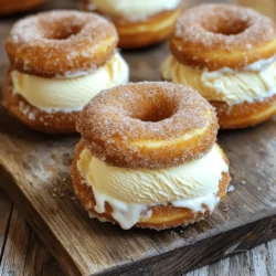 - 2 cups apple cider - 2 cups all-purpose flour - 1 cup granulated sugar - 1/2 cup brown sugar - 2 teaspoons baking powder - 1 teaspoon ground cinnamon - 1/2 teaspoon ground nutmeg - 1/2 teaspoon salt - 1/2 cup unsalted butter, melted - 2 large eggs - 1/2 cup whole milk - 1 cup vanilla ice cream - 1/4 cup granulated sugar for rolling - Extra ground cinnamon for rolling To make apple cider donut ice cream sandwiches, you need quality ingredients. Fresh apple cider gives the donuts a rich flavor. The flour, sugar, and spices create a perfect base. Baking powder helps the donuts rise and stay fluffy. - Baking sheet - Parchment paper - Mixing bowls You also need a few tools. A baking sheet helps with even cooking. Parchment paper makes cleanup easy and prevents sticking. Mixing bowls are key for combining your ingredients. Using the right ingredients and tools can make your apple cider donut ice cream sandwiches a hit. For the full recipe, check out the details in the previous section. Reducing the cider for maximum flavor Start by pouring 2 cups of apple cider into a small saucepan. Heat it over medium heat. Once it boils, turn the heat down and let it simmer. This process should take about 20 to 25 minutes. You want the cider to reduce to about 1 cup. This step brings out rich flavors. Cool down process Once the cider reduces, take it off the heat. Let it cool down for a few minutes. This will help it mix well with the other ingredients later. Combining dry ingredients In a large mixing bowl, whisk together the dry ingredients. You’ll need 2 cups of all-purpose flour, 1 cup of granulated sugar, 1/2 cup of brown sugar, 2 teaspoons of baking powder, 1 teaspoon of ground cinnamon, 1/2 teaspoon of ground nutmeg, and 1/2 teaspoon of salt. Make sure everything is mixed well. Mixing wet ingredients In another bowl, whisk together the wet ingredients. Combine 1/2 cup of melted unsalted butter, 2 large eggs, the reduced apple cider, and 1/2 cup of whole milk. Mix until you see no lumps. Pour this wet mixture into the dry ingredients. Stir until just combined. Shaping and spacing the dough Use a tablespoon or a cookie scoop to drop dough balls onto a lined baking sheet. Space them about 2 inches apart. Flatten each dough ball slightly to form a donut shape. This helps them cook evenly. Baking time and checking doneness Preheat your oven to 350°F (175°C). Bake the donuts for 10 to 12 minutes. They should be lightly golden around the edges. Press them gently; they should spring back when done. Let them cool for a few minutes on the baking sheet before moving them to a wire rack. Coating with cinnamon sugar While the donuts cool, mix 1/4 cup of granulated sugar with some extra ground cinnamon in a shallow dish. Once the donuts have cooled slightly, roll them in this mixture. Make sure they are fully coated for that sweet, spicy finish. Now, you can assemble your delightful apple cider donut ice cream sandwiches using the full recipe! To make the best apple cider donuts, avoid common mistakes. One mistake is overmixing the batter. This can lead to tough donuts. Mix just until you see no dry flour. This keeps them light and fluffy. Another tip is to ensure your dry and wet ingredients are at room temperature. Cold eggs or milk can mess with the dough. For fluffy donuts, make sure your baking powder is fresh. Old baking powder can cause dense donuts. Store it in a cool, dry place to keep it active. When it comes to scooping ice cream, use a warm scoop. This makes it easier to get nice, even scoops. Dip the scoop in hot water, then dry it before using. To form the perfect sandwich, place a scoop on the flat side of one donut. Press gently with another donut on top. This helps the ice cream stick without spilling out. Pair your sandwiches with warm apple cider or coffee. These drinks enhance the sweet and spicy flavors. For a fun presentation, stack the sandwiches on a plate. Dust some cinnamon sugar on top. You can also serve them with a drizzle of caramel sauce for extra flair. Enjoy! {{image_2}} You can have fun by changing the ice cream flavors in your sandwiches. Vanilla is great, but why not try caramel or maple? Each one brings a new taste to your treat. You can also add fruits like sliced apples or berries. They add a fresh crunch and balance the sweetness. Toppings like crushed nuts or sprinkles can give your sandwich extra fun and texture. Want to switch up the donuts? Try using pumpkin or sweet potato puree in the batter. This adds a lovely fall flavor and color. If you need gluten-free options, use almond flour instead of all-purpose flour. This keeps the donuts soft and tasty while making them safe for gluten-free diets. Each variation makes a unique twist on the classic apple cider donut ice cream sandwich. For the full recipe, check out the main article! To keep your apple cider donuts fresh, store them in an airtight container. This protects them from air and moisture, helping them stay soft. You can also wrap each donut in plastic wrap for extra safety. If you have leftover assembled sandwiches, wrap them well and place them in the freezer. This keeps the ice cream firm and the donuts intact. If stored properly, the donuts last about 3 days in the fridge. For the best taste, enjoy them fresh. In the freezer, they can last up to a month. When you’re ready to eat, thaw the sandwiches at room temperature for about 10 minutes. This warms the donuts and softens the ice cream. If you want a warm treat, heat the donuts in the microwave for 10-15 seconds before assembling. Enjoy the gooey goodness! Apple cider donut ice cream sandwiches are a fun twist on two favorite treats. You get warm, soft apple cider donuts filled with creamy vanilla ice cream. This dessert trend combines the fall taste of apple cider with the coolness of ice cream. Many people love them for their unique flavor and fun texture. You can enjoy them as a snack or dessert. They are perfect for parties or cozy nights at home. Yes, you can make these donuts ahead of time. Bake the donuts and let them cool completely. Store them in an airtight container. They stay fresh for about two days at room temperature. If you want to keep them longer, freeze the donuts. Place them in a freezer bag. They last for up to three months in the freezer. Just remember to thaw them before making your sandwiches. You can find pre-made apple cider donut ice cream sandwiches at several places. Look in local bakeries or artisanal ice cream shops. Some grocery stores may also carry them in the frozen dessert section. Brands like Talenti and Jeni's often have unique flavors. Check their websites or call ahead to see if they have them. You can customize your ice cream sandwiches in many fun ways. Try different ice cream flavors like caramel or pumpkin. Add mix-ins like chocolate chips or crushed nuts for extra crunch. You can also top your sandwiches with sprinkles or drizzle warm caramel sauce on top. Get creative and make them your own! In this post, we explored making delicious apple cider donut ice cream sandwiches. We covered key ingredients, proper equipment, and step-by-step instructions to create your treats. I shared tips to perfect your donuts and ideas for serving them. We also discussed variations and how to store leftovers for later enjoyment. Remember, the joy of baking comes from trying new flavors and techniques. Enjoy your tasty creations and impress your friends with these delightful desserts!