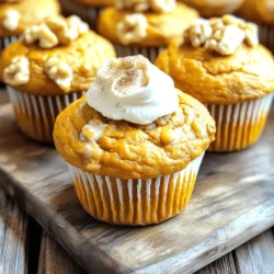 To make Easy Pumpkin Cream Cheese Muffins, you need the following ingredients: - 1 cup pumpkin puree - 1/2 cup cream cheese, softened - 1/2 cup granulated sugar - 1/2 cup brown sugar, packed - 2 large eggs - 1/2 cup vegetable oil - 1 teaspoon vanilla extract - 1 1/2 cups all-purpose flour - 1 teaspoon baking powder - 1 teaspoon baking soda - 1 teaspoon ground cinnamon - 1/2 teaspoon ground nutmeg - 1/4 teaspoon salt For a twist, consider these optional ingredients: - 1/2 cup chopped walnuts or pecans - 1/2 cup chocolate chips Adding nuts or chocolate can enhance flavor and texture. Feel free to mix and match! Accurate measurements are key to great muffins. Here are some best practices: - Use dry measuring cups for flour and sugar. Fill them lightly, then level off with a knife. - Use liquid measuring cups for oil and pumpkin puree. Pour to the marked line for accuracy. - Use a kitchen scale for flour and sugar when possible. This gives the most precise measurement. Tools you may need include: - Measuring cups (dry and liquid) - Measuring spoons - A kitchen scale for precision Getting the measurements right will help you bake muffins that are fluffy and delicious! To start making your Easy Pumpkin Cream Cheese Muffins, gather your ingredients. You need pumpkin puree, cream cheese, sugars, eggs, oil, vanilla, flour, baking powder, baking soda, spices, and salt. Here’s how to prepare the batter: 1. Beat the Cream Cheese: In a medium bowl, beat the softened cream cheese until it is smooth and creamy. This step is key for a rich filling. 2. Mix Wet Ingredients: Add the pumpkin puree, granulated sugar, brown sugar, eggs, vegetable oil, and vanilla extract to the cream cheese. Mix until everything is well blended. 3. Combine Dry Ingredients: In another bowl, whisk together the flour, baking powder, baking soda, cinnamon, nutmeg, and salt. You want these dry ingredients to be evenly mixed. 4. Combine Wet and Dry Mixtures: Gradually add the dry mix to the wet mix. Stir until just combined. Be careful not to overmix. Overmixing can make your muffins tough. 5. Add Optional Nuts: If you want some crunch, gently fold in the chopped walnuts or pecans. This adds flavor and texture. Tips for mixing: Always mix gently and use a spatula to fold ingredients. This helps keep the muffins light and fluffy. Now, it’s time to bake! Follow these steps for perfect muffins: 1. Preheat the Oven: Set your oven to 350°F (175°C). This temperature is crucial for even baking. 2. Prepare the Muffin Tin: Line a muffin tin with paper liners or grease it with cooking spray. This prevents the muffins from sticking. 3. Fill the Muffin Cups: Use a scoop or spoon to fill each muffin cup about 2/3 full with batter. This allows space for the muffins to rise. 4. Bake: Place the muffin tin in the preheated oven. Bake for 18-22 minutes. To check for doneness, insert a toothpick into the center of a muffin. If it comes out clean, they are ready. 5. Cool Down: Let the muffins cool in the tin for 5 minutes. After that, transfer them to a wire rack to cool completely. Proper oven temperature and timing are essential. Too hot can burn the muffins, while too cool may leave them soggy. Enjoy your delicious Easy Pumpkin Cream Cheese Muffins! For the full recipe, check the link above. To make moist and fluffy muffins, follow these tips: - Use fresh ingredients. Fresh pumpkin puree gives the best flavor and moisture. - Don’t overmix. Stir the batter until just combined. Overmixing makes muffins dense. - Check oven temperature. An accurate oven ensures even baking. Use an oven thermometer if needed. Common mistakes to avoid include: - Skipping the cream cheese step. Make sure to beat it until smooth. This adds creaminess. - Filling cups too high. Fill them only 2/3 full. This helps muffins rise properly. - Not testing for doneness. Insert a toothpick. If it comes out clean, your muffins are ready! You can easily change the flavor of your muffins. Here are some ideas: - Spices: Add ginger, cloves, or allspice for a warm kick. - Add-ins: Try adding chocolate chips, raisins, or dried cranberries for extra sweetness. - Nuts: Chopped walnuts or pecans add crunch and flavor. To adjust sweetness or texture: - Sweetness: Reduce sugar by 1/4 cup if you prefer less sweetness. - Texture: For a lighter muffin, use half all-purpose flour and half whole wheat flour. Check out the Full Recipe for more ideas! {{image_2}} You can make these muffins healthier with a few easy swaps. Use whole wheat flour instead of all-purpose flour. Whole wheat adds fiber and nutrients without losing taste. For a low-sugar option, try using applesauce or mashed bananas. These fruits add sweetness and moisture. You can also reduce the sugar by a third. This keeps the flavor rich but cuts calories. If you want creaminess, try Greek yogurt instead of cream cheese. It keeps the muffins moist and adds protein. You can even include a mix of seeds and nuts for added crunch. This will also boost the nutrition of your muffins. Fall is the perfect time to play with flavors. You can mix in spices like ginger or cloves for a warm kick. Try adding dried cranberries or chopped apples for a fruity twist. These fruity additions complement pumpkin well. If you have leftover pumpkin puree, use it in pancakes or smoothies. You can also make pumpkin bread or even soup. As for cream cheese, whip it into dip or spread. This way, nothing goes to waste. These ideas will keep your fall baking fun and fresh. For the full recipe, check out the [Full Recipe]. To keep your Easy Pumpkin Cream Cheese Muffins fresh, store them in an airtight container. This helps keep moisture in and prevents them from drying out. Place a paper towel at the bottom of the container. This will absorb any extra moisture. You can store them at room temperature for up to three days. If you want to save muffins for later, freezing is a great option. Wrap each muffin tightly in plastic wrap or aluminum foil. Then, place them in a freezer-safe bag. They can last up to three months in the freezer. When you’re ready to enjoy them, simply thaw them in the fridge overnight. To reheat your muffins, the oven is the best method. Preheat your oven to 350°F (175°C). Place the muffins on a baking sheet and heat for about 10 minutes. This helps restore their soft texture and warmth. If you are in a hurry, you can use the microwave. Heat one muffin for about 15-20 seconds. Check if it’s warm enough, and add more time if needed. However, be careful! Microwaving too long can make muffins tough. Enjoy your muffins warm for the best taste. How can I ensure my muffins rise properly? To help your muffins rise, use fresh baking powder and baking soda. Make sure your oven is preheated to the right temperature. Fill the muffin cups about two-thirds full. This gives the muffins room to rise without spilling over. Can I make the batter ahead of time? Yes, you can make the batter ahead of time. Store it in the fridge for up to 24 hours. Just remember to stir it gently before filling the muffin cups. This helps keep the batter fresh and ready to bake. What to do if my muffins are too dry or too dense? If your muffins are dry, you might have overbaked them. Make sure to check for doneness with a toothpick. If they are dense, try adding a bit more liquid, like oil or an egg. This can help create a lighter texture. How to tell when muffins are fully baked? To check if your muffins are done, insert a toothpick into the center. If it comes out clean or with a few crumbs, they are ready. If the toothpick has wet batter, bake them a few more minutes. This ensures they are perfectly baked. You now know how to make Easy Pumpkin Cream Cheese Muffins. We covered every key step, from gathering essential ingredients to baking and storage tips. Remember to measure accurately for the best results. Don't forget to personalize your muffins with fun add-ins or healthy swaps. With these straightforward methods, you’ll bake muffins everyone loves. Enjoy your baking and share these tips with friends to spread the joy of homemade treats!