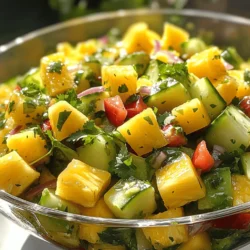 - 1 ripe pineapple, peeled and diced - 1 large cucumber, diced - 1 red bell pepper, diced - 1/4 red onion, finely chopped - 1/4 cup fresh cilantro, chopped - 1 jalapeño, seeded and minced (optional, for spice) The main ingredients are fresh and bright. Pineapple brings sweetness and juice. Cucumber adds crunch and coolness. Bell pepper gives color and more crunch. Red onion adds a nice bite. If you like heat, add jalapeño. Fresh cilantro adds a pop of flavor. - 2 tablespoons lime juice - 1 tablespoon honey - Salt to taste The dressing is simple yet tasty. Lime juice gives a zesty kick. Honey adds just the right amount of sweetness. A pinch of salt enhances all the flavors. - Mixing bowls - Whisk - Knife - Cutting board You will need a few tools for this salad. Mixing bowls help combine the ingredients. A whisk blends the dressing well. A knife and cutting board are essential for chopping. With these tools, you are ready to create this refreshing dish. For the full recipe, check out the details above. Start by dicing the fruits and vegetables. Use a sharp knife for clean cuts. First, peel and dice the ripe pineapple into small pieces. Then, take the cucumber and chop it into equal-sized cubes. Next, dice the red bell pepper and finely chop the red onion. If you like some heat, seed and mince the jalapeño. Now, let’s prepare the dressing. In a small bowl, whisk together the lime juice and honey. Add a pinch of salt to enhance the flavor. This dressing will add a bright, zesty note to the salad. Now it’s time to mix the salad components. In a large mixing bowl, combine the diced pineapple, cucumber, red bell pepper, red onion, and jalapeño if you chose to add it. Pour the dressing over the salad mixture. Gently toss everything together until it is well coated. The dressing should evenly cover the fruits and veggies. Once mixed, add the freshly chopped cilantro. Give it another light toss to blend the flavors. Let the salad sit for about 10 minutes at room temperature. This allows the flavors to meld nicely. For presentation, serve the salad in a large, colorful bowl. You can also use individual bowls for a more personal touch. Add a sprig of cilantro on top for a pop of color. Enjoy this fresh and flavorful dish! Choosing ripe pineapples is key. Look for pineapples that smell sweet at the base. The skin should be golden and give slightly when pressed. Avoid green or overly hard ones. A ripe pineapple is sweet and juicy. Next, let's pick crisp cucumbers. Choose cucumbers that are firm and shiny. Look for ones without soft spots or wrinkles. Fresh cucumbers add crunch to your salad. If possible, select organic cucumbers for better flavor. You can adjust sweetness with honey. If you prefer a sweeter salad, add more honey. Just start with a tablespoon and taste as you go. This lets you find the right balance for your taste. Adding protein options can make your salad more filling. Grilled chicken or shrimp work well. You can also try chickpeas for a vegetarian option. Both choices add flavor and make the dish heartier. Using fresh herbs takes your salad to the next level. Fresh cilantro adds a bright, zesty taste. You can also experiment with mint or basil for different flavors. Just chop them finely and mix them in. Experimenting with spices adds depth. A pinch of chili powder or cumin can spice things up. You can also try a dash of black pepper for warmth. Go slow, and taste as you mix for the best results. {{image_2}} You can switch out pineapple for mango. Mango adds a sweet twist that works well. It brings a softer texture and a rich taste. You might also try different peppers. Instead of a red bell pepper, use yellow or orange. Each pepper gives a unique flavor and adds color to your dish. To make the salad vegan, skip the honey. Use agave syrup or maple syrup instead. Both options keep the sweetness while staying plant-based. If you need gluten-free options, this salad is already safe. All the ingredients are naturally gluten-free. You can enjoy it without worry. In summer, add fresh berries like strawberries or blueberries. They give a nice pop of flavor and color. For a holiday twist, mix in pomegranate seeds. They add a festive touch and a burst of juicy flavor. Each variation keeps the salad fresh and fun! To keep your Pineapple Cucumber Salad fresh, store it in an airtight container. This helps seal in the flavors and moisture. Make sure to place the container in the fridge right after serving. This way, you can enjoy the leftovers later. The salad will last about 2 to 3 days in the fridge. After that, the veggies may become soggy. You might wonder, can you freeze Pineapple Cucumber Salad? I recommend against it. Freezing changes the texture of cucumbers and pineapple. If you really want to freeze it, separate the salad into portions first. When you're ready to eat, thaw it in the fridge overnight. Serve it cold for the best taste. For serving leftovers, I suggest enjoying the salad cold. If you prefer it warm, gently heat it on low in a pan. This way, you keep the salad fresh. Adding a splash of lime juice after reheating can brighten the flavors again. Pineapple Cucumber Salad offers great health perks. Pineapple is rich in vitamin C, which boosts your immune system. It also contains bromelain, an enzyme that helps with digestion. Cucumber, on the other hand, is low in calories and high in water content. It keeps you hydrated and helps your skin glow. Bell peppers add more vitamins, especially vitamin A and antioxidants. Overall, this salad is a refreshing way to get essential nutrients. Yes, you can prepare this salad ahead of time. To keep it fresh, chop your ingredients and store them separately. Mix the dressing in a jar and keep it in the fridge. Combine everything just before serving. This helps the salad stay crunchy and vibrant. If you mix it too early, the cucumber might get soggy. So, prepare it close to mealtime for the best taste. Pineapple Cucumber Salad pairs well with many dishes. Serve it alongside grilled chicken or fish for a light meal. The bright flavors complement rich meats nicely. You can also enjoy it with tacos or burritos for a fun twist. For a vegetarian option, try pairing it with quinoa or rice. This salad adds a fresh touch to any plate. For the full recipe, check out the complete guide! You’ve learned how to make a delicious Pineapple Cucumber Salad. We covered the main ingredients, from fresh produce to zesty dressing. You saw simple steps for preparation and serving. Tips helped you choose the best ingredients and customize the salad to your taste. Storage info ensures your salad stays fresh. This dish is not just easy to make; it’s packed with healthy benefits too. Enjoy your cooking and feel free to experiment with flavors and ingredients. Happy salad-making!
