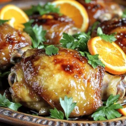 - Chicken thighs: Use 4 chicken thighs with skin-on and bone-in. This keeps the meat juicy and adds flavor. - Citrus and flavor-enhancing ingredients: You need 1 large orange for juice and zest. The zest gives a bright taste. Add 3 cloves of minced garlic and 1 tablespoon of grated fresh ginger for depth. - Additional seasonings and garnishes: Use 2 tablespoons of olive oil, 2 tablespoons of honey, and 1 tablespoon of soy sauce. Season with 1 teaspoon of smoked paprika, 1 teaspoon of salt, and ½ teaspoon of black pepper. Finally, garnish with fresh parsley to add color and freshness. For the full recipe, check the section above. This combination of ingredients creates a harmony of flavors in your roasted orange chicken. To make the marinade, start by mixing orange juice and zest in a bowl. Add olive oil, minced garlic, grated ginger, honey, soy sauce, smoked paprika, salt, and black pepper. Whisk this mixture until it blends nicely. This marinade gives the chicken a bright and zesty flavor. Next, marinate the chicken for the best taste. Place the chicken thighs in a large dish and pour the marinade over them. Make sure each piece is well-coated. Cover the dish and let it marinate for at least 30 minutes. For even more flavor, marinate it in the fridge for up to two hours. Now, it’s time to bake your chicken. Preheat your oven to 400°F (200°C). This temperature helps the chicken cook evenly and become crispy. After marinating, arrange the chicken thighs in the baking dish, skin-side up. Roast them for 35 to 40 minutes. The chicken is done when it reaches an internal temperature of 165°F (75°C). Use a meat thermometer to check this. When your chicken is done, take it out of the oven and let it sit for five minutes. This helps the juices settle. For a beautiful plate, place the chicken on a platter. Drizzle some of the leftover marinade over the top. You can add orange slices and chopped parsley for color and flair. This dish looks great and tastes even better! For the full recipe, check out the details above. To keep your chicken juicy, marinating is key. Marinades add flavor and moisture. Use the orange juice and zest from the recipe. The acid in the juice helps tenderize the meat. A good rule is to marinate for at least 30 minutes. For more flavor, go for two hours. Cooking techniques also matter. Roast your chicken at a high temperature, around 400°F (200°C). This helps seal in juices. Avoid overcooking, as it dries out the meat. Use a meat thermometer to check for doneness. The chicken should reach 165°F (75°C). Crispy skin makes the dish special. Start by patting the chicken dry with paper towels before seasoning. This step removes excess moisture. When the skin is dry, it crisps up better in the oven. Resting time is important too. After roasting, let the chicken sit for 5 minutes. This allows juices to redistribute, keeping the meat moist. You will enjoy a perfect bite every time. Spice up your dish with herbs and spices. Fresh herbs like thyme or rosemary pair well with orange. They add a nice touch. If you only have dried herbs, use them too. Just remember, dried herbs are stronger. Choosing fresh over dried ingredients can elevate your meal. Fresh garlic and ginger bring more flavor than dried ones. Use what you have, but know that fresh gives the best taste. For more ideas, check the Full Recipe for added flavor tips. {{image_2}} If you want to change the chicken thighs, you can use chicken breasts or drumsticks. Chicken breasts cook faster but can dry out. Drumsticks add flavor and stay juicy. For a twist on the citrus, try lemon, lime, or grapefruit. Each fruit brings a unique taste. Lemon gives a bright zing, while lime adds a fresh kick. Grapefruit offers a sweet and slightly bitter flavor. You can grill roasted orange chicken for a smoky flavor. Just marinate the chicken as usual. Place the chicken on a grill over medium heat. Grill for about 20 minutes, flipping halfway through. The slow cooker is another great option. It makes the chicken super tender. Just place the marinated chicken in the slow cooker. Cook on low for 6-7 hours or on high for 3-4 hours. The chicken will soak up all the flavors. Pair your roasted orange chicken with grains like rice or quinoa. These sides soak up the tasty juices. You can also serve it with roasted veggies or a fresh salad for a healthy twist. If you have leftovers, get creative! Use the chicken in tacos, salads, or sandwiches. Shred the chicken and mix it with some salsa for a quick meal. For more details on making this dish, check out the Full Recipe. After enjoying your roasted orange chicken, store leftovers in an airtight container. This keeps the chicken moist. It lasts in the fridge for about three to four days. Always let it cool before sealing. This helps prevent sogginess. To freeze roasted chicken, place it in a freezer-safe bag or container. Remove as much air as possible to avoid freezer burn. It can stay fresh for up to three months. When you're ready to eat, thaw it in the fridge overnight. This helps keep the flavors intact. To reheat without drying out the chicken, use the oven or stovetop. Preheat your oven to 350°F (175°C). Place the chicken on a baking sheet and cover it with foil. Heat for about 15-20 minutes. This keeps the chicken juicy. If using a stovetop, warm it in a skillet over low heat. Aim for an internal temperature of 165°F (75°C) to ensure it's safe to eat. You can use chicken breasts or drumsticks. Bone-in cuts add flavor. If you prefer, try turkey thighs for a leaner option. For a vegetarian twist, use firm tofu or tempeh. Just ensure you adjust cooking times. Yes, marinating overnight gives the chicken a deeper flavor. The longer it sits, the more the chicken absorbs the marinade. This makes every bite juicy and tasty. Just keep it in the fridge to stay safe. Use a meat thermometer to check the chicken’s inside temperature. It should reach 165°F (75°C). Look for clear juices and no pink meat. The skin should be crispy and golden. Absolutely! Use gluten-free soy sauce or tamari. You can also swap honey for maple syrup if needed. Be sure to check all labels to avoid hidden gluten in other ingredients. In this post, I shared how to make roasted orange chicken using simple steps. I covered key ingredients, easy cooking methods, and tasty serving ideas. Remember to marinate for the best flavor. Use tips for juicy chicken and crispy skin. You can also try variations with different proteins and cooking methods. Leftovers can be stored well for future meals. This dish is flexible and fun, making it great for any occasion. Enjoy making and sharing this delicious recipe!
