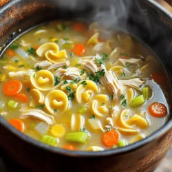 For a warm bowl of classic chicken noodle soup, gather these ingredients: - 1 tablespoon olive oil - 1 medium onion, diced - 2 carrots, sliced - 2 celery stalks, sliced - 3 cloves garlic, minced - 8 cups chicken broth - 2 cups cooked chicken, shredded - 1 teaspoon dried thyme - 1 bay leaf - Salt and pepper to taste - 2 cups egg noodles - 1 tablespoon fresh parsley, chopped (for garnish) When you select ingredients, look for fresh and vibrant produce. Here are some tips: - Onions: Choose firm onions with dry, papery skins. Avoid soft spots. - Carrots: Pick bright orange carrots. They should feel crisp and not bend. - Celery: Look for stalks that are firm and have a bright green color. - Garlic: Select heads that feel heavy and firm. Avoid sprouted garlic. - Chicken: Use fresh or high-quality cooked chicken for the best flavor. If you have specific dietary needs, you can make some easy swaps: - Chicken: Use tofu or chickpeas for a vegetarian option. - Noodles: Swap egg noodles for whole wheat or gluten-free noodles. - Broth: Use vegetable broth for a vegetarian soup. - Herbs: Fresh herbs can replace dried ones for a more vibrant taste. Feel free to explore these options to make this soup your own! Check out the Full Recipe for more details. 1. Start with a large pot. Heat the olive oil over medium heat. 2. Add the diced onion, sliced carrots, and sliced celery. Sauté them for about 5-7 minutes. The goal is to soften the veggies and make the onion clear. 3. Next, add the minced garlic. Cook for one more minute. You want that garlic smell to fill the kitchen. 4. Now, pour in the chicken broth. Bring the mix to a boil. 5. When it boils, add the shredded chicken, thyme, bay leaf, salt, and pepper. Turn the heat down to a simmer. Let it cook for about 15 minutes. 6. Stir in the egg noodles. Cook them for another 7-10 minutes. Check that the noodles are soft before serving. 7. Finally, remove the bay leaf. Taste the soup. Add more salt and pepper if you need it. 8. Serve the soup hot. Top it with fresh parsley for a nice touch. Imagine a large pot bubbling with bright veggies. You see the golden olive oil shimmer as it heats. The chopped onions turn clear, and the carrots and celery become tender. Garlic adds its strong scent, making you hungry. When you pour in the broth, the steam rises. You see the chicken and spices mix in, creating a warm blend. The noodles swirl around, soaking up the flavor. Finally, as you add the parsley, the soup looks just right. - Prep Time: 15 minutes - Cooking Time: 25 minutes - Total Time: 40 minutes This soup takes less than an hour from start to finish. It's quick, simple, and perfect for any day. For the full recipe, check the details above and get ready to enjoy a bowl of warmth! To make your chicken noodle soup truly shine, focus on fresh ingredients. Fresh herbs add a burst of flavor. I love using thyme and parsley. They bring warmth and brightness. Cook your veggies well at the start. Sauté them in olive oil until soft. This step builds a strong base for your soup. Adding a bay leaf is crucial. It infuses a subtle depth of flavor. Don’t forget to season as you go. Taste your broth and adjust salt and pepper. A little bit of acid, like lemon juice, can enhance the flavors too. Just a splash at the end brightens everything up. Cooking your noodles just right is key. I recommend adding them in the last 10 minutes of cooking. This keeps them from getting mushy. Use egg noodles for their nice texture. They soak up the broth well. Always check the package for cooking time. Taste them before draining to ensure they are al dente. If you plan to store leftovers, consider cooking the noodles separately. Mix them in when you serve. This keeps them from absorbing too much broth and getting soggy. One common mistake is adding too much salt early on. It’s easy to over-season before tasting. Always wait until the end to adjust salt and pepper. Another mistake is not cooking the vegetables enough. Under-cooked veggies can taste raw and harsh. Make sure to sauté them until tender. Also, don’t skip straining out the bay leaf before serving. It’s not meant to be eaten. Lastly, avoid boiling the soup too hard after adding the noodles. A gentle simmer is best for keeping everything tender. For the full recipe, check out the details above. {{image_2}} You can make chicken noodle soup healthier by swapping some ingredients. Use low-sodium chicken broth instead of regular broth. This helps cut back on salt. You can also add more veggies, like spinach or kale. They boost nutrition and add nice color. Using whole grain egg noodles is another great option. They are higher in fiber. You might also try using skinless chicken breast instead of dark meat. This reduces fat while keeping great flavor. Want to mix things up? Consider adding new ingredients. Sweet corn can add a nice pop of sweetness. You might also try adding peas for color and texture. For a zing, add a splash of lemon juice before serving. Fresh herbs like dill or basil can change the taste too. If you like spice, include some red pepper flakes or hot sauce. These small changes can create a whole new soup experience. You don’t have to stick to the stove. A Crockpot is perfect for making chicken noodle soup. Just add all your ingredients and let it cook on low for 6-8 hours. The flavors blend well over time. An Instant Pot is another great option. It cooks the soup quickly, in about 30 minutes. Just follow the same steps in the recipe. With these methods, you can enjoy a warm bowl of soup with less time and effort. Check out the Full Recipe for details on cooking methods. Storing leftover chicken noodle soup is easy. Use a clean, airtight container. Let the soup cool to room temperature first. This helps prevent moisture buildup. You can keep it in the fridge for up to three days. Make sure to label the container with the date. This way, you know when to eat it. If you want to save the soup for later, freezing is a great option. First, cool the soup completely. Then, pour it into freezer-safe bags or containers. Leave some space at the top for expansion. You can freeze it for up to three months. When you're ready to eat, just thaw it in the fridge overnight. Reheating chicken noodle soup should be simple. Pour the soup into a pot over medium heat. Stir it often to keep it from sticking. If it seems thick, add a little broth or water. You can also reheat individual servings in the microwave. Just cover the bowl to avoid spills. Heat in short intervals, stirring in between. Enjoy the warmth of your homemade soup, just like when you first made it! Yes, you can use rotisserie chicken. It saves time and adds flavor. Just shred the chicken and add it to the soup. This makes your meal even easier. Plus, it gives you a rich taste with less work. This soup lasts about 3 to 4 days in the fridge. Store it in an airtight container. If you want to keep it longer, consider freezing it. Just make sure to cool it first before freezing. Chicken noodle soup is warm and soothing. It can help when you're sick. The broth keeps you hydrated. Chicken provides protein, which helps your body heal. Vegetables add vitamins and minerals. Overall, it’s a great comfort food that nourishes you. For the full recipe, check out the section on ingredients and cooking steps. In this post, we explored making chicken noodle soup. We covered ingredient tips and how to ensure freshness. You now know substitutions for dietary needs. I provided easy steps for cooking and a visual guide. I shared tips to enhance flavor and avoid common mistakes. We also offered healthier variations and storage ideas. Enjoy your soup-making journey! Follow these tips, and you'll have a warm bowl of comfort.