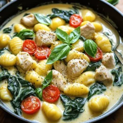 - 1 pound chicken breast, cubed - 1 cup gnocchi (store-bought or homemade) - 1 tablespoon olive oil The main ingredients for this dish are simple yet key. I love using fresh chicken breast for its mild flavor and tender texture. Gnocchi, a soft pasta made from potatoes, adds a nice touch. You can use store-bought gnocchi to save time or make your own for extra fun. Olive oil brings all the flavors together while cooking. - 4 cloves garlic, minced - 1 teaspoon Italian seasoning - Fresh basil leaves for garnish Garlic is a must-have for this recipe. It adds a lovely aroma and taste. Italian seasoning gives it an authentic flavor that makes you feel like you’re dining in Italy. Fresh basil leaves as a garnish not only look great but also add a fresh taste that brightens the dish. - 1 pint cherry tomatoes, halved - 1 cup fresh spinach - 1/2 cup grated Parmesan cheese For a tasty twist, you can add cherry tomatoes. They burst with flavor and add color. Fresh spinach is also a great choice for a pop of green and some extra nutrients. If you like cheese, sprinkle in some grated Parmesan for a rich, creamy finish. Try out these ingredients to create your Garlic Chicken Gnocchi Skillet. You can find the Full Recipe to guide you through each step. Enjoy your cooking adventure! - Seasoning the chicken Start by cubing the chicken breast. In a bowl, mix salt, pepper, and Italian seasoning. Coat the cubed chicken with the blend. This step adds flavor right from the start. - Sautéing the garlic Next, heat olive oil in a large skillet over medium heat. Once hot, add minced garlic. Sauté the garlic for about 30 seconds until it is fragrant. This will fill your kitchen with a wonderful aroma. - Cooking the chicken Now, add the seasoned chicken to the skillet. Cook it for about 5 to 7 minutes. Make sure the chicken is browned and fully cooked. Remove the chicken and set it aside for later. - Adding other ingredients to the skillet In the same skillet, toss in halved cherry tomatoes. Cook them for 3 to 4 minutes until they soften. Then, add fresh spinach and stir for about 2 minutes until it wilts. This step adds bright colors and fresh taste. - Adjusting seasoning Stir in gnocchi, chicken broth, and heavy cream. Bring the mixture to a simmer. Cook for 3 to 4 minutes until the gnocchi floats. Taste the dish and adjust the seasoning if needed. This step ensures every bite bursts with flavor. - Garnishing before serving Finally, add the cooked chicken back to the skillet along with grated Parmesan cheese. Mix until everything combines well and the cheese melts. Serve immediately and garnish with fresh basil leaves. The basil gives a nice touch to your dish. For the complete cooking steps and details, see the Full Recipe. To ensure your chicken is cooked properly, use a meat thermometer. The chicken should reach 165°F inside. Cook the chicken for about 5-7 minutes until it is golden brown. This step keeps it juicy and flavorful. Add the gnocchi when your sauce is bubbling. This timing gives the gnocchi a soft and chewy texture. They should float when done, which usually takes about 3-4 minutes. For sides, pair garlic chicken gnocchi with a crisp green salad. A simple side of steamed broccoli works well too. These sides balance the richness of the dish. For wine, choose a light white wine like Pinot Grigio. The bright notes will enhance the flavors of the garlic and chicken. You will need a large skillet for this recipe. A non-stick skillet works best to prevent sticking. Use a sturdy spatula to stir and serve the dish. A wooden spoon is a great option too, as it won’t scratch your skillet. For the full recipe, you can check the detailed instructions to ensure perfect results every time! {{image_2}} You can switch out chicken for turkey or tofu. Turkey gives a leaner option. Tofu is great for a plant-based meal. For cream and cheese, use coconut milk or almond milk. Nutritional yeast works well instead of Parmesan cheese if you want it dairy-free. Want more heat? Add red pepper flakes or a dash of cayenne. This will spice things up nicely. For fresh taste, try using thyme, rosemary, or dill. These herbs can brighten the dish and add depth. Use seasonal veggies to change the dish. In spring, add asparagus or peas. In fall, try butternut squash or kale. You can also adjust the recipe for holidays. For Thanksgiving, add cranberries for a sweet twist. During the summer, fresh zucchini or bell peppers can work wonders. These simple changes make your Garlic Chicken Gnocchi Skillet more exciting. Plus, it keeps the meal fresh and fun! For the full recipe, check the earlier sections of this article. To keep your garlic chicken gnocchi skillet fresh, place leftovers in an airtight container. This helps prevent moisture loss and keeps flavors intact. Make sure to cool the dish before sealing it. In the fridge, your leftovers will last about 3 to 4 days. When it's time to enjoy leftovers, reheating is key. Use a skillet over low heat to warm the dish. Stir often to blend the flavors back together. This method keeps the dish tasty. Avoid the microwave if you can, as it might overcook the gnocchi. Gnocchi can become tough when reheated too fast. Yes, you can freeze this dish! However, I suggest freezing it before adding the cream and cheese. This keeps the texture better. To freeze, let the dish cool, then transfer it to a freezer-safe container. When you’re ready to eat, thaw it overnight in the fridge. Heat in a skillet and add cream and cheese before serving. This ensures every bite stays creamy and delicious. For the full recipe, click here! Can I use frozen gnocchi? Yes, you can use frozen gnocchi. Just add them directly to the skillet. They will cook through as the dish simmers. This can save time and still give you a tasty meal. Is there a gluten-free version of this recipe? Absolutely! You can find gluten-free gnocchi at many stores. Just check the package for the right cooking time. You can also use zucchini noodles for a lighter option. Caloric breakdown per serving This dish has about 500 calories per serving. It includes protein from the chicken and carbs from the gnocchi. The heavy cream and cheese add richness, making it very satisfying. Information on allergens in the recipe This recipe contains common allergens. It has chicken, dairy (from cream and cheese), and gluten (if using regular gnocchi). Always check labels if you have allergies. Tips for quick prep To save time, chop the chicken and vegetables ahead. You can also measure your ingredients before starting. This way, everything is ready when you cook. Can this recipe be made ahead of time? Yes, you can prep this dish ahead. Cook the chicken and veggies, then store them in the fridge. When you're ready to eat, just add the gnocchi and cream to finish the dish. This blog post covered how to make a delicious skillet dish with chicken and gnocchi. We explored key ingredients, step-by-step instructions, and helpful tips. You now have ideas for variations, storage, and answers to common questions. Keep these details in mind as you cook. Enjoy the flavors and the process. Get creative with this recipe, and share it with friends and family! Cooking should be fun, and this dish makes that easy. Happy cooking!