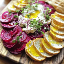 - 3 medium beets, washed and tops trimmed - 4 oz soft goat cheese, at room temperature - 2 oz unsalted butter, softened - 1 tablespoon honey - 1 tablespoon fresh lemon juice - 1 teaspoon fresh thyme leaves - Salt and pepper to taste - 1 small baguette, sliced into rounds - Olive oil for drizzling - Microgreens or fresh herbs for garnish The star of this dish is the roasted beets. They bring sweetness and a vibrant color. Choose medium-sized beets for even cooking. When picking beets, look for firm ones. They should feel heavy for their size. Avoid any that feel soft or have blemishes. Fresh beets taste best. Let your goat cheese and butter sit out before using. Room temperature makes them easier to mix. This helps create a smooth and creamy blend. Microgreens add a fresh taste and a pop of color. You can also use fresh herbs like dill or parsley. They enhance the dish's flavor and look. If you want to switch things up, try different breads. Pita or rye can work well, too. Each type adds its own unique flavor to the board. For the full recipe, check out the full recipe section. Start by wrapping each beet in aluminum foil. This keeps the moisture in while they roast. Preheat your oven to 400°F (200°C). Place the wrapped beets on a baking sheet. Roast them for about 45 to 60 minutes. They are done when a fork goes in easily. After roasting, take the beets out and let them cool for a bit. Once they are cool enough to handle, peel the skin off. You can use your hands or a paper towel to help. Slice the beets into thin rounds to show off their beautiful color. In a small bowl, combine the soft goat cheese with the unsalted butter. Mix them well until smooth and creamy. Next, add in the honey, fresh lemon juice, and thyme leaves. Sprinkle in salt and pepper to taste. Stir until everything is well blended, creating a rich, flavorful spread. Take a large serving board or platter and spread the goat cheese butter mixture evenly across it. Use a spatula or the back of a spoon for a smooth finish. Now, artfully arrange your beet slices on top of the butter spread. Create a pattern that looks inviting and colorful. Drizzle olive oil over the beets for added flavor and shine. Lastly, garnish with microgreens or fresh herbs for a touch of brightness. Serve this delightful butter board with sliced baguette rounds for a perfect dipping experience. For the full recipe, check out the detailed instructions above. To make sure your beets are perfectly roasted, follow these steps: - Wrap well: Use aluminum foil to wrap each beet tightly. This keeps them moist. - Roast at high heat: Set your oven to 400°F (200°C). This helps them cook evenly. - Check for doneness: After 45-60 minutes, poke them with a fork. They should be soft. For a smooth goat cheese mixture, keep these tips in mind: - Room temperature: Let the goat cheese and butter sit out for 30 minutes before mixing. This makes blending easier. - Use a fork or mixer: Mash them together with a fork or use a hand mixer for a creamy texture. Serving this dish creatively can impress your guests: - Wooden platter: Use a rustic wooden board for a warm, inviting look. - Color variety: Mix different beet types, like golden and striped, for a beautiful display. To enhance visual appeal, consider these tips: - Drizzle olive oil: A nice drizzle over the beets adds shine and richness. - Garnish with microgreens: They add color and freshness to the board. To elevate the taste, think about adding spices or different cheese types: - Spices: A pinch of smoked paprika or cumin can add depth. - Cheese options: Try mixing in feta or cream cheese for a unique twist. For additional toppings, consider these suggestions: - Chopped nuts: Toasted walnuts or pistachios add crunch and flavor. - Fresh fruit: Thin slices of apple or pear can add a sweet contrast. {{image_2}} You can swap goat cheese with other creamy cheeses. Cream cheese or ricotta works well. If you want a stronger flavor, try feta cheese. For herbs, consider fresh basil or dill. They add a nice twist to the dish. You can also mix in spices like garlic powder or smoked paprika for extra taste. Creating a vegan version is easy. Replace goat cheese and butter with vegan alternatives. Use coconut cream for creaminess and nutritional yeast for flavor. For gluten-free options, serve the butter board with rice cakes or vegetable sticks. These choices make it friendly for various diets. In fall, add roasted squash or pumpkin to the board. These flavors pair well with beets. In spring, top with fresh peas or radishes for a crunchy bite. For holidays, use festive colors by adding pomegranate seeds or orange slices. These changes make your butter board unique and fun for any season. Store any leftover butter board in an airtight container. This keeps it fresh. Place the container in the fridge. The butter board lasts up to three days. Keep the sliced baguette separate. Store it in a sealed bag to prevent it from getting soft. You can enjoy leftover beets in salads or sandwiches. Chop them and mix with greens for a tasty meal. The goat cheese butter can also be used on other dishes. Spread it on toast or mix it into pasta. This way, you avoid waste and enjoy new flavors. When handling beets, wash your hands after peeling. Beets can stain, so use gloves if needed. For dairy, ensure goat cheese and butter are fresh. Always check expiration dates. Store them in the fridge until you use them. This keeps your food safe and tasty. Yes, you can make this dish ahead of time. To store before serving, prepare the goat cheese butter and beets. Keep each in separate airtight containers in the fridge. The goat cheese butter will stay fresh for about three days. The beets can last up to five days. When ready to serve, just spread the goat cheese mixture and arrange the beets. You can use different cheeses if you want to mix things up. Here are some great options: - Cream cheese for a milder taste - Feta cheese for a salty kick - Ricotta for a light, creamy texture - Blue cheese for bold flavor Each cheese brings its own unique twist to the butter board. Feel free to experiment! To make this dish vegan, you can substitute a few ingredients. Try these options: - Use vegan cream cheese instead of goat cheese - Replace butter with plant-based spread - Use maple syrup instead of honey for sweetness With these changes, you can still enjoy a tasty butter board that everyone can love! This blog post covered how to make a beet butter board. You learned about ingredients, preparation, and storage. Fresh beets and quality goat cheese create delicious flavors. I shared tips on presentation and variations for any diet. You can make this dish your own by adding spices or herbs. Finally, follow safe food handling to enjoy your creation. Now, you’re ready to impress your friends and family with this flavorful dish!