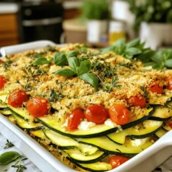 - Zucchini and Fresh Produce - 4 medium zucchinis, thinly sliced - 1 cup cherry tomatoes, halved Zucchini is the star of this dish. I love how its mild flavor shines through. Fresh cherry tomatoes add a touch of sweetness. They balance the dish perfectly. - Dairy Ingredients - 1 cup ricotta cheese - 1 cup shredded mozzarella cheese - 1/2 cup grated Parmesan cheese The ricotta gives a creamy texture. It melts beautifully with the mozzarella and adds richness. Parmesan brings a sharp and salty kick, making the flavors pop. - Herbs and Seasonings - 3 cloves garlic, minced - 1 tablespoon fresh basil, chopped - 1 tablespoon fresh thyme, chopped - 1 tablespoon olive oil - Salt and pepper to taste - 1/2 teaspoon red pepper flakes (optional) - 1 cup breadcrumbs (for topping) Garlic adds a wonderful aroma as it cooks. Fresh herbs like basil and thyme elevate the dish with vibrant flavor. Olive oil helps everything cook nicely. You can use red pepper flakes for a little heat if you like. The breadcrumbs on top give a satisfying crunch. This mix of ingredients makes the herb zucchini casserole both tasty and fun to eat. For the full recipe, check out the detailed instructions. Start by washing the zucchinis. Use a sharp knife to slice them thinly. This helps them cook evenly. Next, take your garlic cloves and mince them finely. This step adds great flavor to the dish. Heat a large skillet over medium heat and add olive oil. Once hot, add the minced garlic. Sauté it for about one minute until it smells nice. Then, add the sliced zucchini to the skillet. Cook for about five to seven minutes until they soften. Season with salt and pepper to taste, and add red pepper flakes if you like a bit of heat. In a big mixing bowl, combine the ricotta cheese and half of the mozzarella. Add half of the Parmesan cheese next. Then, chop fresh basil and thyme, and mix them in. Stir everything until it is smooth and creamy. This mixture will act as a tasty layer in your casserole. Grab a greased baking dish and layer half of the cooked zucchini at the bottom. Spread half of the ricotta mixture over the zucchini. Then, add half of the halved cherry tomatoes on top. Repeat these layers with the remaining zucchini, ricotta mixture, and cherry tomatoes. Finally, sprinkle the rest of the mozzarella and Parmesan on top. This will create a beautiful and cheesy finish. Now, cover the baking dish with aluminum foil. This helps everything cook through without browning too quickly. Place it in the preheated oven at 375°F (190°C) and bake for 25 minutes. This initial baking allows the flavors to meld nicely. After 25 minutes, carefully remove the foil. This lets the top get nice and golden. Bake for an extra 15 to 20 minutes until the cheese is bubbly and the top is golden brown. Once done, take it out and let it cool for about five to ten minutes before serving. This waiting time helps set the casserole. For the complete recipe, see the [Full Recipe]. Choosing the Right Zucchini Pick medium zucchinis for the best taste. Look for firm zucchinis with smooth skin. Avoid ones with soft spots or blemishes. Fresh zucchinis hold their shape and flavor well in the casserole. Adjusting Seasoning Levels Taste as you go! Start with salt and pepper, then add more if needed. You can also play with herbs. If you like more flavor, add extra basil or thyme. For spice lovers, the red pepper flakes will give it a nice kick. Making Ahead of Time You can prepare the casserole a day before. Layer all the ingredients, cover it, and place it in the fridge. Just bake it when you are ready to eat. This way, the flavors blend nicely, and it saves you time. Pairing Ideas for the Casserole Herb zucchini casserole goes well with a light salad. A simple green salad with lemon dressing works great. You can also serve it with crusty bread to soak up the flavors. If you want a protein, grilled chicken or fish pairs nicely. Presentation Tips: Garnishing Make your casserole look pretty by adding fresh herbs on top. Sprinkle some chopped basil or parsley before serving. This adds color and a fresh taste. A drizzle of olive oil can also enhance the look and flavor. Check the Full Recipe for detailed steps and tips to create this delicious dish! {{image_2}} Adding Proteins: Chicken or Tofu You can boost your casserole with protein. Adding cooked chicken or tofu makes it heartier. For chicken, use shredded rotisserie or diced grilled chicken. If you like tofu, press it first to remove water. Then, cube and sauté it with garlic before mixing it in. This swap not only adds flavor but also makes your meal more filling. Experimenting with Different Cheeses Cheese can change the taste a lot! Feel free to swap out the cheeses in the recipe. Try feta for a tangy kick or goat cheese for creaminess. You can also mix in some cheddar for a sharp flavor. Each cheese brings its own unique twist, so get creative and see what you love best! Gluten-Free Options If you need a gluten-free dish, switch out the breadcrumbs. Use gluten-free breadcrumbs or crushed gluten-free crackers. This keeps the texture nice and crisp. You can also skip the topping if you want a lighter version. The casserole will still taste great without it! Vegan Alternatives For a vegan option, replace dairy ingredients with plant-based choices. Use vegan ricotta or cashew cheese instead of regular ricotta. Choose almond or soy milk for a creamy base. You can also try nutritional yeast for a cheesy flavor without the dairy. With these swaps, everyone can enjoy this tasty dish! For more details on making this dish, check out the full recipe. To keep your herb zucchini casserole fresh, store it in the fridge. Use an airtight container. This helps prevent it from drying out. It stays good for about three to five days. If you want to save it for later, you can freeze the casserole. Cut it into pieces and wrap each piece well. Use plastic wrap and then foil to keep out air. You can freeze it for up to three months. When you are ready to eat it, let it thaw in the fridge overnight. When it’s time to enjoy your leftover casserole, you have a few good options. The oven is the best way to reheat it. Preheat the oven to 350°F (175°C). Place the casserole in an oven-safe dish. Cover it with foil to prevent it from drying out. Heat for about 20-25 minutes, or until hot. You can also use the microwave for a quicker option. Place a piece on a microwave-safe plate. Heat for 1-2 minutes, checking to see if it’s warm. If it needs more time, heat it in 30-second bursts. For the best taste, reheating in the oven is my favorite method. It keeps the texture nice and the cheese melty. Enjoy your delicious herb zucchini casserole again! For the full recipe, refer to the original section above. Can I use frozen zucchini for this recipe? I recommend fresh zucchini for the best taste and texture. Frozen zucchini can add extra water, making your casserole soggy. If you must use frozen, thaw and drain it well first. How long does the casserole last in the fridge? This casserole can last for about 3 to 5 days in the fridge. Store it in an airtight container to keep it fresh. Just reheat before serving. What can I substitute for ricotta cheese? You can use cottage cheese as a substitute. It offers a similar texture and flavor. Another option is cream cheese, but mix it with a bit of milk to soften it. How long to bake if using a different dish size? If you use a larger dish, your casserole may bake faster. Check it after 35 minutes. If using a smaller dish, it may need a bit longer. Always look for a golden top and bubbling cheese. Can I prepare this dish the day before? Yes, you can prep it the day before. Just layer everything in your dish and cover it. Store it in the fridge. Bake it the next day, adding a few extra minutes to the cook time if it’s cold. For the full recipe, refer back to the instructions above. This blog post covered a delicious herb zucchini casserole. We explored key ingredients like fresh zucchini, dairy, herbs, and spices. I provided easy steps, from prepping to baking. Handy tips helped you choose the right veggies and perfect your dish. We also touched on variations, making it fit for different diets. Finally, I shared storage tips and answered common questions. Enjoy creating this casserole, knowing you can tweak it however you like!