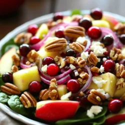To make this Apple Cranberry Pecan Salad, you will need: - 2 medium-sized apples (Granny Smith or Honeycrisp), diced - 1 cup fresh cranberries (or dried if out of season) - 1/2 cup pecans, roughly chopped - 1/4 cup red onion, thinly sliced - 1/4 cup feta cheese, crumbled (optional for creaminess) - 2 cups fresh spinach or mixed greens - 3 tablespoons olive oil - 2 tablespoons apple cider vinegar - 1 tablespoon honey or maple syrup - Salt and pepper to taste You can add a few optional items to enhance your salad. Consider adding: - Sliced avocado for creaminess - Chopped celery for crunch - Dried figs for sweetness - A sprinkle of sunflower seeds for extra protein This salad packs a punch of nutrition. Here are some benefits of the main ingredients: - Apples provide fiber and vitamin C, supporting heart health. - Cranberries are rich in antioxidants, promoting good health. - Pecans add healthy fats and protein for energy. - Spinach is loaded with vitamins A and K, boosting immunity. - Olive oil offers healthy monounsaturated fats, good for your heart. - Honey or maple syrup adds natural sweetness with antioxidants. This combination makes the Apple Cranberry Pecan Salad not just tasty, but also a smart choice for your meals. For the full recipe, check out the section above. First, gather your fresh ingredients. Aim for two medium apples, like Granny Smith or Honeycrisp. Next, grab a cup of fresh cranberries, or dried ones if they’re out of season. You’ll also need half a cup of pecans, chopped roughly, and a quarter cup of red onion, sliced thin. If you want a creamy touch, add a quarter cup of crumbled feta cheese. Don’t forget two cups of fresh spinach or mixed greens. In a large mixing bowl, combine the diced apples, cranberries, chopped pecans, red onion, and feta cheese if you chose to use it. This mix brings together sweet, tart, and crunchy flavors, making it a delight! Now, let’s make the dressing. In a small bowl, whisk together three tablespoons of olive oil. Add two tablespoons of apple cider vinegar for a tangy kick. Then, mix in one tablespoon of honey or maple syrup for sweetness. Finally, sprinkle in salt and pepper to taste. Whisk until it’s smooth and well combined. This dressing will tie all the salad ingredients together. Drizzle the dressing over your apple and cranberry mixture. Gently toss the salad to coat all the ingredients. Be careful not to mash the apples or greens. After everything is mixed, add the fresh spinach or mixed greens. Toss lightly again to combine. This adds a lovely green color and extra nutrients. Taste your salad and adjust the seasoning if needed. If you want it sweeter, add more honey. If it needs more flavor, add a pinch of salt or pepper. Serve immediately for a fresh and crisp taste. You can also chill it for about 15 minutes to let the flavors meld. For a pretty presentation, serve in a large bowl and top with extra pecans and cranberries. Enjoy your Apple Cranberry Pecan Delight! When you choose apples, pick ones that feel firm and smell sweet. Granny Smith and Honeycrisp are great options. For cranberries, look for bright, shiny berries. They should be plump, not shriveled. If fresh cranberries are hard to find, dried cranberries work too. Select pecans that are crunchy and smell nutty. The red onion should be firm and have vibrant color. Fresh spinach or mixed greens should look crisp and green. This salad shines when served fresh. You can present it in a large bowl for sharing. For a festive touch, sprinkle extra pecans and whole cranberries on top. You might also add crumbled feta cheese for creaminess. Serve it as a side dish at dinner or as a light lunch. Pair it with grilled chicken or fish for a full meal. Avoid using overripe apples; they make the salad mushy. Don’t skip the dressing; it brings all the flavors together. When mixing, be gentle to keep the greens crisp. If you prepare the salad ahead of time, the greens can wilt. Always taste it before serving to adjust the seasoning. You want the right balance of sweet and tangy. For the full recipe, check out the Apple Cranberry Pecan Delight. {{image_2}} You can swap the apples for pears. Pears add a sweet touch to your salad. If you can’t find fresh cranberries, use dried ones. Dried cranberries work well and stay sweet. You can also replace pecans with walnuts or almonds. Both nuts give a nice crunch and flavor. In fall, add roasted butternut squash for warmth. It pairs nicely with apples and cranberries. In spring or summer, use juicy strawberries or peaches instead of apples. These fruits bring a fresh taste. Try adding herbs like mint or basil for a new twist. They add bright flavors and make the salad pop. This salad is easy to make vegan. Just leave out the feta cheese, or use a vegan cheese. You can also skip honey and use maple syrup for sweetness. For gluten-free options, this salad is already safe. Just check that your dressing ingredients are gluten-free. Enjoy this salad with any meal while keeping it healthy! You can find the full recipe for more details on how to make it. To keep your apple cranberry pecan salad fresh, place it in an airtight container. This helps prevent the greens from wilting. If you have dressing left, store it separately. This way, your salad stays crisp and tasty. You can store the salad in the fridge for up to three days. After that, the apples may brown, and the greens lose their crunch. Always check for freshness before eating leftovers. If the salad looks or smells off, it’s best to discard it. I do not recommend freezing this salad. Freezing affects the texture of the apples and greens. However, you can freeze the dressing. Just store it in a small container or jar. When you're ready to use it, thaw it in the fridge overnight. For the full recipe, check out the recipe section. This salad stays fresh for about three days in the fridge. The apples may brown, but they still taste great. Store it in an airtight container to keep it crisp. Yes, you can prep this salad ahead. Keep the dressing separate until you are ready to eat. Mix everything right before serving for the best taste and texture. This salad pairs well with grilled chicken or fish. It also goes great with a warm soup. For a full meal, serve it with whole-grain bread or a hearty grain dish. Check out the Full Recipe for more ideas! This blog post shared key ingredients for a tasty Apple Cranberry Pecan Salad. We covered the steps to prepare, mix, and serve it well. I discussed tips to pick fresh items, avoid common mistakes, and offered variations for different diets. Storing leftovers is simple, and I provided answers to common questions. Enjoy making this healthy salad often. It’s easy and fun to share with others. Dive into the flavors and get creative with your salad!