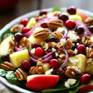 To make this Apple Cranberry Pecan Salad, you will need: - 2 medium-sized apples (Granny Smith or Honeycrisp), diced - 1 cup fresh cranberries (or dried if out of season) - 1/2 cup pecans, roughly chopped - 1/4 cup red onion, thinly sliced - 1/4 cup feta cheese, crumbled (optional for creaminess) - 2 cups fresh spinach or mixed greens - 3 tablespoons olive oil - 2 tablespoons apple cider vinegar - 1 tablespoon honey or maple syrup - Salt and pepper to taste You can add a few optional items to enhance your salad. Consider adding: - Sliced avocado for creaminess - Chopped celery for crunch - Dried figs for sweetness - A sprinkle of sunflower seeds for extra protein This salad packs a punch of nutrition. Here are some benefits of the main ingredients: - Apples provide fiber and vitamin C, supporting heart health. - Cranberries are rich in antioxidants, promoting good health. - Pecans add healthy fats and protein for energy. - Spinach is loaded with vitamins A and K, boosting immunity. - Olive oil offers healthy monounsaturated fats, good for your heart. - Honey or maple syrup adds natural sweetness with antioxidants. This combination makes the Apple Cranberry Pecan Salad not just tasty, but also a smart choice for your meals. For the full recipe, check out the section above. First, gather your fresh ingredients. Aim for two medium apples, like Granny Smith or Honeycrisp. Next, grab a cup of fresh cranberries, or dried ones if they’re out of season. You’ll also need half a cup of pecans, chopped roughly, and a quarter cup of red onion, sliced thin. If you want a creamy touch, add a quarter cup of crumbled feta cheese. Don’t forget two cups of fresh spinach or mixed greens. In a large mixing bowl, combine the diced apples, cranberries, chopped pecans, red onion, and feta cheese if you chose to use it. This mix brings together sweet, tart, and crunchy flavors, making it a delight! Now, let’s make the dressing. In a small bowl, whisk together three tablespoons of olive oil. Add two tablespoons of apple cider vinegar for a tangy kick. Then, mix in one tablespoon of honey or maple syrup for sweetness. Finally, sprinkle in salt and pepper to taste. Whisk until it’s smooth and well combined. This dressing will tie all the salad ingredients together. Drizzle the dressing over your apple and cranberry mixture. Gently toss the salad to coat all the ingredients. Be careful not to mash the apples or greens. After everything is mixed, add the fresh spinach or mixed greens. Toss lightly again to combine. This adds a lovely green color and extra nutrients. Taste your salad and adjust the seasoning if needed. If you want it sweeter, add more honey. If it needs more flavor, add a pinch of salt or pepper. Serve immediately for a fresh and crisp taste. You can also chill it for about 15 minutes to let the flavors meld. For a pretty presentation, serve in a large bowl and top with extra pecans and cranberries. Enjoy your Apple Cranberry Pecan Delight! When you choose apples, pick ones that feel firm and smell sweet. Granny Smith and Honeycrisp are great options. For cranberries, look for bright, shiny berries. They should be plump, not shriveled. If fresh cranberries are hard to find, dried cranberries work too. Select pecans that are crunchy and smell nutty. The red onion should be firm and have vibrant color. Fresh spinach or mixed greens should look crisp and green. This salad shines when served fresh. You can present it in a large bowl for sharing. For a festive touch, sprinkle extra pecans and whole cranberries on top. You might also add crumbled feta cheese for creaminess. Serve it as a side dish at dinner or as a light lunch. Pair it with grilled chicken or fish for a full meal. Avoid using overripe apples; they make the salad mushy. Don’t skip the dressing; it brings all the flavors together. When mixing, be gentle to keep the greens crisp. If you prepare the salad ahead of time, the greens can wilt. Always taste it before serving to adjust the seasoning. You want the right balance of sweet and tangy. For the full recipe, check out the Apple Cranberry Pecan Delight. {{image_2}} You can swap the apples for pears. Pears add a sweet touch to your salad. If you can’t find fresh cranberries, use dried ones. Dried cranberries work well and stay sweet. You can also replace pecans with walnuts or almonds. Both nuts give a nice crunch and flavor. In fall, add roasted butternut squash for warmth. It pairs nicely with apples and cranberries. In spring or summer, use juicy strawberries or peaches instead of apples. These fruits bring a fresh taste. Try adding herbs like mint or basil for a new twist. They add bright flavors and make the salad pop. This salad is easy to make vegan. Just leave out the feta cheese, or use a vegan cheese. You can also skip honey and use maple syrup for sweetness. For gluten-free options, this salad is already safe. Just check that your dressing ingredients are gluten-free. Enjoy this salad with any meal while keeping it healthy! You can find the full recipe for more details on how to make it. To keep your apple cranberry pecan salad fresh, place it in an airtight container. This helps prevent the greens from wilting. If you have dressing left, store it separately. This way, your salad stays crisp and tasty. You can store the salad in the fridge for up to three days. After that, the apples may brown, and the greens lose their crunch. Always check for freshness before eating leftovers. If the salad looks or smells off, it’s best to discard it. I do not recommend freezing this salad. Freezing affects the texture of the apples and greens. However, you can freeze the dressing. Just store it in a small container or jar. When you're ready to use it, thaw it in the fridge overnight. For the full recipe, check out the recipe section. This salad stays fresh for about three days in the fridge. The apples may brown, but they still taste great. Store it in an airtight container to keep it crisp. Yes, you can prep this salad ahead. Keep the dressing separate until you are ready to eat. Mix everything right before serving for the best taste and texture. This salad pairs well with grilled chicken or fish. It also goes great with a warm soup. For a full meal, serve it with whole-grain bread or a hearty grain dish. Check out the Full Recipe for more ideas! This blog post shared key ingredients for a tasty Apple Cranberry Pecan Salad. We covered the steps to prepare, mix, and serve it well. I discussed tips to pick fresh items, avoid common mistakes, and offered variations for different diets. Storing leftovers is simple, and I provided answers to common questions. Enjoy making this healthy salad often. It’s easy and fun to share with others. Dive into the flavors and get creative with your salad!