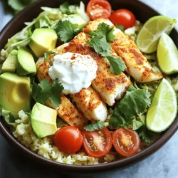 When making a low-carb fish taco bowl, you need simple and fresh ingredients. Here’s what you’ll need: - 1 lb white fish fillets (tilapia or cod) - Spices: chili powder, cumin, garlic powder - Vegetables: riced cauliflower, shredded cabbage, avocado, cherry tomatoes - Toppings: Greek yogurt, fresh cilantro, lime These ingredients come together to create a dish that is both tasty and healthy. The white fish provides a light protein source. The spices add a warm kick. Riced cauliflower acts as a great low-carb base. The veggies bring freshness and color. You might wonder about the health benefits of this dish. Here’s a quick look at the nutritional information: - Calorie count: About 350 calories per serving. - Carbohydrate content: Roughly 15 grams per serving. - Protein and fat breakdown: Each serving has about 30 grams of protein and 15 grams of fat. This bowl is not only filling but also aligns well with a low-carb diet. It is a balanced meal that keeps your body fueled. For more details, check the Full Recipe for precise quantities and cooking steps. First, preheat your oven to 400°F (200°C). In a small bowl, mix olive oil, chili powder, cumin, garlic powder, salt, and pepper. This seasoning blend is key to great flavor. Take your fish fillets and rub this mixture all over them. Make sure every part is coated well. Place the seasoned fish on a parchment-lined baking sheet. Bake the fish for about 15-20 minutes. You will know it is done when it turns opaque and flakes easily with a fork. Keep an eye on it to avoid overcooking. While the fish bakes, grab a skillet and heat it over medium heat. Add the riced cauliflower and sauté it for about 5-7 minutes. Stir it often until it becomes tender. Season it lightly with salt and pepper to bring out the flavor. Now it’s time to build your taco bowl. Start with a base of sautéed riced cauliflower in each serving bowl. Next, layer on the shredded cabbage, diced avocado, halved cherry tomatoes, and the flaked fish. This layering makes the bowl look colorful and inviting. Finish your bowl with a drizzle of fresh lime juice over the top. This adds a bright flavor. Add a dollop of Greek yogurt for creaminess. Finally, sprinkle chopped cilantro on top for a fresh touch. Serve with extra lime wedges on the side for those who want more zing. Enjoy your fresh and flavorful Low-Carb Fish Taco Bowl! For the full recipe, check out the detailed steps above. To avoid overcooking fish, keep an eye on the time. Fish cooks quickly, usually in 15-20 minutes. Check it at the 15-minute mark. If it flakes easily with a fork, it’s ready. If not, give it a few more minutes. This helps keep your fish moist. Even seasoning is key to great flavor. When you mix your spices, make sure they coat the fish well. Rub the spice mix all over the fillets. This ensures each bite is flavorful. For extra taste, add toppings like sliced jalapeños or crumbled feta. These add heat and creaminess. You can also try fresh mango salsa for a sweet twist. If you want a bolder flavor, adjust the spices. Add more chili powder for heat or extra cumin for earthiness. Small changes can make a big difference. Pair your low-carb fish taco bowl with a fresh salad or a light soup. These sides balance the meal and add more nutrients. You might enjoy a light cucumber salad for a refreshing touch. To make meal prep easy, portion out your ingredients in advance. Store the fish and veggies separately until you're ready to eat. This keeps everything fresh. Plus, you can mix and match flavors throughout the week. For the full recipe, check out the instructions above. {{image_2}} You can use different fish for your taco bowl. Salmon adds a rich flavor. Mahi-mahi has a firm texture and great taste. Shrimp is also a popular choice. Each fish cooks well with the spices in the recipe. Feel free to mix and match based on what you like. For a plant-based option, swap fish with tofu or tempeh. Tofu soaks up flavors well, making it a great choice. Tempeh has a nutty taste and adds more protein. Both options work nicely in the bowl and keep it low-carb. You can spice up your bowl with hot sauce for some heat. Adding tropical fruits like mango or pineapple brings a sweet touch. These flavors add fun to the dish. You can also try different herbs for a fresh twist. Explore your preferences and have fun with it! To keep your Low-Carb Fish Taco Bowl fresh, store leftovers in an airtight container. Place the fish, riced cauliflower, and toppings in separate containers. This helps preserve texture and flavor. Store them in the refrigerator for up to three days. When ready to eat, make sure to check for any signs of spoilage. If you want to freeze components, first cool them completely. Wrap the fish tightly in plastic wrap, then place it in a freezer bag. You can also freeze the riced cauliflower. Avoid freezing the fresh toppings like avocado and tomatoes, as they do not freeze well. Use frozen components within three months for the best taste. To reheat your fish taco bowl, I recommend using the oven. Preheat it to 350°F (175°C). Place the fish and cauliflower on a baking sheet. Heat for about 10-15 minutes until warmed through. This method keeps the fish flaky and the cauliflower tender. For the toppings, add them fresh after reheating to maintain their crunch and flavor. For the full recipe, refer to the details above. You can pair your fish taco bowl with simple sides. Here are some great options: - Lettuce wraps: Use large lettuce leaves as a fresh wrap. - Zucchini fries: Bake thin zucchini slices for a tasty crunch. - Guacamole: A rich dip adds creaminess and flavor. - Fresh salsa: A mix of tomatoes, onions, and cilantro brings zest. - Pickled vegetables: They add a tangy twist that brightens the dish. To make this dish dairy-free, swap Greek yogurt for these options: - Avocado: Mash it for a creamy texture. - Coconut yogurt: It gives a nice flavor and is dairy-free. - Cashew cream: Blend soaked cashews with water for a rich sauce. - Tahini: This sesame paste adds depth and creaminess. Yes, you can easily meal prep this bowl. Here are some best practices: - Cook the fish ahead: Bake and store in the fridge for up to three days. - Prep veggies: Chop and store cabbage, tomatoes, and avocado in airtight containers. - Make cauliflower rice: Cook and cool it before storing. - Assemble right before eating: This keeps the ingredients fresh and crisp. You can tell the fish is done by checking the following: - Opaque color: The fish should look white or pale. - Flakes easily: Use a fork; it should break apart easily. - Internal temperature: Aim for 145°F (63°C) for safe eating. - Time: Typically, fish takes 15-20 minutes to bake at 400°F (200°C). Yes, this recipe can be adjusted for kids. Here are some tips: - Mild spices: Reduce chili powder for a milder flavor. - Fun toppings: Let kids choose their favorite toppings. - Build-your-own bowls: Kids love to customize their meals. - Fish shape: Use cookie cutters to make fish shapes for fun! This article covered a tasty low-carb fish taco bowl. We explored key ingredients, like white fish and fresh vegetables. You learned step-by-step how to prepare and bake the fish, cook riced cauliflower, and assemble a flavorful bowl. I shared tips for enhancing flavor and storing leftovers, along with different options for variations. In summary, try this dish for a healthy meal that's fun and easy to make. Enjoy the fresh tastes and feel confident to play with new flavors. Your kitchen adventures can be both yummy and simple!