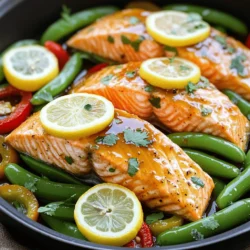 - 4 salmon fillets - 1/4 cup honey - 3 tablespoons soy sauce - 3 cloves garlic - Fresh ginger - Olive oil and sesame oil - Vegetables (snap peas, red bell pepper) - Lemon and herbs (cilantro or parsley) - Other vegetables - Extra seasonings The main ingredients in this dish are simple yet powerful. Salmon is the star, and its rich flavor shines through the honey and soy sauce. The honey adds sweetness, while soy sauce brings depth. Garlic adds a nice punch, making the dish savory. You can enhance the flavor with fresh ginger. It adds a warm, spicy note that pairs well with salmon. Use olive oil and sesame oil for cooking; they add richness and a nutty flavor. For veggies, snap peas and red bell peppers work great. They add color and crunch. You can mix in other vegetables too, like broccoli or carrots, if you like. Lemon slices and fresh herbs, such as cilantro or parsley, brighten the dish. They add freshness and a pop of color, making your meal look beautiful. Feel free to add extra spices or herbs. A pinch of chili flakes or some fresh thyme can change the flavor profile. The Full Recipe gives you all the details you need to make this easy and tasty meal. 1. Preheat your oven to 400°F (200°C). This step helps cook the salmon evenly. 2. In a small bowl, whisk together honey, soy sauce, minced garlic, and grated ginger until smooth. Set this sauce aside. It adds a great flavor to the salmon. 1. In a large oven-safe skillet, heat olive oil and sesame oil over medium-high heat. This mix gives a nice depth to the dish. 2. Once the oil is hot, add the salmon fillets skin-side down. Season them with salt and pepper. Cook the salmon for about 3-4 minutes. You want the skin crispy. 3. Carefully flip the fillets over. Pour the honey garlic mixture over the salmon and place lemon slices on top. The lemon adds brightness to the dish. 1. Add snap peas and red bell pepper around the salmon in the same skillet. This adds color and crunch. 2. Transfer the skillet to the preheated oven. Bake for 10-12 minutes. The salmon should flake easily with a fork when done. 3. Remove from oven and let it sit for a couple of minutes. This cooling time helps the flavors meld together. 4. Garnish with fresh cilantro or parsley before serving. Enjoy your beautiful One-Pan Honey Garlic Salmon! For details on the ingredients, check the Full Recipe. To ensure crispy skin on your salmon, start with a hot pan. Heat olive oil and sesame oil until they shimmer. Place the salmon skin-side down and let it cook without moving it for about 3-4 minutes. This method helps the skin get nice and crispy. The ideal internal temperature for salmon is 145°F (63°C). Use a meat thermometer to check. When the salmon flakes easily with a fork, it’s ready to eat. For side dishes, snap peas or red bell pepper work great. You can also serve this salmon with rice or quinoa for a filling meal. When plating, arrange the salmon fillets neatly. Add the veggies around the fish. A sprinkle of fresh cilantro or parsley on top adds a pop of color and flavor. One common mistake is overcooking the salmon. Keep an eye on the time and check the temperature. Overcooked salmon can become dry and tough. Another mistake is using the wrong pan. Choose an oven-safe skillet. If your pan isn't oven-safe, transfer the salmon to a baking dish before putting it in the oven. This keeps your cooking smooth and easy. For the Full Recipe, check out the main sections. {{image_2}} You can make this dish with chicken or tofu instead of salmon. Chicken thighs work well. Just adjust the cooking time. Tofu is a great option for vegans. Use firm tofu, and press it to remove extra water. This way, it absorbs the flavors better. Both options offer a tasty twist on the original. Other fish options include tilapia or cod. These fish have mild flavors and cook quickly. Just follow the same cooking method in the recipe. Adding spices or herbs can change the taste. Consider adding red pepper flakes for heat. Fresh herbs like basil or dill can add freshness. You can also try a dash of smoked paprika for a unique touch. If you want to adjust sweetness, use maple syrup instead of honey. Maple syrup gives a different flavor but is still delicious. Just keep the same amount as the honey in the recipe. To make this dish gluten-free, use tamari instead of soy sauce. Tamari is a great substitute that keeps the flavors intact. This change makes it safe for those with gluten allergies. For low-carb or keto diets, skip the honey altogether. You can use a sugar substitute like erythritol. This keeps the dish tasty without the added carbs. Adjust to your taste, and enjoy a healthier version! To keep your One-Pan Honey Garlic Salmon fresh, store it right. Let the salmon cool down before placing it in the fridge. Use an airtight container to avoid air exposure. It stays good for up to three days. For best taste, consume it within two days. You can freeze this dish if you want to save it for later. First, let the salmon cool completely. Wrap each fillet tightly in plastic wrap. Then, place them in a freezer-safe bag or container. Seal it well to prevent freezer burn. This way, it can last up to three months in the freezer. When you're ready to eat, thaw it overnight in the fridge. Reheating salmon can be tricky, but I have some good methods. The oven works best. Preheat it to 350°F (175°C). Place the salmon on a baking sheet and cover it with foil. Heat for about 10 minutes. You can also reheat it in the microwave. Use a microwave-safe plate and cover it with a damp paper towel. Heat in short bursts until warm. Avoid overcooking, as it may dry out the fish. To make One-Pan Honey Garlic Salmon, follow these steps: 1. Preheat your oven to 400°F (200°C). 2. In a bowl, mix honey, soy sauce, minced garlic, and grated ginger. 3. Heat olive oil and sesame oil in an oven-safe skillet. 4. Add salmon fillets skin-side down and season with salt and pepper. 5. Cook for 3-4 minutes until the skin is crispy, then flip. 6. Pour the honey garlic sauce over the salmon and add lemon slices. 7. Add snap peas and red bell pepper around the salmon. 8. Transfer the skillet to the oven and bake for 10-12 minutes. 9. Remove from the oven and let it cool for a few minutes. 10. Garnish with fresh cilantro or parsley before serving. This simple method brings out great flavors in a short time. You can find the Full Recipe for more details. Yes, you can use frozen salmon. However, you need to thaw it first. Here are two methods: - Refrigerator method: Place the frozen salmon in the fridge overnight. - Cold water method: Seal the salmon in a bag and submerge it in cold water for 30-60 minutes. Make sure the salmon is fully thawed before cooking. Cooking frozen salmon directly may lead to uneven cooking. If you need a substitute for honey, try these sweeteners: - Maple syrup: This gives a similar sweet flavor. - Agave nectar: It’s sweeter than honey but works well. - Brown sugar: Mix it with water to create a syrup. Each sweetener will change the taste slightly, so choose based on your preference. You can store leftovers for up to 3 days in the fridge. Keep them in an airtight container. If you want to keep them longer, you can freeze the salmon. It can last up to 3 months in the freezer. Just remember to reheat it gently to avoid drying it out. This blog showed how to make One-Pan Honey Garlic Salmon with ease. You learned about the key ingredients, step-by-step cooking instructions, and handy tips. We also explored flavor variations, dietary adjustments, and storage advice. Now, you can prepare a delicious meal that is both simple and satisfying. Trust these methods and enjoy your cooking journey with confidence.