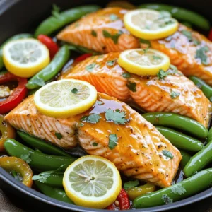 - 4 salmon fillets - 1/4 cup honey - 3 tablespoons soy sauce - 3 cloves garlic - Fresh ginger - Olive oil and sesame oil - Vegetables (snap peas, red bell pepper) - Lemon and herbs (cilantro or parsley) - Other vegetables - Extra seasonings The main ingredients in this dish are simple yet powerful. Salmon is the star, and its rich flavor shines through the honey and soy sauce. The honey adds sweetness, while soy sauce brings depth. Garlic adds a nice punch, making the dish savory. You can enhance the flavor with fresh ginger. It adds a warm, spicy note that pairs well with salmon. Use olive oil and sesame oil for cooking; they add richness and a nutty flavor. For veggies, snap peas and red bell peppers work great. They add color and crunch. You can mix in other vegetables too, like broccoli or carrots, if you like. Lemon slices and fresh herbs, such as cilantro or parsley, brighten the dish. They add freshness and a pop of color, making your meal look beautiful. Feel free to add extra spices or herbs. A pinch of chili flakes or some fresh thyme can change the flavor profile. The Full Recipe gives you all the details you need to make this easy and tasty meal. 1. Preheat your oven to 400°F (200°C). This step helps cook the salmon evenly. 2. In a small bowl, whisk together honey, soy sauce, minced garlic, and grated ginger until smooth. Set this sauce aside. It adds a great flavor to the salmon. 1. In a large oven-safe skillet, heat olive oil and sesame oil over medium-high heat. This mix gives a nice depth to the dish. 2. Once the oil is hot, add the salmon fillets skin-side down. Season them with salt and pepper. Cook the salmon for about 3-4 minutes. You want the skin crispy. 3. Carefully flip the fillets over. Pour the honey garlic mixture over the salmon and place lemon slices on top. The lemon adds brightness to the dish. 1. Add snap peas and red bell pepper around the salmon in the same skillet. This adds color and crunch. 2. Transfer the skillet to the preheated oven. Bake for 10-12 minutes. The salmon should flake easily with a fork when done. 3. Remove from oven and let it sit for a couple of minutes. This cooling time helps the flavors meld together. 4. Garnish with fresh cilantro or parsley before serving. Enjoy your beautiful One-Pan Honey Garlic Salmon! For details on the ingredients, check the Full Recipe. To ensure crispy skin on your salmon, start with a hot pan. Heat olive oil and sesame oil until they shimmer. Place the salmon skin-side down and let it cook without moving it for about 3-4 minutes. This method helps the skin get nice and crispy. The ideal internal temperature for salmon is 145°F (63°C). Use a meat thermometer to check. When the salmon flakes easily with a fork, it’s ready to eat. For side dishes, snap peas or red bell pepper work great. You can also serve this salmon with rice or quinoa for a filling meal. When plating, arrange the salmon fillets neatly. Add the veggies around the fish. A sprinkle of fresh cilantro or parsley on top adds a pop of color and flavor. One common mistake is overcooking the salmon. Keep an eye on the time and check the temperature. Overcooked salmon can become dry and tough. Another mistake is using the wrong pan. Choose an oven-safe skillet. If your pan isn't oven-safe, transfer the salmon to a baking dish before putting it in the oven. This keeps your cooking smooth and easy. For the Full Recipe, check out the main sections. {{image_2}} You can make this dish with chicken or tofu instead of salmon. Chicken thighs work well. Just adjust the cooking time. Tofu is a great option for vegans. Use firm tofu, and press it to remove extra water. This way, it absorbs the flavors better. Both options offer a tasty twist on the original. Other fish options include tilapia or cod. These fish have mild flavors and cook quickly. Just follow the same cooking method in the recipe. Adding spices or herbs can change the taste. Consider adding red pepper flakes for heat. Fresh herbs like basil or dill can add freshness. You can also try a dash of smoked paprika for a unique touch. If you want to adjust sweetness, use maple syrup instead of honey. Maple syrup gives a different flavor but is still delicious. Just keep the same amount as the honey in the recipe. To make this dish gluten-free, use tamari instead of soy sauce. Tamari is a great substitute that keeps the flavors intact. This change makes it safe for those with gluten allergies. For low-carb or keto diets, skip the honey altogether. You can use a sugar substitute like erythritol. This keeps the dish tasty without the added carbs. Adjust to your taste, and enjoy a healthier version! To keep your One-Pan Honey Garlic Salmon fresh, store it right. Let the salmon cool down before placing it in the fridge. Use an airtight container to avoid air exposure. It stays good for up to three days. For best taste, consume it within two days. You can freeze this dish if you want to save it for later. First, let the salmon cool completely. Wrap each fillet tightly in plastic wrap. Then, place them in a freezer-safe bag or container. Seal it well to prevent freezer burn. This way, it can last up to three months in the freezer. When you're ready to eat, thaw it overnight in the fridge. Reheating salmon can be tricky, but I have some good methods. The oven works best. Preheat it to 350°F (175°C). Place the salmon on a baking sheet and cover it with foil. Heat for about 10 minutes. You can also reheat it in the microwave. Use a microwave-safe plate and cover it with a damp paper towel. Heat in short bursts until warm. Avoid overcooking, as it may dry out the fish. To make One-Pan Honey Garlic Salmon, follow these steps: 1. Preheat your oven to 400°F (200°C). 2. In a bowl, mix honey, soy sauce, minced garlic, and grated ginger. 3. Heat olive oil and sesame oil in an oven-safe skillet. 4. Add salmon fillets skin-side down and season with salt and pepper. 5. Cook for 3-4 minutes until the skin is crispy, then flip. 6. Pour the honey garlic sauce over the salmon and add lemon slices. 7. Add snap peas and red bell pepper around the salmon. 8. Transfer the skillet to the oven and bake for 10-12 minutes. 9. Remove from the oven and let it cool for a few minutes. 10. Garnish with fresh cilantro or parsley before serving. This simple method brings out great flavors in a short time. You can find the Full Recipe for more details. Yes, you can use frozen salmon. However, you need to thaw it first. Here are two methods: - Refrigerator method: Place the frozen salmon in the fridge overnight. - Cold water method: Seal the salmon in a bag and submerge it in cold water for 30-60 minutes. Make sure the salmon is fully thawed before cooking. Cooking frozen salmon directly may lead to uneven cooking. If you need a substitute for honey, try these sweeteners: - Maple syrup: This gives a similar sweet flavor. - Agave nectar: It’s sweeter than honey but works well. - Brown sugar: Mix it with water to create a syrup. Each sweetener will change the taste slightly, so choose based on your preference. You can store leftovers for up to 3 days in the fridge. Keep them in an airtight container. If you want to keep them longer, you can freeze the salmon. It can last up to 3 months in the freezer. Just remember to reheat it gently to avoid drying it out. This blog showed how to make One-Pan Honey Garlic Salmon with ease. You learned about the key ingredients, step-by-step cooking instructions, and handy tips. We also explored flavor variations, dietary adjustments, and storage advice. Now, you can prepare a delicious meal that is both simple and satisfying. Trust these methods and enjoy your cooking journey with confidence.