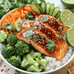- 4 salmon fillets - 2 cups cooked jasmine rice - 1 cup broccoli florets - 1 carrot, julienned - 1 cucumber, sliced - 2 green onions, chopped - Sesame seeds, for garnish - Fresh cilantro, for garnish Fresh ingredients bring life to your Honey Sriracha Salmon Bowls. Salmon fillets are the star. They provide rich flavor and healthy fats. I love using jasmine rice as the base. It pairs well with the sweet and spicy sauce. Broccoli adds a nice crunch, while the julienned carrot and cucumber bring color and freshness. Don’t forget the green onions and herbs. They add layers of taste and make the dish beautiful. - 2 tablespoons honey - 2 tablespoons sriracha sauce - 1 tablespoon soy sauce - 1 tablespoon sesame oil Pantry staples are key to this recipe. Honey gives sweetness, while sriracha adds heat. Soy sauce brings umami, and sesame oil adds a nutty flavor. Together, they create a perfect balance for the salmon. You can adjust these ingredients to suit your taste. Want it sweeter? Add more honey. Prefer it spicier? Add more sriracha. This flexibility makes it fun to experiment. - Calories: Approximately 450 per serving - Protein: 30g - Carbohydrates: 45g - Fat: 15g Each serving packs a punch of nutrients. This dish is rich in protein from the salmon. The carbs come from the jasmine rice, giving you energy. Healthy fats from the salmon and sesame oil help keep you full. This meal is not only tasty but also good for you. It fits well into a balanced diet. For a complete breakdown, refer to the Full Recipe. - Prepping the salmon and sauce: Start by mixing honey, sriracha, soy sauce, and sesame oil in a small bowl. This sauce will give your salmon a sweet and spicy kick. Brush the sauce over the salmon fillets. Save a bit of sauce for later. - Preparing vegetables: Cut your vegetables while the oven heats. Slice the cucumber, julienne the carrot, and chop green onions. This adds crunch and color to your bowl. Steam the broccoli until it's tender, about five to seven minutes. - Baking the salmon: Preheat your oven to 400°F (200°C). Place the salmon on a lined baking sheet, coated with the sauce. Bake for 12-15 minutes. The salmon should flake easily with a fork when done. - Steaming vegetables: While the salmon cooks, steam the broccoli. This keeps it bright and crunchy. Steaming is quick and helps preserve the nutrients. - Layering ingredients in bowls: Start with half a cup of jasmine rice in each bowl. Add equal amounts of steamed broccoli, carrots, and cucumbers on top. - Final touches before serving: Place a salmon fillet on top of the veggies. Drizzle the reserved honey sriracha sauce over everything. Finish with sesame seeds and chopped green onions. Add fresh cilantro for a burst of flavor. Feel free to check out the Full Recipe for more details and tips. Enjoy your colorful, tasty bowls! To achieve perfectly cooked salmon, bake at 400°F (200°C). Salmon cooks best when it is flaky but not dry. Keep an eye on it as it bakes. Cook for 12-15 minutes. Use a fork to test if it flakes easily. To adjust sweetness or spice levels, play with the honey and sriracha. Add more honey for sweetness or more sriracha for heat. Start with small amounts. Taste as you go to find your perfect balance. For an appealing dish, layer your ingredients in colorful sections. Place the jasmine rice at the bottom, then add veggies, and top with salmon. This makes each bowl look fresh and vibrant. Garnishing adds visual appeal. Use sesame seeds and chopped green onions. Fresh cilantro gives a nice pop of color and flavor. A lime wedge on the side adds a nice touch. Pair these bowls with a light drink like iced tea or a fruity soda. They also go well with a crisp salad on the side. For meal prep, pack the ingredients in separate containers. This keeps everything fresh. It’s perfect for family dinners too. Everyone can customize their bowl with their favorite toppings. {{image_2}} You can switch up the protein in your Honey Sriracha Salmon Bowls. If you don’t have salmon, try chicken or shrimp. Both options will soak up the sauce well and add great flavor. For a vegetarian option, use tofu or tempeh. They both absorb flavors nicely. Just marinate them in the honey sriracha sauce before cooking. This keeps the dish tasty and satisfying. Adding extra spices is a great way to change the flavor. Try garlic powder, ginger, or even a splash of lime juice. Each will bring a new twist to the dish. You can also change the base from rice to quinoa. Quinoa offers more protein and a nutty flavor. It’s a wonderful way to mix things up while still keeping it healthy. Using seasonal vegetables can make your bowl even better. In the spring, add asparagus or snap peas. In the fall, try roasted sweet potatoes or Brussels sprouts. Seasonal veggies can boost the dish’s flavor and nutrition. Garnishes can also be seasonal. Fresh herbs like basil or dill add a bright taste. You can also use radishes or microgreens to make your bowl pop. For the Full Recipe, check out the details above. To keep your Honey Sriracha Salmon Bowls fresh, store leftovers in an airtight container. Make sure to refrigerate them right away. This helps keep the salmon and veggies tasty. The dish lasts about three days in the fridge. After that, the quality may drop. When reheating, use the microwave or oven. If using the microwave, heat in short bursts. This helps avoid overcooking the salmon. If you choose the oven, preheat to 350°F. Cover the dish with foil to keep moisture in. This keeps the salmon juicy and the veggies crisp. You can freeze the salmon and veggies separately. This way, they maintain their flavor and texture. Place them in freezer-safe bags and remove as much air as possible. To defrost, place them in the fridge overnight. If you're in a hurry, use the microwave's defrost setting. This ensures the best results when you're ready to enjoy your meal again. Can I use frozen salmon for this recipe? Yes, you can use frozen salmon. Just thaw it first. Place it in the fridge overnight or under cold water for a quick thaw. Make sure it's fully thawed before cooking. This helps the salmon cook evenly and taste great. How can I make this dish gluten-free? To make it gluten-free, swap soy sauce for tamari or coconut aminos. These options taste similar but do not contain gluten. Check that your sriracha is also gluten-free, as some brands may add gluten-containing ingredients. What should I do if my salmon is overcooked? If your salmon is overcooked, don't worry too much. You can add a sauce or dressing to add moisture. A squeeze of lemon juice or a drizzle of olive oil can help. This boosts the flavor and makes it more enjoyable. How to tell when salmon is done cooking? Salmon is done when it flakes easily with a fork. The inside should be a light pink color, not raw. You can also use a food thermometer; it should reach 145°F (63°C) for safe eating. What can I substitute for sriracha? If you need a substitute for sriracha, try a mix of hot sauce and honey. This gives you the heat and sweetness. You could also use chili paste or sambal oelek if you have them on hand. Can I replace jasmine rice with another grain? Yes, you can replace jasmine rice with quinoa, brown rice, or cauliflower rice. Each option gives a different texture and taste. Quinoa adds protein, while cauliflower rice is lower in carbs. Choose what you like best! In this post, I shared key ingredients for a tasty salmon dish. We explored fresh items, pantry staples, and nutrition facts. Step-by-step, I guided you through preparation, cooking, and plating. Tips and variations helped enhance your cooking skills and make the meal your own. Cooking is all about experimenting and having fun. Enjoy your time in the kitchen and share your tasty results!