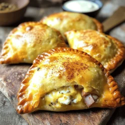 To make delicious ham and cheese empanadas, gather these key ingredients: - 1 cup cooked ham, finely chopped - 1 cup shredded mozzarella cheese - ½ cup cream cheese, softened - 1 small onion, finely diced - 1 teaspoon garlic powder - ½ teaspoon smoked paprika - Salt and pepper to taste - 1 package (10 oz) empanada dough discs - 1 egg, beaten (for egg wash) - Olive oil for frying These ingredients create a rich and creamy filling. The ham adds savory flavor, while the cheeses give a wonderful melt. The spices enhance the taste and aroma. You can add these optional ingredients to boost the flavor: - Fresh herbs like parsley or cilantro - Chopped bell peppers for extra crunch - Jalapeños for a spicy kick - A splash of hot sauce for heat These extras can tailor the empanadas to your taste. Feel free to experiment! To prepare your empanadas, you will need: - A large mixing bowl - A fork for crimping edges - A skillet for frying - A spatula for flipping - Paper towels for draining excess oil Having the right tools makes the process smoother. With these items, you can easily whip up tasty empanadas. For more details, check the Full Recipe. To make the filling, start with a large mixing bowl. Add 1 cup of finely chopped cooked ham. Next, mix in 1 cup of shredded mozzarella cheese. Then, add ½ cup of softened cream cheese. This adds a nice creaminess. Now, add 1 small diced onion for flavor. Sprinkle in 1 teaspoon of garlic powder and ½ teaspoon of smoked paprika. Season with salt and pepper to taste. Stir everything together until it’s well mixed. This filling is both cheesy and savory. You can even taste it to see if you like the flavor. Grab an empanada dough disc. Place about 2 tablespoons of the filling in the center of the disc. Fold the disc in half to create a semicircle. Press the edges together firmly to seal the empanada. You can use a fork to crimp the edges for a pretty touch. Repeat this with the remaining dough and filling until you have a nice batch. Make sure to keep the empanadas sealed well to hold the filling inside. Preheat a large skillet over medium heat. Pour in enough olive oil to coat the bottom of the skillet. Wait for the oil to get hot. Fry the empanadas in batches. Cook each one for about 3-4 minutes on each side. Look for a golden brown color, which means they are ready. Once cooked, remove the empanadas and place them on a paper towel-lined plate. This will help drain any extra oil. For a shiny finish, brush the tops with a beaten egg if you want. Now, your ham and cheese empanadas are ready to enjoy! To get the perfect crunch, use enough oil when frying. Make sure the oil is hot before adding the empanadas. This helps them cook quickly and brown nicely. Fry in small batches to avoid crowding the pan. Each empanada needs space to fry evenly. For a lighter bite, you can bake instead. Brush the tops with egg wash before baking for a golden look. One big mistake is overfilling the empanadas. Too much filling makes them hard to seal. Always leave space around the edges when filling. Another mistake is not sealing them well. Use a fork to crimp the edges tightly. This keeps the filling from leaking out. Also, make sure to let them cool slightly before eating. This helps avoid burns and makes them easier to handle. Serve your ham and cheese empanadas with a tasty dipping sauce. A tangy salsa or creamy ranch dressing works great. You can also add a salad on the side for freshness. Try pairing them with a light soup for a hearty meal. These empanadas are perfect for parties too! They make a fun finger food for guests. Enjoy them warm for the best flavor and texture. For the full recipe, check out the details above. {{image_2}} You can make a tasty vegetarian version of ham and cheese empanadas. Instead of ham, use cooked mushrooms or a mix of veggies like bell peppers and spinach. This swap keeps the dish hearty. Add the same cheeses for that creamy texture. You can also use plant-based cheese for a vegan option. It's a fun way to enjoy empanadas without meat. Cheese is key to great empanadas. While mozzarella is classic, feel free to mix it up. Try sharp cheddar for a bold flavor or creamy gouda for a smooth finish. You can also add feta for a tangy twist. Mixing two or more types of cheese gives a great taste and texture. This makes every bite exciting. If you like heat, make spicy ham and cheese empanadas. Add chopped jalapeños or red pepper flakes to the filling. This will bring a nice kick. You can also use pepper jack cheese for extra spice. These small changes make a big impact. You’ll love the balance of savory and spicy in every bite. You can store leftover empanadas in an airtight container. Keep them in the fridge. They stay fresh for about three days. Make sure they cool down before you store them. This helps prevent sogginess. If you want to keep them longer, freezing is a great option. To reheat your empanadas, the oven works best. Preheat the oven to 350°F (175°C). Place the empanadas on a baking sheet. Bake them for about 10-15 minutes. This will keep them crispy. You can also use a skillet. Heat on medium-low and cook for 5-7 minutes per side. This method also keeps them nice and crunchy. Freezing empanadas is easy and smart. First, let the cooked empanadas cool. Next, lay them flat on a baking sheet. Freeze them for about an hour until firm. Then, transfer them to a freezer-safe bag. They can last up to three months. When ready to eat, just reheat them from frozen. Enjoy your tasty treat anytime! Ham and cheese empanadas come from Latin America. They often have Spanish roots. Empanadas are popular in many countries, like Argentina and Colombia. Each region has its own twist on filling. The combination of ham and cheese is loved for its taste and comfort. It is a simple yet delicious way to enjoy a classic dish. You can find these empanadas in homes and restaurants alike. They are often served at parties and gatherings. Yes, you can use pre-made filling for empanadas. Many stores sell ready-made options. This can save you time in the kitchen. Just make sure the filling has good flavor. You want it to mix well with the dough. If you like a little extra flavor, add your spices or herbs. Pre-made fillings can be a great shortcut, but homemade is always a treat. To make empanadas gluten-free, use gluten-free dough. Many brands offer gluten-free empanada dough. You can also make your own at home. Use almond flour, coconut flour, or a gluten-free blend. Make sure your filling is also gluten-free. Double-check all labels when shopping. This way, everyone can enjoy your tasty empanadas. You won’t lose any flavor by going gluten-free. For the full recipe, check out the section above. Ham and cheese empanadas are tasty and fun to make. We talked about the main and optional ingredients, kitchen tools, and step-by-step cooking instructions. I shared tips for the perfect texture and common mistakes to avoid. You can even explore tasty variations and learn how to store them. These empanadas can be your new favorite treat. Make, enjoy, and share them with friends!